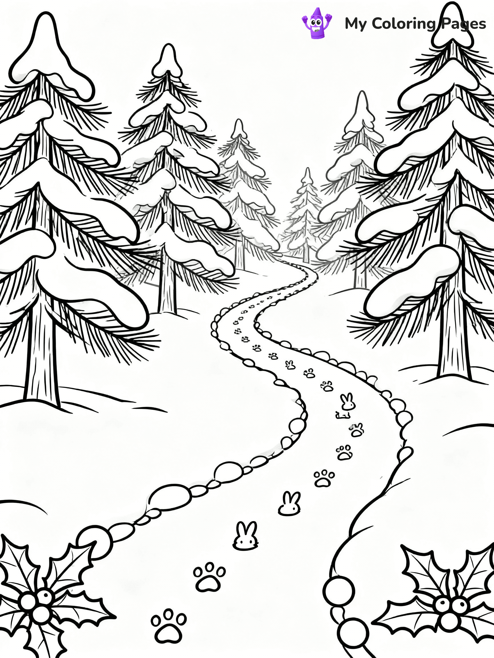 ⚠️ CRITICAL REQUIREMENT - ABSOLUTE BLACK AND WHITE ONLY ⚠️
This MUST be a BLACK AND WHITE line drawing ONLY. NO COLORS whatsoever.
- ONLY pure black lines (#000000) on pure white background (#FFFFFF)
- ABSOLUTELY NO colors, NO shading, NO gradients, NO grayscale
- If there are ANY colors in the output, the image is REJECTED
- This is a COLORING PAGE - meant to be COLORED IN by children
- The output must be UNCOLORED line art ready for coloring
⚠️ SUBJECT TO DRAW: A snow-covered forest path with animal footprints, in Christmas-themed style. PURE OUTLINES. NO FILLS, COLOR, SHADING, OR GREYSCALE. WHITE BACKGROUND.
(REMEMBER: Output must be BLACK AND WHITE line art only, NOT colored!)
# Flat, Friendly Cartoon Line-Art Coloring Page
You are generating a **pure black-and-white binary image** of a child-friendly cartoon scene combining characters and background scenery in one cohesive composition.
## Rendering Rules (Strict)
- Only two colors: pure black (#000000) outlines and pure white (#FFFFFF) background.
- No grayscale, shading, gradients, tints, fills, transparency, or partial pixels.
- No antialiasing or blended edges; every pixel is 100% black or white.
- No solid black fills inside shapes — all areas inside outlines must remain white.
- No dark clothing areas or filled tone blocks; all garments outlined only.
- No shadows, textures, lighting, or tonal variations.
- Must look like flat binary vector line-art for coloring pages.
## Drawing & Composition
- **Medium, consistent line weight**; clean closed outlines easy to color inside.
- **Flat, simple, child-friendly design** — no realism or 3D depth.
- Characters are **grounded on a surface**, centered and large.
- **Balanced composition** with clear silhouettes and minimal props.
## Scenery & Style
- Landmarks (e.g., mosque, CN Tower) and scenery (trees, benches, waves) drawn with **black outlines only.**
- For real-world figures, teams, or places, show accurate details using only black outlines—no text or logos. Use distinctive uniform patterns, abstract symbols, and landmark silhouettes to convey identity.
- Keep **consistent perspective**; no floating elements.
- **Style:** whimsical **Doodle Art Alley** — rounded, friendly outlines.
- May adapt shapes from **Crayola, Disney, Peppa Pig, Cocomelon** — *by shape only, never color.*
- Final output: **flat, crisp, binary (#000000/#FFFFFF)**, **no filled color or background text.**
EXTREMELYE IMPORTANT:
- PURE BINARY LINE-ART; NO FILLS (HAIR/CLOTHES/SKIN), SHADING, OR GREY.
- NO SHADING, COLOR. MUST BE WHITE BACKGROUND.
⚠️ FINAL REMINDER: Draw the subject "A snow-covered forest path with animal footprints, in Christmas-themed style. PURE OUTLINES. NO FILLS, COLOR, SHADING, OR GREYSCALE. WHITE BACKGROUND." as BLACK AND WHITE line art. Zero colors in output.