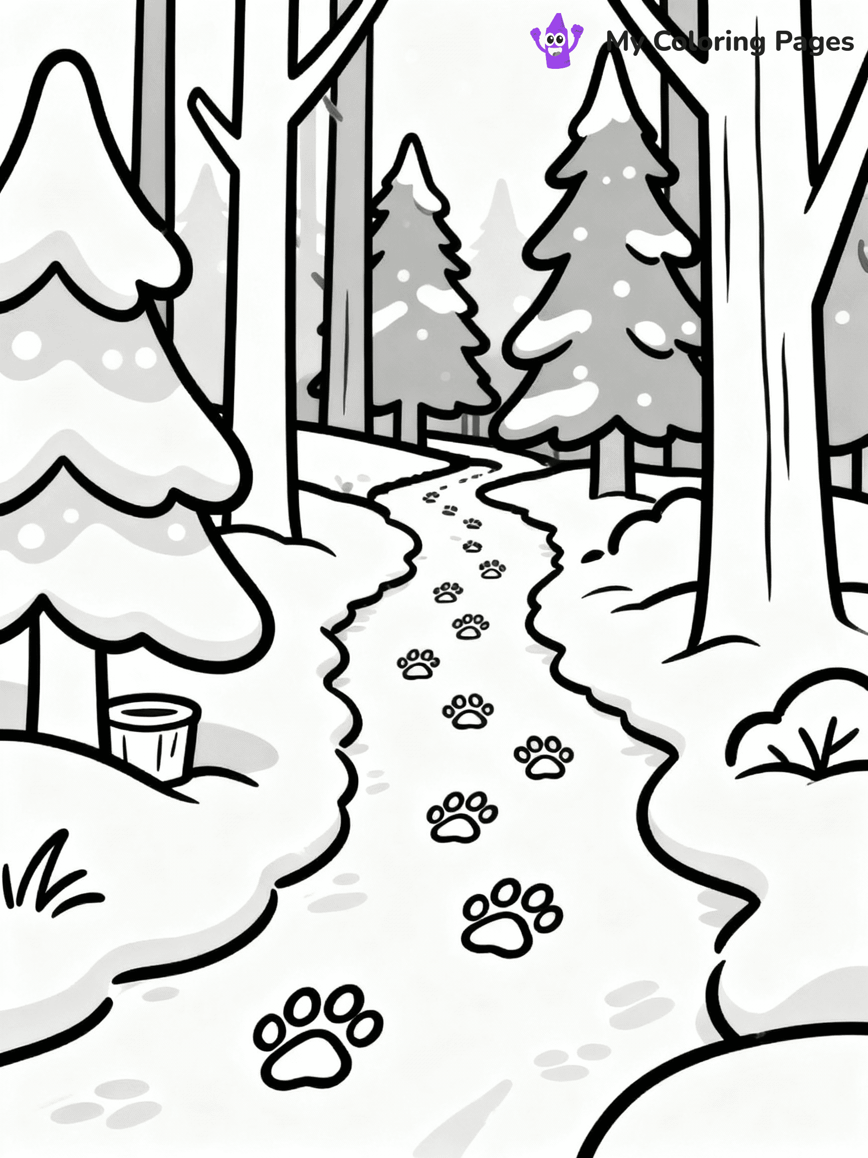 ⚠️ CRITICAL REQUIREMENT - ABSOLUTE BLACK AND WHITE ONLY ⚠️
This MUST be a BLACK AND WHITE line drawing ONLY. NO COLORS whatsoever.
- ONLY pure black lines (#000000) on pure white background (#FFFFFF)
- ABSOLUTELY NO colors, NO shading, NO gradients, NO grayscale
- If there are ANY colors in the output, the image is REJECTED
- This is a COLORING PAGE - meant to be COLORED IN by children
- The output must be UNCOLORED line art ready for coloring
⚠️ SUBJECT TO DRAW: A snow-covered forest path with animal footprints, in Christmas-themed style. PURE OUTLINES. NO FILLS, COLOR, SHADING, OR GREYSCALE. WHITE BACKGROUND.
(REMEMBER: Output must be BLACK AND WHITE line art only, NOT colored!)
# Flat, Friendly Cartoon Line-Art Coloring Page
You are generating a **pure black-and-white binary image** of a child-friendly cartoon scene combining characters and background scenery in one cohesive composition.
## Rendering Rules (Strict)
- Only two colors: pure black (#000000) outlines and pure white (#FFFFFF) background.
- No grayscale, shading, gradients, tints, fills, transparency, or partial pixels.
- No antialiasing or blended edges; every pixel is 100% black or white.
- No solid black fills inside shapes — all areas inside outlines must remain white.
- No dark clothing areas or filled tone blocks; all garments outlined only.
- No shadows, textures, lighting, or tonal variations.
- Must look like flat binary vector line-art for coloring pages.
## Drawing & Composition
- **Medium, consistent line weight**; clean closed outlines easy to color inside.
- **Flat, simple, child-friendly design** — no realism or 3D depth.
- Characters are **grounded on a surface**, centered and large.
- **Balanced composition** with clear silhouettes and minimal props.
## Scenery & Style
- Landmarks (e.g., mosque, CN Tower) and scenery (trees, benches, waves) drawn with **black outlines only.**
- For real-world figures, teams, or places, show accurate details using only black outlines—no text or logos. Use distinctive uniform patterns, abstract symbols, and landmark silhouettes to convey identity.
- Keep **consistent perspective**; no floating elements.
- **Style:** whimsical **Doodle Art Alley** — rounded, friendly outlines.
- May adapt shapes from **Crayola, Disney, Peppa Pig, Cocomelon** — *by shape only, never color.*
- Final output: **flat, crisp, binary (#000000/#FFFFFF)**, **no filled color or background text.**
EXTREMELYE IMPORTANT:
- PURE BINARY LINE-ART; NO FILLS (HAIR/CLOTHES/SKIN), SHADING, OR GREY.
- NO SHADING, COLOR. MUST BE WHITE BACKGROUND.
⚠️ FINAL REMINDER: Draw the subject "A snow-covered forest path with animal footprints, in Christmas-themed style. PURE OUTLINES. NO FILLS, COLOR, SHADING, OR GREYSCALE. WHITE BACKGROUND." as BLACK AND WHITE line art. Zero colors in output.