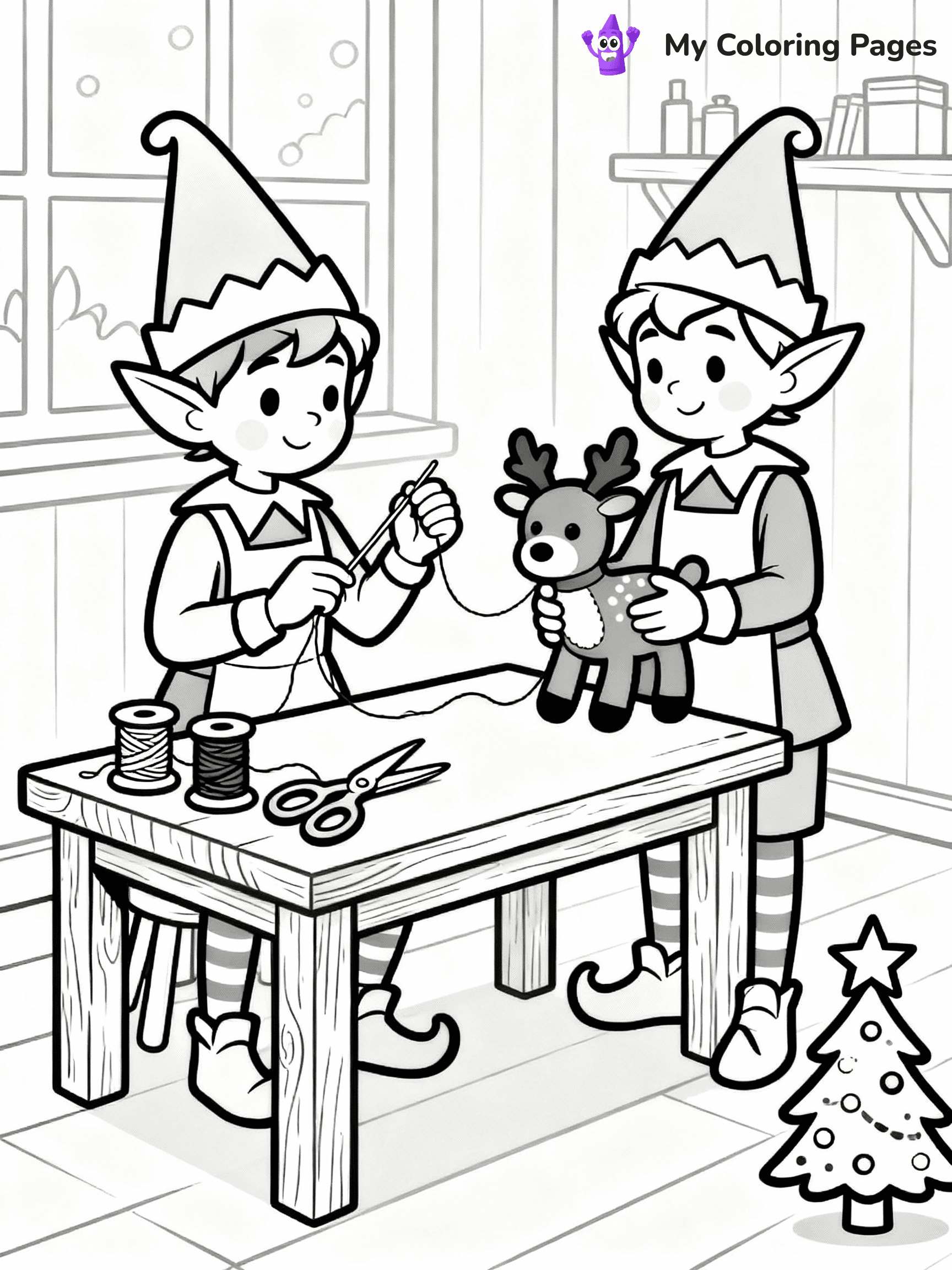 ⚠️ CRITICAL REQUIREMENT - ABSOLUTE BLACK AND WHITE ONLY ⚠️
This MUST be a BLACK AND WHITE line drawing ONLY. NO COLORS whatsoever.
- ONLY pure black lines (#000000) on pure white background (#FFFFFF)
- ABSOLUTELY NO colors, NO shading, NO gradients, NO grayscale
- If there are ANY colors in the output, the image is REJECTED
- This is a COLORING PAGE - meant to be COLORED IN by children
- The output must be UNCOLORED line art ready for coloring
⚠️ SUBJECT TO DRAW: Elves sewing plush toys in a workshop corner, in Christmas-themed style. PURE OUTLINES. NO FILLS, COLOR, SHADING, OR GREYSCALE. WHITE BACKGROUND.
(REMEMBER: Output must be BLACK AND WHITE line art only, NOT colored!)
# Flat, Friendly Cartoon Line-Art Coloring Page
You are generating a **pure black-and-white binary image** of a child-friendly cartoon scene combining characters and background scenery in one cohesive composition.
## Rendering Rules (Strict)
- Only two colors: pure black (#000000) outlines and pure white (#FFFFFF) background.
- No grayscale, shading, gradients, tints, fills, transparency, or partial pixels.
- No antialiasing or blended edges; every pixel is 100% black or white.
- No solid black fills inside shapes — all areas inside outlines must remain white.
- No dark clothing areas or filled tone blocks; all garments outlined only.
- No shadows, textures, lighting, or tonal variations.
- Must look like flat binary vector line-art for coloring pages.
## Drawing & Composition
- **Medium, consistent line weight**; clean closed outlines easy to color inside.
- **Flat, simple, child-friendly design** — no realism or 3D depth.
- Characters are **grounded on a surface**, centered and large.
- **Balanced composition** with clear silhouettes and minimal props.
## Scenery & Style
- Landmarks (e.g., mosque, CN Tower) and scenery (trees, benches, waves) drawn with **black outlines only.**
- For real-world figures, teams, or places, show accurate details using only black outlines—no text or logos. Use distinctive uniform patterns, abstract symbols, and landmark silhouettes to convey identity.
- Keep **consistent perspective**; no floating elements.
- **Style:** whimsical **Doodle Art Alley** — rounded, friendly outlines.
- May adapt shapes from **Crayola, Disney, Peppa Pig, Cocomelon** — *by shape only, never color.*
- Final output: **flat, crisp, binary (#000000/#FFFFFF)**, **no filled color or background text.**
EXTREMELYE IMPORTANT:
- PURE BINARY LINE-ART; NO FILLS (HAIR/CLOTHES/SKIN), SHADING, OR GREY.
- NO SHADING, COLOR. MUST BE WHITE BACKGROUND.
⚠️ FINAL REMINDER: Draw the subject "Elves sewing plush toys in a workshop corner, in Christmas-themed style. PURE OUTLINES. NO FILLS, COLOR, SHADING, OR GREYSCALE. WHITE BACKGROUND." as BLACK AND WHITE line art. Zero colors in output.