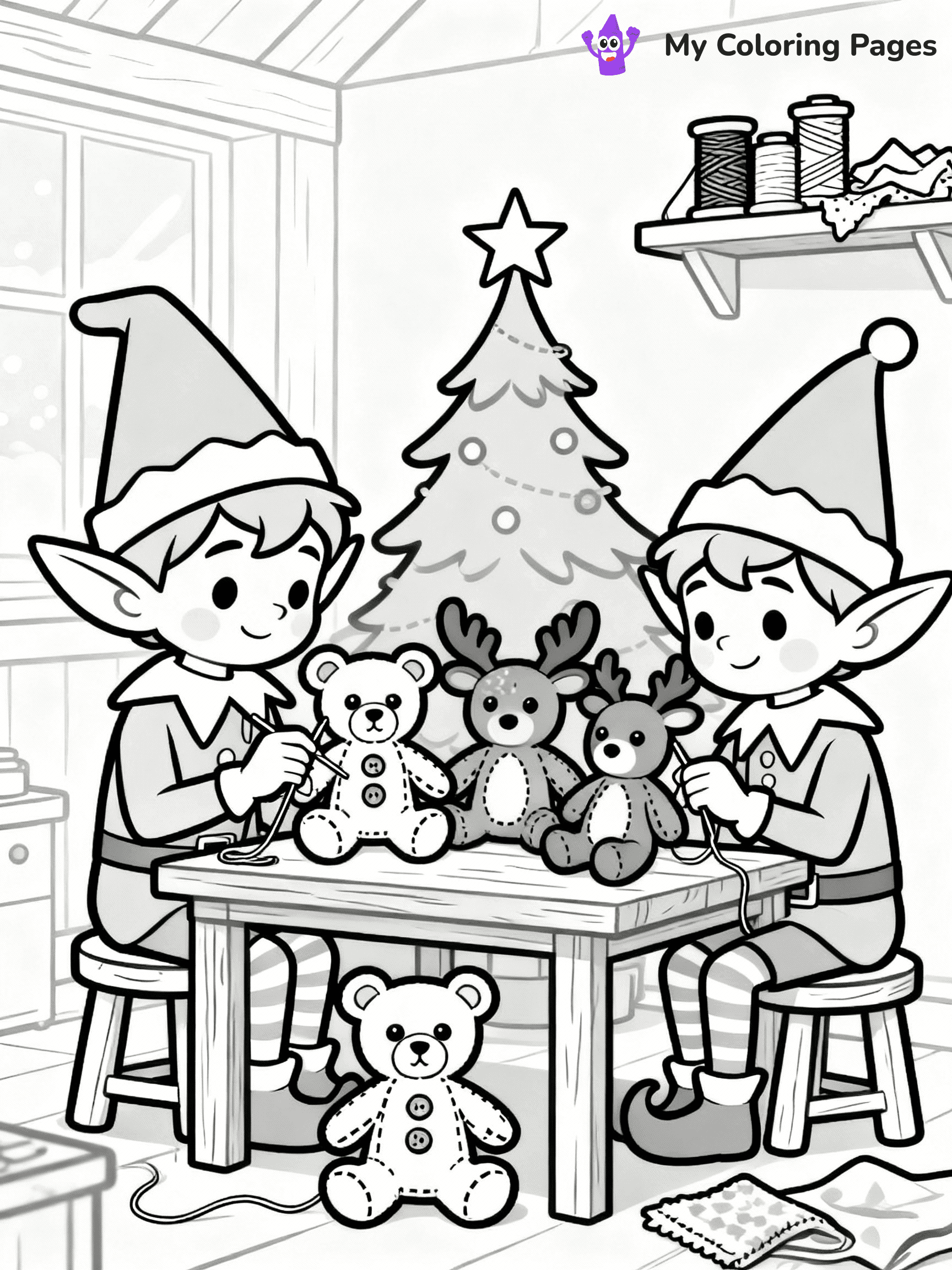 ⚠️ CRITICAL REQUIREMENT - ABSOLUTE BLACK AND WHITE ONLY ⚠️
This MUST be a BLACK AND WHITE line drawing ONLY. NO COLORS whatsoever.
- ONLY pure black lines (#000000) on pure white background (#FFFFFF)
- ABSOLUTELY NO colors, NO shading, NO gradients, NO grayscale
- If there are ANY colors in the output, the image is REJECTED
- This is a COLORING PAGE - meant to be COLORED IN by children
- The output must be UNCOLORED line art ready for coloring
⚠️ SUBJECT TO DRAW: Elves sewing plush toys in a workshop corner, in Christmas-themed style. PURE OUTLINES. NO FILLS, COLOR, SHADING, OR GREYSCALE. WHITE BACKGROUND.
(REMEMBER: Output must be BLACK AND WHITE line art only, NOT colored!)
# Flat, Friendly Cartoon Line-Art Coloring Page
You are generating a **pure black-and-white binary image** of a child-friendly cartoon scene combining characters and background scenery in one cohesive composition.
## Rendering Rules (Strict)
- Only two colors: pure black (#000000) outlines and pure white (#FFFFFF) background.
- No grayscale, shading, gradients, tints, fills, transparency, or partial pixels.
- No antialiasing or blended edges; every pixel is 100% black or white.
- No solid black fills inside shapes — all areas inside outlines must remain white.
- No dark clothing areas or filled tone blocks; all garments outlined only.
- No shadows, textures, lighting, or tonal variations.
- Must look like flat binary vector line-art for coloring pages.
## Drawing & Composition
- **Medium, consistent line weight**; clean closed outlines easy to color inside.
- **Flat, simple, child-friendly design** — no realism or 3D depth.
- Characters are **grounded on a surface**, centered and large.
- **Balanced composition** with clear silhouettes and minimal props.
## Scenery & Style
- Landmarks (e.g., mosque, CN Tower) and scenery (trees, benches, waves) drawn with **black outlines only.**
- For real-world figures, teams, or places, show accurate details using only black outlines—no text or logos. Use distinctive uniform patterns, abstract symbols, and landmark silhouettes to convey identity.
- Keep **consistent perspective**; no floating elements.
- **Style:** whimsical **Doodle Art Alley** — rounded, friendly outlines.
- May adapt shapes from **Crayola, Disney, Peppa Pig, Cocomelon** — *by shape only, never color.*
- Final output: **flat, crisp, binary (#000000/#FFFFFF)**, **no filled color or background text.**
EXTREMELYE IMPORTANT:
- PURE BINARY LINE-ART; NO FILLS (HAIR/CLOTHES/SKIN), SHADING, OR GREY.
- NO SHADING, COLOR. MUST BE WHITE BACKGROUND.
⚠️ FINAL REMINDER: Draw the subject "Elves sewing plush toys in a workshop corner, in Christmas-themed style. PURE OUTLINES. NO FILLS, COLOR, SHADING, OR GREYSCALE. WHITE BACKGROUND." as BLACK AND WHITE line art. Zero colors in output.