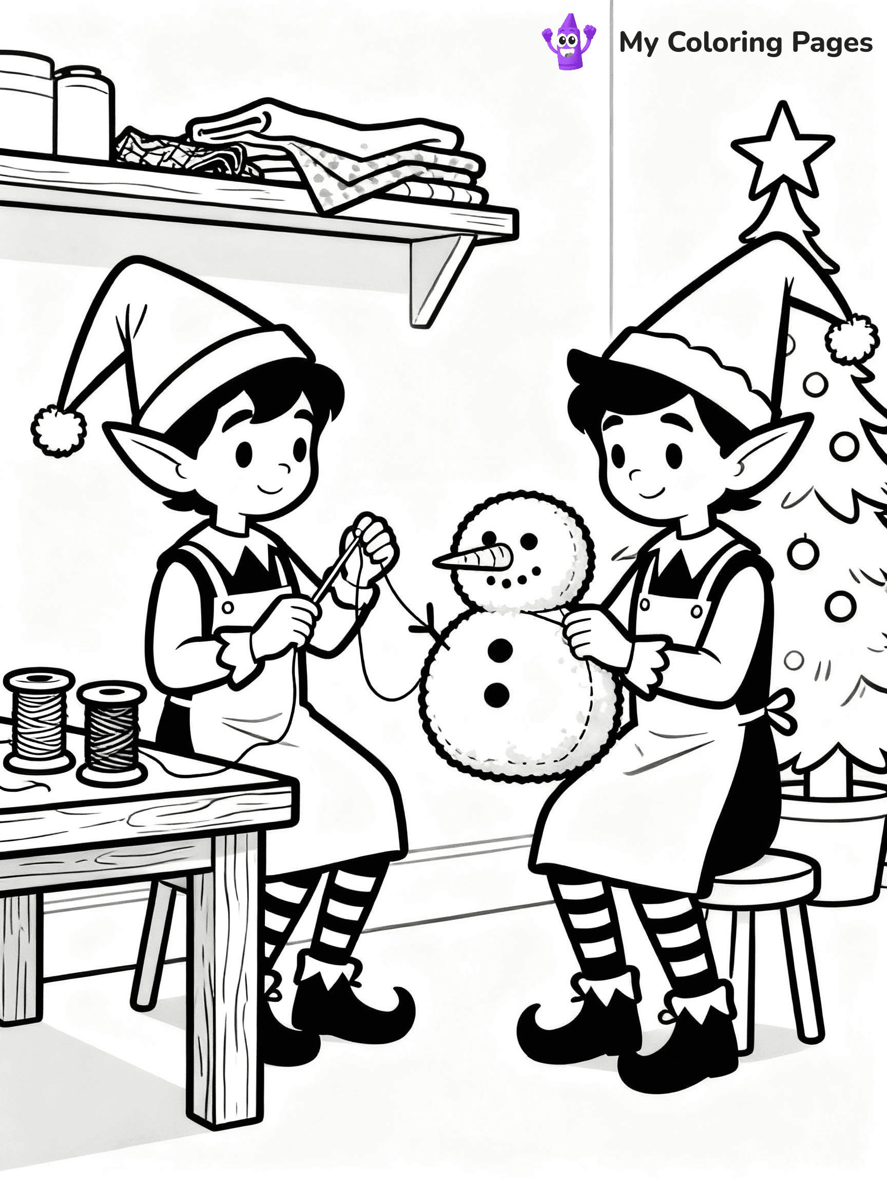 ⚠️ CRITICAL REQUIREMENT - ABSOLUTE BLACK AND WHITE ONLY ⚠️
This MUST be a BLACK AND WHITE line drawing ONLY. NO COLORS whatsoever.
- ONLY pure black lines (#000000) on pure white background (#FFFFFF)
- ABSOLUTELY NO colors, NO shading, NO gradients, NO grayscale
- If there are ANY colors in the output, the image is REJECTED
- This is a COLORING PAGE - meant to be COLORED IN by children
- The output must be UNCOLORED line art ready for coloring
⚠️ SUBJECT TO DRAW: Elves sewing plush toys in a workshop corner, in Christmas-themed style. PURE OUTLINES. NO FILLS, COLOR, SHADING, OR GREYSCALE. WHITE BACKGROUND.
(REMEMBER: Output must be BLACK AND WHITE line art only, NOT colored!)
# Flat, Friendly Cartoon Line-Art Coloring Page
You are generating a **pure black-and-white binary image** of a child-friendly cartoon scene combining characters and background scenery in one cohesive composition.
## Rendering Rules (Strict)
- Only two colors: pure black (#000000) outlines and pure white (#FFFFFF) background.
- No grayscale, shading, gradients, tints, fills, transparency, or partial pixels.
- No antialiasing or blended edges; every pixel is 100% black or white.
- No solid black fills inside shapes — all areas inside outlines must remain white.
- No dark clothing areas or filled tone blocks; all garments outlined only.
- No shadows, textures, lighting, or tonal variations.
- Must look like flat binary vector line-art for coloring pages.
## Drawing & Composition
- **Medium, consistent line weight**; clean closed outlines easy to color inside.
- **Flat, simple, child-friendly design** — no realism or 3D depth.
- Characters are **grounded on a surface**, centered and large.
- **Balanced composition** with clear silhouettes and minimal props.
## Scenery & Style
- Landmarks (e.g., mosque, CN Tower) and scenery (trees, benches, waves) drawn with **black outlines only.**
- For real-world figures, teams, or places, show accurate details using only black outlines—no text or logos. Use distinctive uniform patterns, abstract symbols, and landmark silhouettes to convey identity.
- Keep **consistent perspective**; no floating elements.
- **Style:** whimsical **Doodle Art Alley** — rounded, friendly outlines.
- May adapt shapes from **Crayola, Disney, Peppa Pig, Cocomelon** — *by shape only, never color.*
- Final output: **flat, crisp, binary (#000000/#FFFFFF)**, **no filled color or background text.**
EXTREMELYE IMPORTANT:
- PURE BINARY LINE-ART; NO FILLS (HAIR/CLOTHES/SKIN), SHADING, OR GREY.
- NO SHADING, COLOR. MUST BE WHITE BACKGROUND.
⚠️ FINAL REMINDER: Draw the subject "Elves sewing plush toys in a workshop corner, in Christmas-themed style. PURE OUTLINES. NO FILLS, COLOR, SHADING, OR GREYSCALE. WHITE BACKGROUND." as BLACK AND WHITE line art. Zero colors in output.