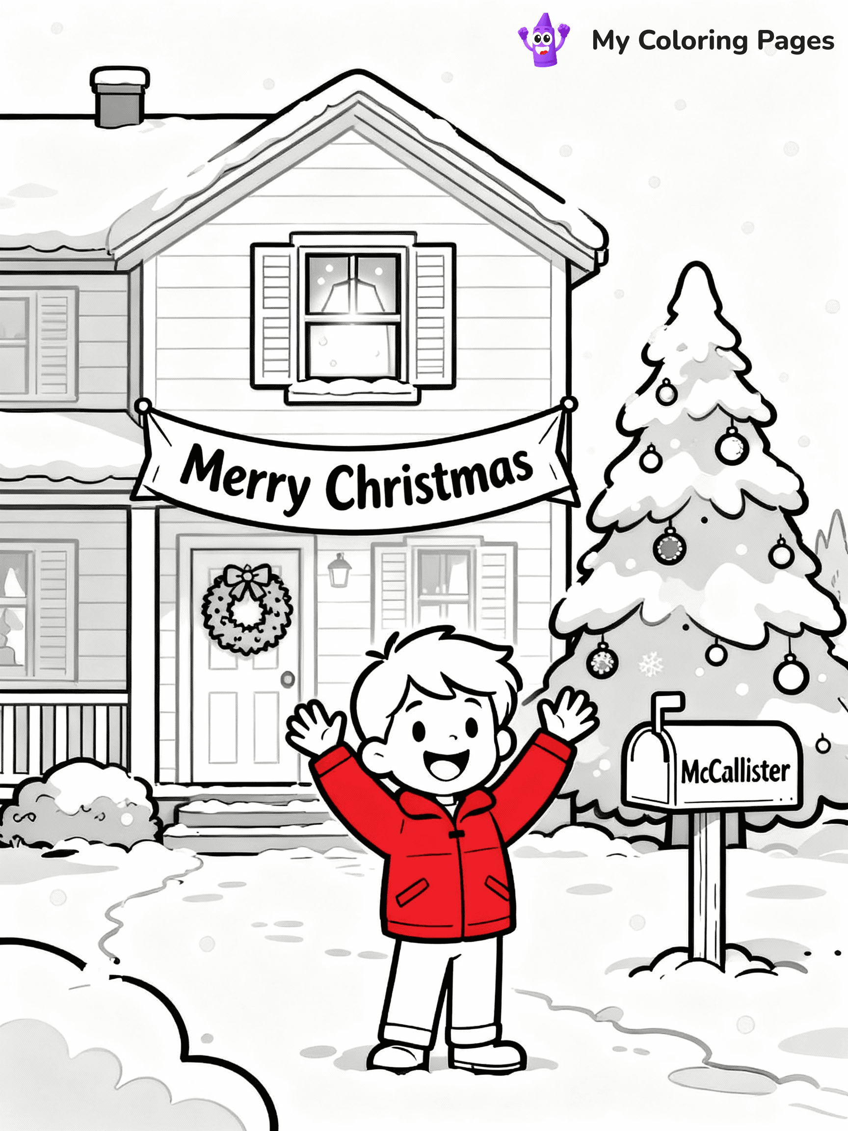 ⚠️ CRITICAL REQUIREMENT - ABSOLUTE BLACK AND WHITE ONLY ⚠️
This MUST be a BLACK AND WHITE line drawing ONLY. NO COLORS whatsoever.
- ONLY pure black lines (#000000) on pure white background (#FFFFFF)
- ABSOLUTELY NO colors, NO shading, NO gradients, NO grayscale
- If there are ANY colors in the output, the image is REJECTED
- This is a COLORING PAGE - meant to be COLORED IN by children
- The output must be UNCOLORED line art ready for coloring
⚠️ SUBJECT TO DRAW: A magical Home Alone movie scene (1990), in Christmas-themed style. PURE OUTLINES. NO FILLS, COLOR, SHADING, OR GREYSCALE. WHITE BACKGROUND.
(REMEMBER: Output must be BLACK AND WHITE line art only, NOT colored!)
# Flat, Friendly Cartoon Line-Art Coloring Page
You are generating a **pure black-and-white binary image** of a child-friendly cartoon scene combining characters and background scenery in one cohesive composition.
## Rendering Rules (Strict)
- Only two colors: pure black (#000000) outlines and pure white (#FFFFFF) background.
- No grayscale, shading, gradients, tints, fills, transparency, or partial pixels.
- No antialiasing or blended edges; every pixel is 100% black or white.
- No solid black fills inside shapes — all areas inside outlines must remain white.
- No dark clothing areas or filled tone blocks; all garments outlined only.
- No shadows, textures, lighting, or tonal variations.
- Must look like flat binary vector line-art for coloring pages.
## Drawing & Composition
- **Medium, consistent line weight**; clean closed outlines easy to color inside.
- **Flat, simple, child-friendly design** — no realism or 3D depth.
- Characters are **grounded on a surface**, centered and large.
- **Balanced composition** with clear silhouettes and minimal props.
## Scenery & Style
- Landmarks (e.g., mosque, CN Tower) and scenery (trees, benches, waves) drawn with **black outlines only.**
- For real-world figures, teams, or places, show accurate details using only black outlines—no text or logos. Use distinctive uniform patterns, abstract symbols, and landmark silhouettes to convey identity.
- Keep **consistent perspective**; no floating elements.
- **Style:** whimsical **Doodle Art Alley** — rounded, friendly outlines.
- May adapt shapes from **Crayola, Disney, Peppa Pig, Cocomelon** — *by shape only, never color.*
- Final output: **flat, crisp, binary (#000000/#FFFFFF)**, **no filled color or background text.**
EXTREMELYE IMPORTANT:
- PURE BINARY LINE-ART; NO FILLS (HAIR/CLOTHES/SKIN), SHADING, OR GREY.
- NO SHADING, COLOR. MUST BE WHITE BACKGROUND.
⚠️ FINAL REMINDER: Draw the subject "A magical Home Alone movie scene (1990), in Christmas-themed style. PURE OUTLINES. NO FILLS, COLOR, SHADING, OR GREYSCALE. WHITE BACKGROUND." as BLACK AND WHITE line art. Zero colors in output.