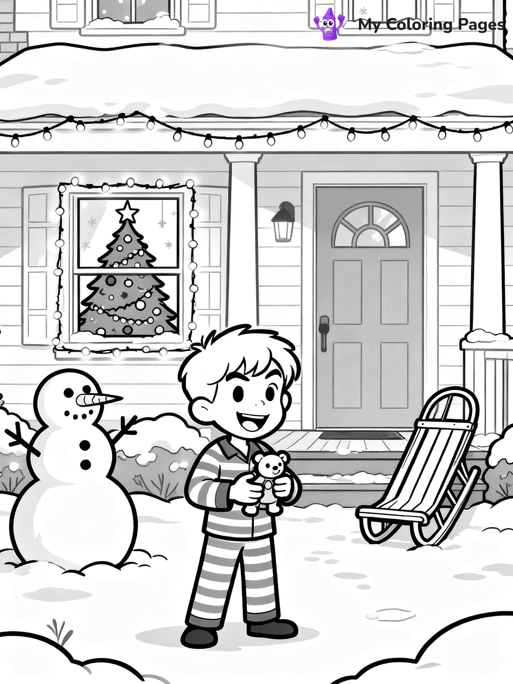 ⚠️ CRITICAL REQUIREMENT - ABSOLUTE BLACK AND WHITE ONLY ⚠️
This MUST be a BLACK AND WHITE line drawing ONLY. NO COLORS whatsoever.
- ONLY pure black lines (#000000) on pure white background (#FFFFFF)
- ABSOLUTELY NO colors, NO shading, NO gradients, NO grayscale
- If there are ANY colors in the output, the image is REJECTED
- This is a COLORING PAGE - meant to be COLORED IN by children
- The output must be UNCOLORED line art ready for coloring
⚠️ SUBJECT TO DRAW: A magical Home Alone movie scene (1990), in Christmas-themed style. PURE OUTLINES. NO FILLS, COLOR, SHADING, OR GREYSCALE. WHITE BACKGROUND.
(REMEMBER: Output must be BLACK AND WHITE line art only, NOT colored!)
# Flat, Friendly Cartoon Line-Art Coloring Page
You are generating a **pure black-and-white binary image** of a child-friendly cartoon scene combining characters and background scenery in one cohesive composition.
## Rendering Rules (Strict)
- Only two colors: pure black (#000000) outlines and pure white (#FFFFFF) background.
- No grayscale, shading, gradients, tints, fills, transparency, or partial pixels.
- No antialiasing or blended edges; every pixel is 100% black or white.
- No solid black fills inside shapes — all areas inside outlines must remain white.
- No dark clothing areas or filled tone blocks; all garments outlined only.
- No shadows, textures, lighting, or tonal variations.
- Must look like flat binary vector line-art for coloring pages.
## Drawing & Composition
- **Medium, consistent line weight**; clean closed outlines easy to color inside.
- **Flat, simple, child-friendly design** — no realism or 3D depth.
- Characters are **grounded on a surface**, centered and large.
- **Balanced composition** with clear silhouettes and minimal props.
## Scenery & Style
- Landmarks (e.g., mosque, CN Tower) and scenery (trees, benches, waves) drawn with **black outlines only.**
- For real-world figures, teams, or places, show accurate details using only black outlines—no text or logos. Use distinctive uniform patterns, abstract symbols, and landmark silhouettes to convey identity.
- Keep **consistent perspective**; no floating elements.
- **Style:** whimsical **Doodle Art Alley** — rounded, friendly outlines.
- May adapt shapes from **Crayola, Disney, Peppa Pig, Cocomelon** — *by shape only, never color.*
- Final output: **flat, crisp, binary (#000000/#FFFFFF)**, **no filled color or background text.**
EXTREMELYE IMPORTANT:
- PURE BINARY LINE-ART; NO FILLS (HAIR/CLOTHES/SKIN), SHADING, OR GREY.
- NO SHADING, COLOR. MUST BE WHITE BACKGROUND.
⚠️ FINAL REMINDER: Draw the subject "A magical Home Alone movie scene (1990), in Christmas-themed style. PURE OUTLINES. NO FILLS, COLOR, SHADING, OR GREYSCALE. WHITE BACKGROUND." as BLACK AND WHITE line art. Zero colors in output.