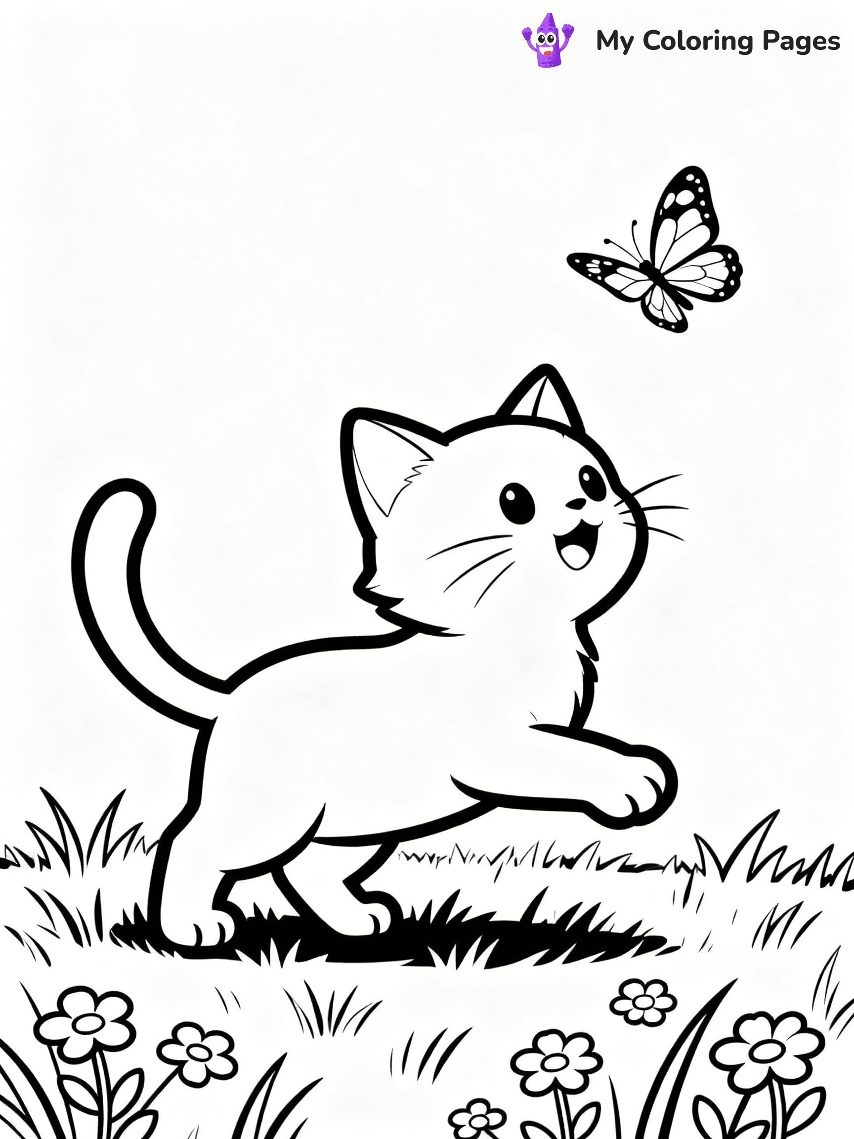 ⚠️ CRITICAL REQUIREMENT - ABSOLUTE BLACK AND WHITE ONLY ⚠️
This MUST be a BLACK AND WHITE line drawing ONLY. NO COLORS whatsoever.
- ONLY pure black lines (#000000) on pure white background (#FFFFFF)
- ABSOLUTELY NO colors, NO shading, NO gradients, NO grayscale
- If there are ANY colors in the output, the image is REJECTED
- This is a COLORING PAGE - meant to be COLORED IN by children
- The output must be UNCOLORED line art ready for coloring
⚠️ SUBJECT TO DRAW: Playful kitten from cat-themed illustrations chasing a butterfly. Important: PURE OUTLINES. NO FILLS, COLOR, SHADING, OR GREYSCALE. WHITE BACKGROUND.
(REMEMBER: Output must be BLACK AND WHITE line art only, NOT colored!)
# Flat, Friendly Cartoon Line-Art Coloring Page
You are generating a **pure black-and-white binary image** of a child-friendly cartoon scene combining characters and background scenery in one cohesive composition.
## Rendering Rules (Strict)
- Only two colors: pure black (#000000) outlines and pure white (#FFFFFF) background.
- No grayscale, shading, gradients, tints, fills, transparency, or partial pixels.
- No antialiasing or blended edges; every pixel is 100% black or white.
- No solid black fills inside shapes — all areas inside outlines must remain white.
- No dark clothing areas or filled tone blocks; all garments outlined only.
- No shadows, textures, lighting, or tonal variations.
- Must look like flat binary vector line-art for coloring pages.
## Drawing & Composition
- **Medium, consistent line weight**; clean closed outlines easy to color inside.
- **Flat, simple, child-friendly design** — no realism or 3D depth.
- Characters are **grounded on a surface**, centered and large.
- **Balanced composition** with clear silhouettes and minimal props.
## Scenery & Style
- Landmarks (e.g., mosque, CN Tower) and scenery (trees, benches, waves) drawn with **black outlines only.**
- For real-world figures, teams, or places, show accurate details using only black outlines—no text or logos. Use distinctive uniform patterns, abstract symbols, and landmark silhouettes to convey identity.
- Keep **consistent perspective**; no floating elements.
- **Style:** whimsical **Doodle Art Alley** — rounded, friendly outlines.
- May adapt shapes from **Crayola, Disney, Peppa Pig, Cocomelon** — *by shape only, never color.*
- Final output: **flat, crisp, binary (#000000/#FFFFFF)**, **no filled color or background text.**
EXTREMELYE IMPORTANT:
- PURE BINARY LINE-ART; NO FILLS (HAIR/CLOTHES/SKIN), SHADING, OR GREY.
- NO SHADING, COLOR. MUST BE WHITE BACKGROUND.
⚠️ FINAL REMINDER: Draw the subject "Playful kitten from cat-themed illustrations chasing a butterfly. Important: PURE OUTLINES. NO FILLS, COLOR, SHADING, OR GREYSCALE. WHITE BACKGROUND." as BLACK AND WHITE line art. Zero colors in output.