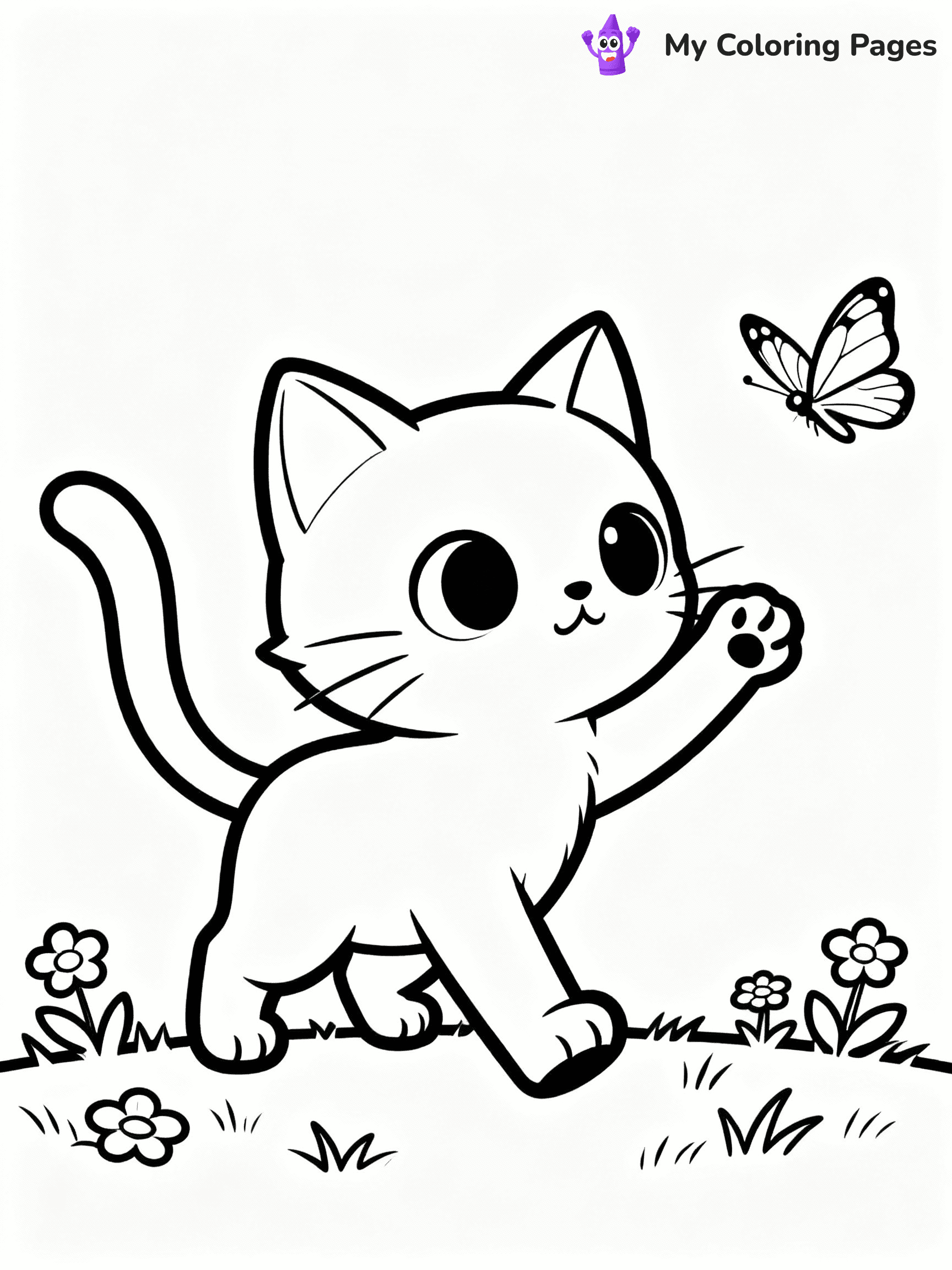 ⚠️ CRITICAL REQUIREMENT - ABSOLUTE BLACK AND WHITE ONLY ⚠️
This MUST be a BLACK AND WHITE line drawing ONLY. NO COLORS whatsoever.
- ONLY pure black lines (#000000) on pure white background (#FFFFFF)
- ABSOLUTELY NO colors, NO shading, NO gradients, NO grayscale
- If there are ANY colors in the output, the image is REJECTED
- This is a COLORING PAGE - meant to be COLORED IN by children
- The output must be UNCOLORED line art ready for coloring
⚠️ SUBJECT TO DRAW: Playful kitten from cat-themed illustrations chasing a butterfly. Important: PURE OUTLINES. NO FILLS, COLOR, SHADING, OR GREYSCALE. WHITE BACKGROUND.
(REMEMBER: Output must be BLACK AND WHITE line art only, NOT colored!)
# Flat, Friendly Cartoon Line-Art Coloring Page
You are generating a **pure black-and-white binary image** of a child-friendly cartoon scene combining characters and background scenery in one cohesive composition.
## Rendering Rules (Strict)
- Only two colors: pure black (#000000) outlines and pure white (#FFFFFF) background.
- No grayscale, shading, gradients, tints, fills, transparency, or partial pixels.
- No antialiasing or blended edges; every pixel is 100% black or white.
- No solid black fills inside shapes — all areas inside outlines must remain white.
- No dark clothing areas or filled tone blocks; all garments outlined only.
- No shadows, textures, lighting, or tonal variations.
- Must look like flat binary vector line-art for coloring pages.
## Drawing & Composition
- **Medium, consistent line weight**; clean closed outlines easy to color inside.
- **Flat, simple, child-friendly design** — no realism or 3D depth.
- Characters are **grounded on a surface**, centered and large.
- **Balanced composition** with clear silhouettes and minimal props.
## Scenery & Style
- Landmarks (e.g., mosque, CN Tower) and scenery (trees, benches, waves) drawn with **black outlines only.**
- For real-world figures, teams, or places, show accurate details using only black outlines—no text or logos. Use distinctive uniform patterns, abstract symbols, and landmark silhouettes to convey identity.
- Keep **consistent perspective**; no floating elements.
- **Style:** whimsical **Doodle Art Alley** — rounded, friendly outlines.
- May adapt shapes from **Crayola, Disney, Peppa Pig, Cocomelon** — *by shape only, never color.*
- Final output: **flat, crisp, binary (#000000/#FFFFFF)**, **no filled color or background text.**
EXTREMELYE IMPORTANT:
- PURE BINARY LINE-ART; NO FILLS (HAIR/CLOTHES/SKIN), SHADING, OR GREY.
- NO SHADING, COLOR. MUST BE WHITE BACKGROUND.
⚠️ FINAL REMINDER: Draw the subject "Playful kitten from cat-themed illustrations chasing a butterfly. Important: PURE OUTLINES. NO FILLS, COLOR, SHADING, OR GREYSCALE. WHITE BACKGROUND." as BLACK AND WHITE line art. Zero colors in output.