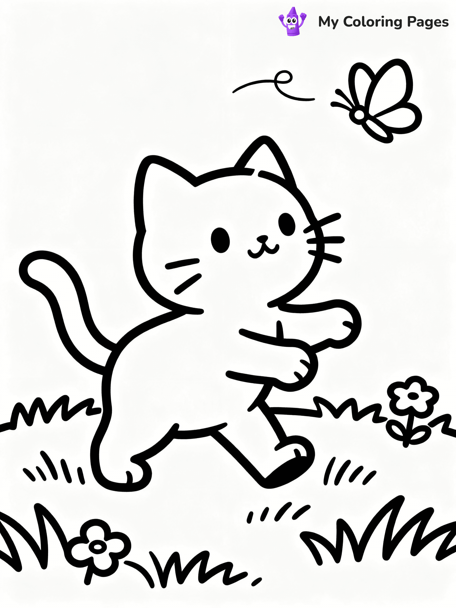 ⚠️ CRITICAL REQUIREMENT - ABSOLUTE BLACK AND WHITE ONLY ⚠️
This MUST be a BLACK AND WHITE line drawing ONLY. NO COLORS whatsoever.
- ONLY pure black lines (#000000) on pure white background (#FFFFFF)
- ABSOLUTELY NO colors, NO shading, NO gradients, NO grayscale
- If there are ANY colors in the output, the image is REJECTED
- This is a COLORING PAGE - meant to be COLORED IN by children
- The output must be UNCOLORED line art ready for coloring
⚠️ SUBJECT TO DRAW: Playful kitten from cat-themed illustrations chasing a butterfly. Important: PURE OUTLINES. NO FILLS, COLOR, SHADING, OR GREYSCALE. WHITE BACKGROUND.
(REMEMBER: Output must be BLACK AND WHITE line art only, NOT colored!)
# Flat, Friendly Cartoon Line-Art Coloring Page
You are generating a **pure black-and-white binary image** of a child-friendly cartoon scene combining characters and background scenery in one cohesive composition.
## Rendering Rules (Strict)
- Only two colors: pure black (#000000) outlines and pure white (#FFFFFF) background.
- No grayscale, shading, gradients, tints, fills, transparency, or partial pixels.
- No antialiasing or blended edges; every pixel is 100% black or white.
- No solid black fills inside shapes — all areas inside outlines must remain white.
- No dark clothing areas or filled tone blocks; all garments outlined only.
- No shadows, textures, lighting, or tonal variations.
- Must look like flat binary vector line-art for coloring pages.
## Drawing & Composition
- **Medium, consistent line weight**; clean closed outlines easy to color inside.
- **Flat, simple, child-friendly design** — no realism or 3D depth.
- Characters are **grounded on a surface**, centered and large.
- **Balanced composition** with clear silhouettes and minimal props.
## Scenery & Style
- Landmarks (e.g., mosque, CN Tower) and scenery (trees, benches, waves) drawn with **black outlines only.**
- For real-world figures, teams, or places, show accurate details using only black outlines—no text or logos. Use distinctive uniform patterns, abstract symbols, and landmark silhouettes to convey identity.
- Keep **consistent perspective**; no floating elements.
- **Style:** whimsical **Doodle Art Alley** — rounded, friendly outlines.
- May adapt shapes from **Crayola, Disney, Peppa Pig, Cocomelon** — *by shape only, never color.*
- Final output: **flat, crisp, binary (#000000/#FFFFFF)**, **no filled color or background text.**
EXTREMELYE IMPORTANT:
- PURE BINARY LINE-ART; NO FILLS (HAIR/CLOTHES/SKIN), SHADING, OR GREY.
- NO SHADING, COLOR. MUST BE WHITE BACKGROUND.
⚠️ FINAL REMINDER: Draw the subject "Playful kitten from cat-themed illustrations chasing a butterfly. Important: PURE OUTLINES. NO FILLS, COLOR, SHADING, OR GREYSCALE. WHITE BACKGROUND." as BLACK AND WHITE line art. Zero colors in output.