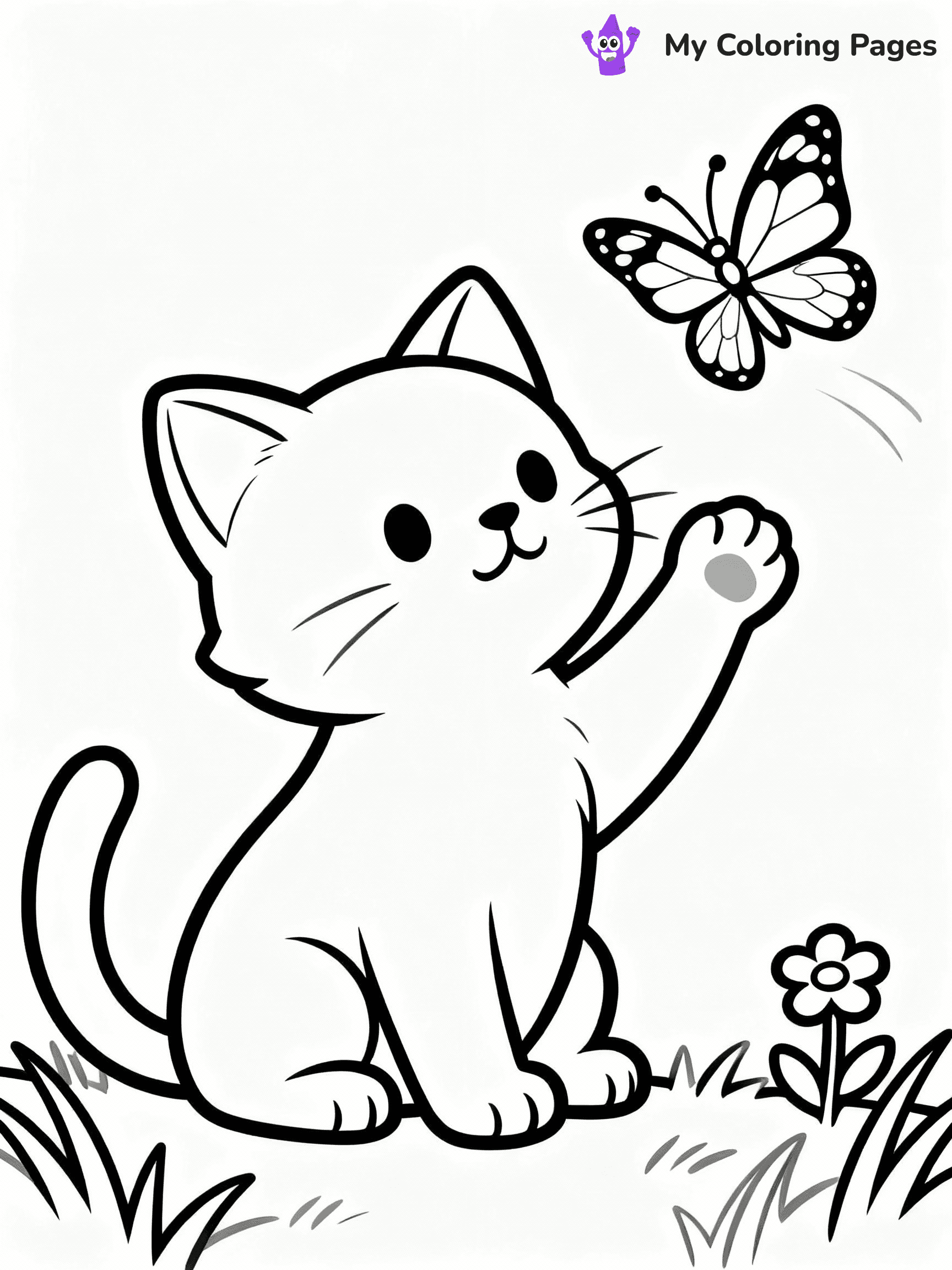 ⚠️ CRITICAL REQUIREMENT - ABSOLUTE BLACK AND WHITE ONLY ⚠️
This MUST be a BLACK AND WHITE line drawing ONLY. NO COLORS whatsoever.
- ONLY pure black lines (#000000) on pure white background (#FFFFFF)
- ABSOLUTELY NO colors, NO shading, NO gradients, NO grayscale
- If there are ANY colors in the output, the image is REJECTED
- This is a COLORING PAGE - meant to be COLORED IN by children
- The output must be UNCOLORED line art ready for coloring
⚠️ SUBJECT TO DRAW: Playful kitten from cat-themed illustrations chasing a butterfly. Important: PURE OUTLINES. NO FILLS, COLOR, SHADING, OR GREYSCALE. WHITE BACKGROUND.
(REMEMBER: Output must be BLACK AND WHITE line art only, NOT colored!)
# Flat, Friendly Cartoon Line-Art Coloring Page
You are generating a **pure black-and-white binary image** of a child-friendly cartoon scene combining characters and background scenery in one cohesive composition.
## Rendering Rules (Strict)
- Only two colors: pure black (#000000) outlines and pure white (#FFFFFF) background.
- No grayscale, shading, gradients, tints, fills, transparency, or partial pixels.
- No antialiasing or blended edges; every pixel is 100% black or white.
- No solid black fills inside shapes — all areas inside outlines must remain white.
- No dark clothing areas or filled tone blocks; all garments outlined only.
- No shadows, textures, lighting, or tonal variations.
- Must look like flat binary vector line-art for coloring pages.
## Drawing & Composition
- **Medium, consistent line weight**; clean closed outlines easy to color inside.
- **Flat, simple, child-friendly design** — no realism or 3D depth.
- Characters are **grounded on a surface**, centered and large.
- **Balanced composition** with clear silhouettes and minimal props.
## Scenery & Style
- Landmarks (e.g., mosque, CN Tower) and scenery (trees, benches, waves) drawn with **black outlines only.**
- For real-world figures, teams, or places, show accurate details using only black outlines—no text or logos. Use distinctive uniform patterns, abstract symbols, and landmark silhouettes to convey identity.
- Keep **consistent perspective**; no floating elements.
- **Style:** whimsical **Doodle Art Alley** — rounded, friendly outlines.
- May adapt shapes from **Crayola, Disney, Peppa Pig, Cocomelon** — *by shape only, never color.*
- Final output: **flat, crisp, binary (#000000/#FFFFFF)**, **no filled color or background text.**
EXTREMELYE IMPORTANT:
- PURE BINARY LINE-ART; NO FILLS (HAIR/CLOTHES/SKIN), SHADING, OR GREY.
- NO SHADING, COLOR. MUST BE WHITE BACKGROUND.
⚠️ FINAL REMINDER: Draw the subject "Playful kitten from cat-themed illustrations chasing a butterfly. Important: PURE OUTLINES. NO FILLS, COLOR, SHADING, OR GREYSCALE. WHITE BACKGROUND." as BLACK AND WHITE line art. Zero colors in output.