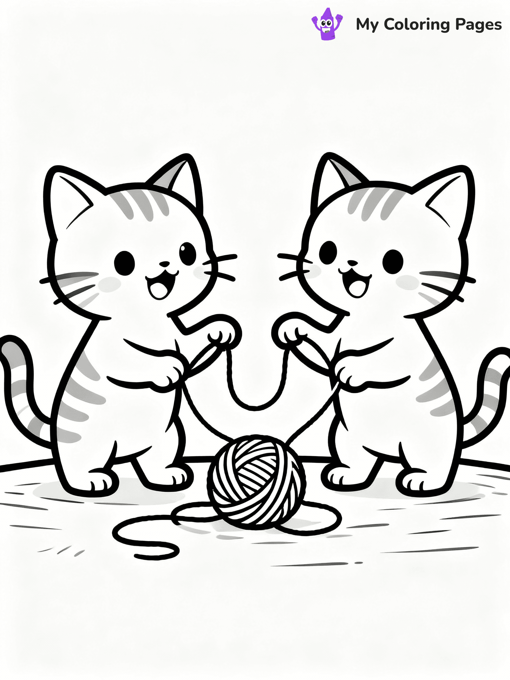 ⚠️ CRITICAL REQUIREMENT - ABSOLUTE BLACK AND WHITE ONLY ⚠️
This MUST be a BLACK AND WHITE line drawing ONLY. NO COLORS whatsoever.
- ONLY pure black lines (#000000) on pure white background (#FFFFFF)
- ABSOLUTELY NO colors, NO shading, NO gradients, NO grayscale
- If there are ANY colors in the output, the image is REJECTED
- This is a COLORING PAGE - meant to be COLORED IN by children
- The output must be UNCOLORED line art ready for coloring
⚠️ SUBJECT TO DRAW: Realistic Pair of kittens playing with yarn. Important: PURE OUTLINES. NO FILLS, COLOR, SHADING, OR GREYSCALE. WHITE BACKGROUND.
(REMEMBER: Output must be BLACK AND WHITE line art only, NOT colored!)
# Flat, Friendly Cartoon Line-Art Coloring Page
You are generating a **pure black-and-white binary image** of a child-friendly cartoon scene combining characters and background scenery in one cohesive composition.
## Rendering Rules (Strict)
- Only two colors: pure black (#000000) outlines and pure white (#FFFFFF) background.
- No grayscale, shading, gradients, tints, fills, transparency, or partial pixels.
- No antialiasing or blended edges; every pixel is 100% black or white.
- No solid black fills inside shapes — all areas inside outlines must remain white.
- No dark clothing areas or filled tone blocks; all garments outlined only.
- No shadows, textures, lighting, or tonal variations.
- Must look like flat binary vector line-art for coloring pages.
## Drawing & Composition
- **Medium, consistent line weight**; clean closed outlines easy to color inside.
- **Flat, simple, child-friendly design** — no realism or 3D depth.
- Characters are **grounded on a surface**, centered and large.
- **Balanced composition** with clear silhouettes and minimal props.
## Scenery & Style
- Landmarks (e.g., mosque, CN Tower) and scenery (trees, benches, waves) drawn with **black outlines only.**
- For real-world figures, teams, or places, show accurate details using only black outlines—no text or logos. Use distinctive uniform patterns, abstract symbols, and landmark silhouettes to convey identity.
- Keep **consistent perspective**; no floating elements.
- **Style:** whimsical **Doodle Art Alley** — rounded, friendly outlines.
- May adapt shapes from **Crayola, Disney, Peppa Pig, Cocomelon** — *by shape only, never color.*
- Final output: **flat, crisp, binary (#000000/#FFFFFF)**, **no filled color or background text.**
EXTREMELYE IMPORTANT:
- PURE BINARY LINE-ART; NO FILLS (HAIR/CLOTHES/SKIN), SHADING, OR GREY.
- NO SHADING, COLOR. MUST BE WHITE BACKGROUND.
⚠️ FINAL REMINDER: Draw the subject "Realistic Pair of kittens playing with yarn. Important: PURE OUTLINES. NO FILLS, COLOR, SHADING, OR GREYSCALE. WHITE BACKGROUND." as BLACK AND WHITE line art. Zero colors in output.