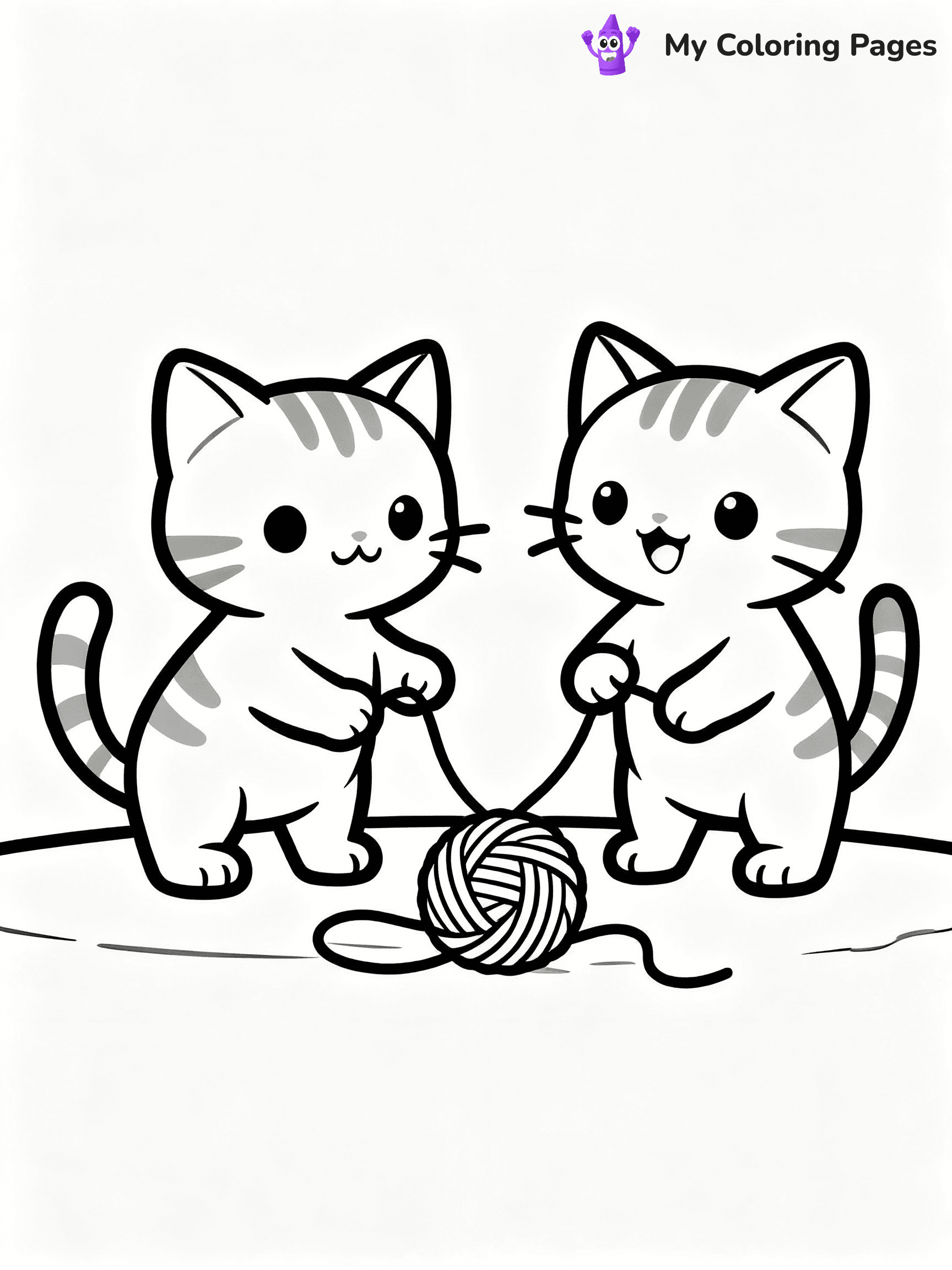 ⚠️ CRITICAL REQUIREMENT - ABSOLUTE BLACK AND WHITE ONLY ⚠️
This MUST be a BLACK AND WHITE line drawing ONLY. NO COLORS whatsoever.
- ONLY pure black lines (#000000) on pure white background (#FFFFFF)
- ABSOLUTELY NO colors, NO shading, NO gradients, NO grayscale
- If there are ANY colors in the output, the image is REJECTED
- This is a COLORING PAGE - meant to be COLORED IN by children
- The output must be UNCOLORED line art ready for coloring
⚠️ SUBJECT TO DRAW: Realistic Pair of kittens playing with yarn. Important: PURE OUTLINES. NO FILLS, COLOR, SHADING, OR GREYSCALE. WHITE BACKGROUND.
(REMEMBER: Output must be BLACK AND WHITE line art only, NOT colored!)
# Flat, Friendly Cartoon Line-Art Coloring Page
You are generating a **pure black-and-white binary image** of a child-friendly cartoon scene combining characters and background scenery in one cohesive composition.
## Rendering Rules (Strict)
- Only two colors: pure black (#000000) outlines and pure white (#FFFFFF) background.
- No grayscale, shading, gradients, tints, fills, transparency, or partial pixels.
- No antialiasing or blended edges; every pixel is 100% black or white.
- No solid black fills inside shapes — all areas inside outlines must remain white.
- No dark clothing areas or filled tone blocks; all garments outlined only.
- No shadows, textures, lighting, or tonal variations.
- Must look like flat binary vector line-art for coloring pages.
## Drawing & Composition
- **Medium, consistent line weight**; clean closed outlines easy to color inside.
- **Flat, simple, child-friendly design** — no realism or 3D depth.
- Characters are **grounded on a surface**, centered and large.
- **Balanced composition** with clear silhouettes and minimal props.
## Scenery & Style
- Landmarks (e.g., mosque, CN Tower) and scenery (trees, benches, waves) drawn with **black outlines only.**
- For real-world figures, teams, or places, show accurate details using only black outlines—no text or logos. Use distinctive uniform patterns, abstract symbols, and landmark silhouettes to convey identity.
- Keep **consistent perspective**; no floating elements.
- **Style:** whimsical **Doodle Art Alley** — rounded, friendly outlines.
- May adapt shapes from **Crayola, Disney, Peppa Pig, Cocomelon** — *by shape only, never color.*
- Final output: **flat, crisp, binary (#000000/#FFFFFF)**, **no filled color or background text.**
EXTREMELYE IMPORTANT:
- PURE BINARY LINE-ART; NO FILLS (HAIR/CLOTHES/SKIN), SHADING, OR GREY.
- NO SHADING, COLOR. MUST BE WHITE BACKGROUND.
⚠️ FINAL REMINDER: Draw the subject "Realistic Pair of kittens playing with yarn. Important: PURE OUTLINES. NO FILLS, COLOR, SHADING, OR GREYSCALE. WHITE BACKGROUND." as BLACK AND WHITE line art. Zero colors in output.