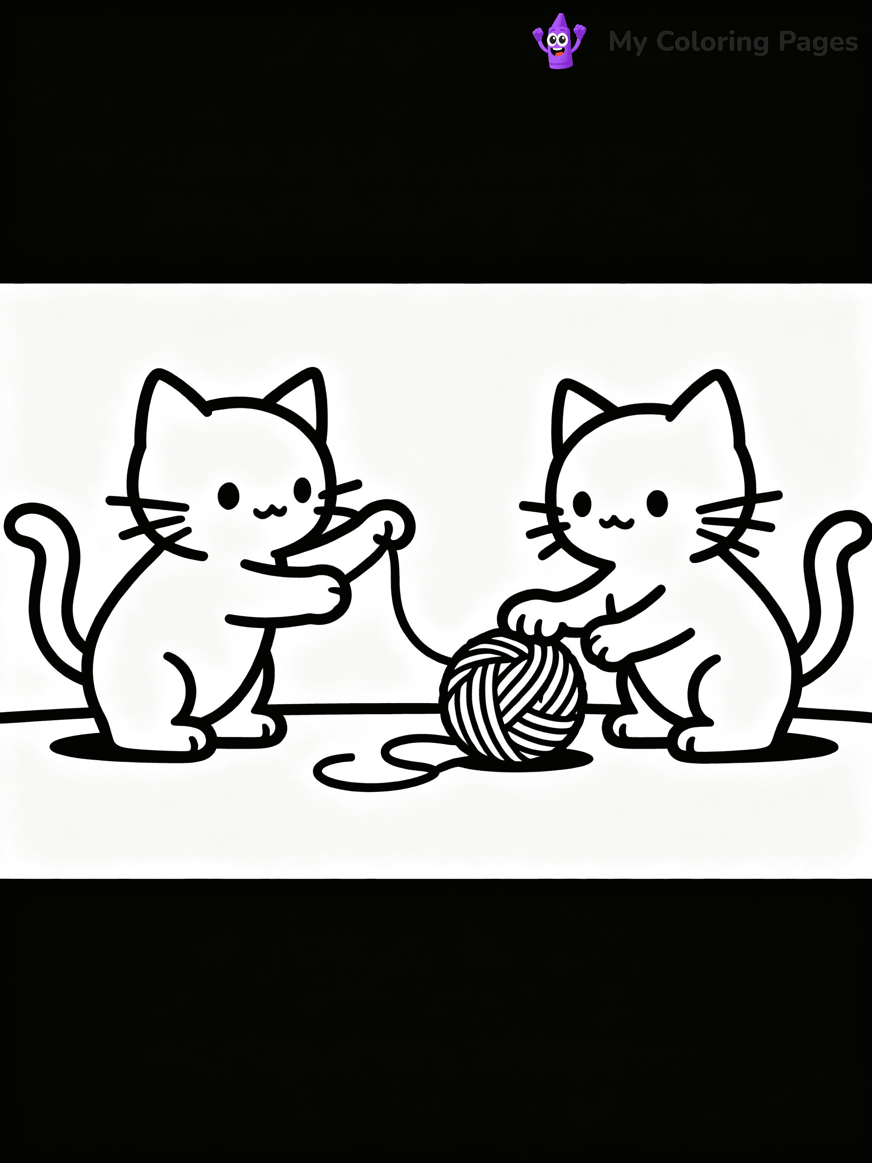 ⚠️ CRITICAL REQUIREMENT - ABSOLUTE BLACK AND WHITE ONLY ⚠️
This MUST be a BLACK AND WHITE line drawing ONLY. NO COLORS whatsoever.
- ONLY pure black lines (#000000) on pure white background (#FFFFFF)
- ABSOLUTELY NO colors, NO shading, NO gradients, NO grayscale
- If there are ANY colors in the output, the image is REJECTED
- This is a COLORING PAGE - meant to be COLORED IN by children
- The output must be UNCOLORED line art ready for coloring
⚠️ SUBJECT TO DRAW: Realistic Pair of kittens playing with yarn. Important: PURE OUTLINES. NO FILLS, COLOR, SHADING, OR GREYSCALE. WHITE BACKGROUND.
(REMEMBER: Output must be BLACK AND WHITE line art only, NOT colored!)
# Flat, Friendly Cartoon Line-Art Coloring Page
You are generating a **pure black-and-white binary image** of a child-friendly cartoon scene combining characters and background scenery in one cohesive composition.
## Rendering Rules (Strict)
- Only two colors: pure black (#000000) outlines and pure white (#FFFFFF) background.
- No grayscale, shading, gradients, tints, fills, transparency, or partial pixels.
- No antialiasing or blended edges; every pixel is 100% black or white.
- No solid black fills inside shapes — all areas inside outlines must remain white.
- No dark clothing areas or filled tone blocks; all garments outlined only.
- No shadows, textures, lighting, or tonal variations.
- Must look like flat binary vector line-art for coloring pages.
## Drawing & Composition
- **Medium, consistent line weight**; clean closed outlines easy to color inside.
- **Flat, simple, child-friendly design** — no realism or 3D depth.
- Characters are **grounded on a surface**, centered and large.
- **Balanced composition** with clear silhouettes and minimal props.
## Scenery & Style
- Landmarks (e.g., mosque, CN Tower) and scenery (trees, benches, waves) drawn with **black outlines only.**
- For real-world figures, teams, or places, show accurate details using only black outlines—no text or logos. Use distinctive uniform patterns, abstract symbols, and landmark silhouettes to convey identity.
- Keep **consistent perspective**; no floating elements.
- **Style:** whimsical **Doodle Art Alley** — rounded, friendly outlines.
- May adapt shapes from **Crayola, Disney, Peppa Pig, Cocomelon** — *by shape only, never color.*
- Final output: **flat, crisp, binary (#000000/#FFFFFF)**, **no filled color or background text.**
EXTREMELYE IMPORTANT:
- PURE BINARY LINE-ART; NO FILLS (HAIR/CLOTHES/SKIN), SHADING, OR GREY.
- NO SHADING, COLOR. MUST BE WHITE BACKGROUND.
⚠️ FINAL REMINDER: Draw the subject "Realistic Pair of kittens playing with yarn. Important: PURE OUTLINES. NO FILLS, COLOR, SHADING, OR GREYSCALE. WHITE BACKGROUND." as BLACK AND WHITE line art. Zero colors in output.