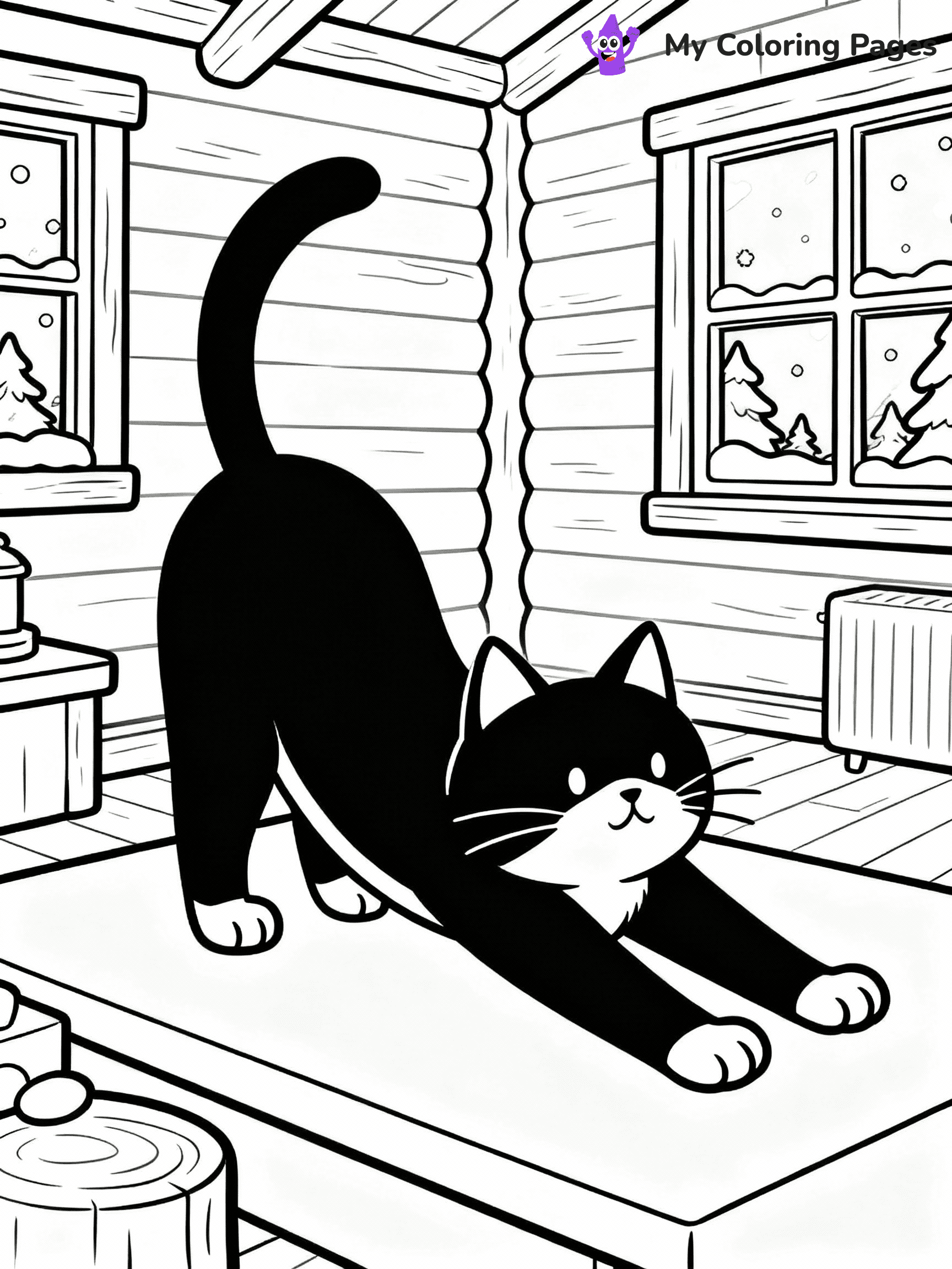 ⚠️ CRITICAL REQUIREMENT - ABSOLUTE BLACK AND WHITE ONLY ⚠️
This MUST be a BLACK AND WHITE line drawing ONLY. NO COLORS whatsoever.
- ONLY pure black lines (#000000) on pure white background (#FFFFFF)
- ABSOLUTELY NO colors, NO shading, NO gradients, NO grayscale
- If there are ANY colors in the output, the image is REJECTED
- This is a COLORING PAGE - meant to be COLORED IN by children
- The output must be UNCOLORED line art ready for coloring
⚠️ SUBJECT TO DRAW: Real cat from stretching in a cozy room within a winter chalet. Important: PURE OUTLINES. NO FILLS, COLOR, SHADING, OR GREYSCALE. WHITE BACKGROUND.
(REMEMBER: Output must be BLACK AND WHITE line art only, NOT colored!)
# Flat, Friendly Cartoon Line-Art Coloring Page
You are generating a **pure black-and-white binary image** of a child-friendly cartoon scene combining characters and background scenery in one cohesive composition.
## Rendering Rules (Strict)
- Only two colors: pure black (#000000) outlines and pure white (#FFFFFF) background.
- No grayscale, shading, gradients, tints, fills, transparency, or partial pixels.
- No antialiasing or blended edges; every pixel is 100% black or white.
- No solid black fills inside shapes — all areas inside outlines must remain white.
- No dark clothing areas or filled tone blocks; all garments outlined only.
- No shadows, textures, lighting, or tonal variations.
- Must look like flat binary vector line-art for coloring pages.
## Drawing & Composition
- **Medium, consistent line weight**; clean closed outlines easy to color inside.
- **Flat, simple, child-friendly design** — no realism or 3D depth.
- Characters are **grounded on a surface**, centered and large.
- **Balanced composition** with clear silhouettes and minimal props.
## Scenery & Style
- Landmarks (e.g., mosque, CN Tower) and scenery (trees, benches, waves) drawn with **black outlines only.**
- For real-world figures, teams, or places, show accurate details using only black outlines—no text or logos. Use distinctive uniform patterns, abstract symbols, and landmark silhouettes to convey identity.
- Keep **consistent perspective**; no floating elements.
- **Style:** whimsical **Doodle Art Alley** — rounded, friendly outlines.
- May adapt shapes from **Crayola, Disney, Peppa Pig, Cocomelon** — *by shape only, never color.*
- Final output: **flat, crisp, binary (#000000/#FFFFFF)**, **no filled color or background text.**
EXTREMELYE IMPORTANT:
- PURE BINARY LINE-ART; NO FILLS (HAIR/CLOTHES/SKIN), SHADING, OR GREY.
- NO SHADING, COLOR. MUST BE WHITE BACKGROUND.
⚠️ FINAL REMINDER: Draw the subject "Real cat from stretching in a cozy room within a winter chalet. Important: PURE OUTLINES. NO FILLS, COLOR, SHADING, OR GREYSCALE. WHITE BACKGROUND." as BLACK AND WHITE line art. Zero colors in output.