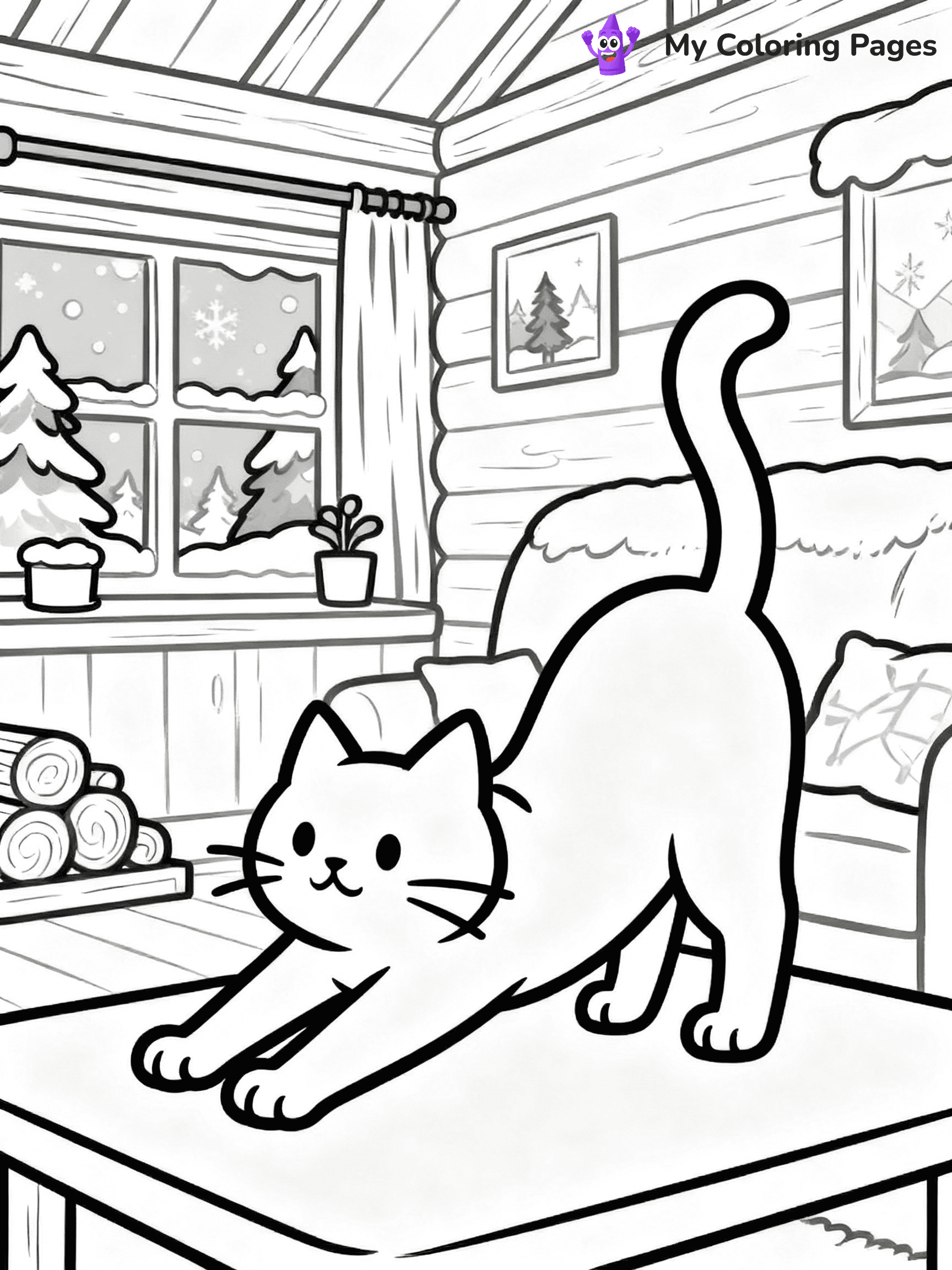 ⚠️ CRITICAL REQUIREMENT - ABSOLUTE BLACK AND WHITE ONLY ⚠️
This MUST be a BLACK AND WHITE line drawing ONLY. NO COLORS whatsoever.
- ONLY pure black lines (#000000) on pure white background (#FFFFFF)
- ABSOLUTELY NO colors, NO shading, NO gradients, NO grayscale
- If there are ANY colors in the output, the image is REJECTED
- This is a COLORING PAGE - meant to be COLORED IN by children
- The output must be UNCOLORED line art ready for coloring
⚠️ SUBJECT TO DRAW: Real cat from stretching in a cozy room within a winter chalet. Important: PURE OUTLINES. NO FILLS, COLOR, SHADING, OR GREYSCALE. WHITE BACKGROUND.
(REMEMBER: Output must be BLACK AND WHITE line art only, NOT colored!)
# Flat, Friendly Cartoon Line-Art Coloring Page
You are generating a **pure black-and-white binary image** of a child-friendly cartoon scene combining characters and background scenery in one cohesive composition.
## Rendering Rules (Strict)
- Only two colors: pure black (#000000) outlines and pure white (#FFFFFF) background.
- No grayscale, shading, gradients, tints, fills, transparency, or partial pixels.
- No antialiasing or blended edges; every pixel is 100% black or white.
- No solid black fills inside shapes — all areas inside outlines must remain white.
- No dark clothing areas or filled tone blocks; all garments outlined only.
- No shadows, textures, lighting, or tonal variations.
- Must look like flat binary vector line-art for coloring pages.
## Drawing & Composition
- **Medium, consistent line weight**; clean closed outlines easy to color inside.
- **Flat, simple, child-friendly design** — no realism or 3D depth.
- Characters are **grounded on a surface**, centered and large.
- **Balanced composition** with clear silhouettes and minimal props.
## Scenery & Style
- Landmarks (e.g., mosque, CN Tower) and scenery (trees, benches, waves) drawn with **black outlines only.**
- For real-world figures, teams, or places, show accurate details using only black outlines—no text or logos. Use distinctive uniform patterns, abstract symbols, and landmark silhouettes to convey identity.
- Keep **consistent perspective**; no floating elements.
- **Style:** whimsical **Doodle Art Alley** — rounded, friendly outlines.
- May adapt shapes from **Crayola, Disney, Peppa Pig, Cocomelon** — *by shape only, never color.*
- Final output: **flat, crisp, binary (#000000/#FFFFFF)**, **no filled color or background text.**
EXTREMELYE IMPORTANT:
- PURE BINARY LINE-ART; NO FILLS (HAIR/CLOTHES/SKIN), SHADING, OR GREY.
- NO SHADING, COLOR. MUST BE WHITE BACKGROUND.
⚠️ FINAL REMINDER: Draw the subject "Real cat from stretching in a cozy room within a winter chalet. Important: PURE OUTLINES. NO FILLS, COLOR, SHADING, OR GREYSCALE. WHITE BACKGROUND." as BLACK AND WHITE line art. Zero colors in output.