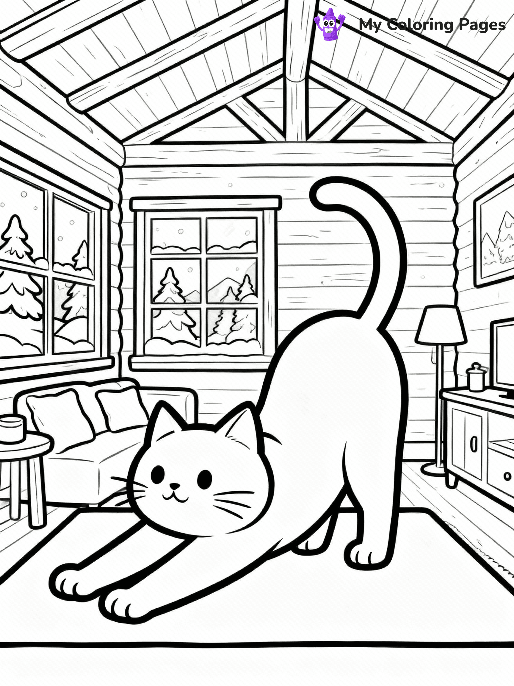 ⚠️ CRITICAL REQUIREMENT - ABSOLUTE BLACK AND WHITE ONLY ⚠️
This MUST be a BLACK AND WHITE line drawing ONLY. NO COLORS whatsoever.
- ONLY pure black lines (#000000) on pure white background (#FFFFFF)
- ABSOLUTELY NO colors, NO shading, NO gradients, NO grayscale
- If there are ANY colors in the output, the image is REJECTED
- This is a COLORING PAGE - meant to be COLORED IN by children
- The output must be UNCOLORED line art ready for coloring
⚠️ SUBJECT TO DRAW: Real cat from stretching in a cozy room within a winter chalet. Important: PURE OUTLINES. NO FILLS, COLOR, SHADING, OR GREYSCALE. WHITE BACKGROUND.
(REMEMBER: Output must be BLACK AND WHITE line art only, NOT colored!)
# Flat, Friendly Cartoon Line-Art Coloring Page
You are generating a **pure black-and-white binary image** of a child-friendly cartoon scene combining characters and background scenery in one cohesive composition.
## Rendering Rules (Strict)
- Only two colors: pure black (#000000) outlines and pure white (#FFFFFF) background.
- No grayscale, shading, gradients, tints, fills, transparency, or partial pixels.
- No antialiasing or blended edges; every pixel is 100% black or white.
- No solid black fills inside shapes — all areas inside outlines must remain white.
- No dark clothing areas or filled tone blocks; all garments outlined only.
- No shadows, textures, lighting, or tonal variations.
- Must look like flat binary vector line-art for coloring pages.
## Drawing & Composition
- **Medium, consistent line weight**; clean closed outlines easy to color inside.
- **Flat, simple, child-friendly design** — no realism or 3D depth.
- Characters are **grounded on a surface**, centered and large.
- **Balanced composition** with clear silhouettes and minimal props.
## Scenery & Style
- Landmarks (e.g., mosque, CN Tower) and scenery (trees, benches, waves) drawn with **black outlines only.**
- For real-world figures, teams, or places, show accurate details using only black outlines—no text or logos. Use distinctive uniform patterns, abstract symbols, and landmark silhouettes to convey identity.
- Keep **consistent perspective**; no floating elements.
- **Style:** whimsical **Doodle Art Alley** — rounded, friendly outlines.
- May adapt shapes from **Crayola, Disney, Peppa Pig, Cocomelon** — *by shape only, never color.*
- Final output: **flat, crisp, binary (#000000/#FFFFFF)**, **no filled color or background text.**
EXTREMELYE IMPORTANT:
- PURE BINARY LINE-ART; NO FILLS (HAIR/CLOTHES/SKIN), SHADING, OR GREY.
- NO SHADING, COLOR. MUST BE WHITE BACKGROUND.
⚠️ FINAL REMINDER: Draw the subject "Real cat from stretching in a cozy room within a winter chalet. Important: PURE OUTLINES. NO FILLS, COLOR, SHADING, OR GREYSCALE. WHITE BACKGROUND." as BLACK AND WHITE line art. Zero colors in output.