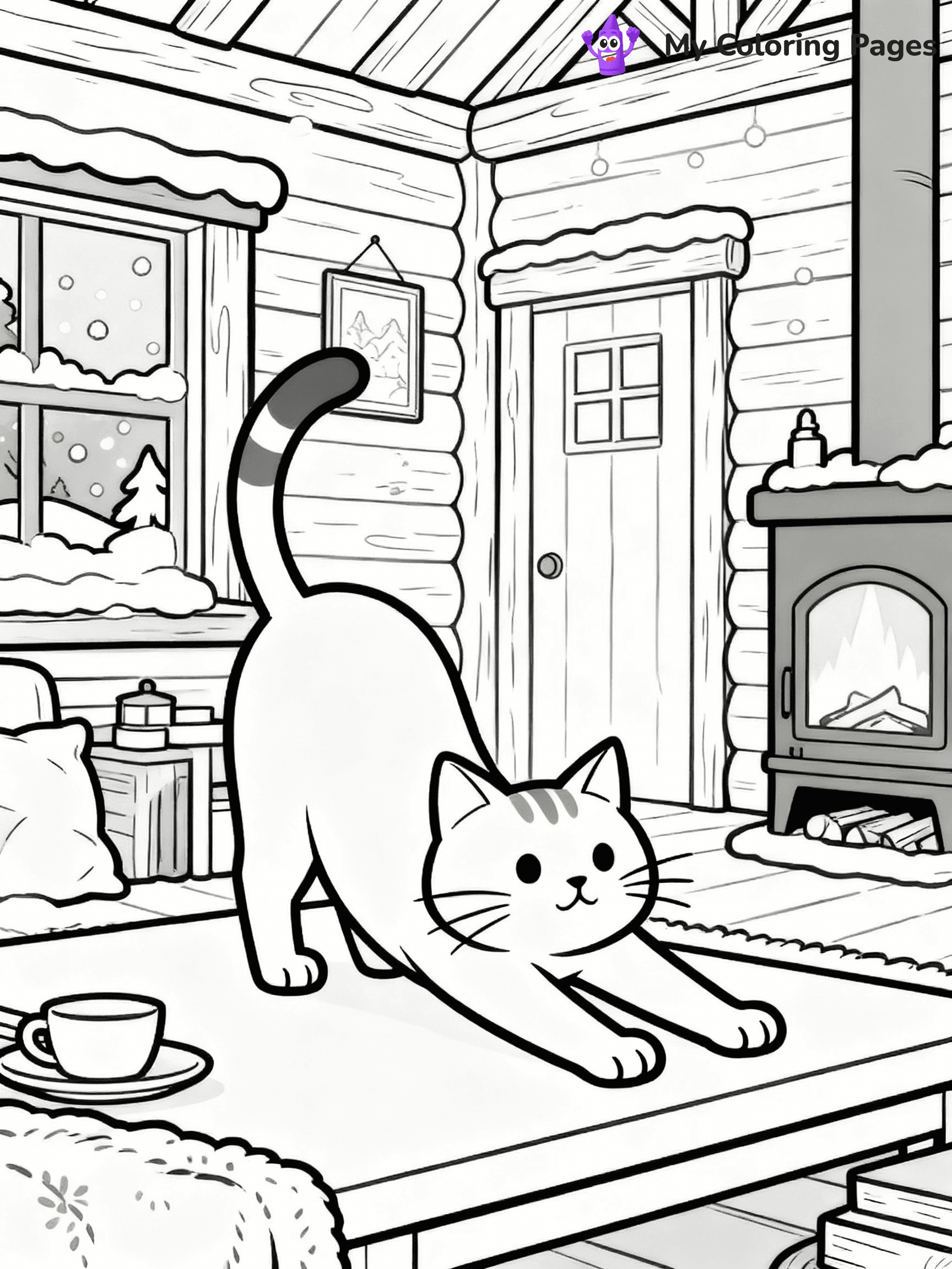 ⚠️ CRITICAL REQUIREMENT - ABSOLUTE BLACK AND WHITE ONLY ⚠️
This MUST be a BLACK AND WHITE line drawing ONLY. NO COLORS whatsoever.
- ONLY pure black lines (#000000) on pure white background (#FFFFFF)
- ABSOLUTELY NO colors, NO shading, NO gradients, NO grayscale
- If there are ANY colors in the output, the image is REJECTED
- This is a COLORING PAGE - meant to be COLORED IN by children
- The output must be UNCOLORED line art ready for coloring
⚠️ SUBJECT TO DRAW: Real cat from stretching in a cozy room within a winter chalet. Important: PURE OUTLINES. NO FILLS, COLOR, SHADING, OR GREYSCALE. WHITE BACKGROUND.
(REMEMBER: Output must be BLACK AND WHITE line art only, NOT colored!)
# Flat, Friendly Cartoon Line-Art Coloring Page
You are generating a **pure black-and-white binary image** of a child-friendly cartoon scene combining characters and background scenery in one cohesive composition.
## Rendering Rules (Strict)
- Only two colors: pure black (#000000) outlines and pure white (#FFFFFF) background.
- No grayscale, shading, gradients, tints, fills, transparency, or partial pixels.
- No antialiasing or blended edges; every pixel is 100% black or white.
- No solid black fills inside shapes — all areas inside outlines must remain white.
- No dark clothing areas or filled tone blocks; all garments outlined only.
- No shadows, textures, lighting, or tonal variations.
- Must look like flat binary vector line-art for coloring pages.
## Drawing & Composition
- **Medium, consistent line weight**; clean closed outlines easy to color inside.
- **Flat, simple, child-friendly design** — no realism or 3D depth.
- Characters are **grounded on a surface**, centered and large.
- **Balanced composition** with clear silhouettes and minimal props.
## Scenery & Style
- Landmarks (e.g., mosque, CN Tower) and scenery (trees, benches, waves) drawn with **black outlines only.**
- For real-world figures, teams, or places, show accurate details using only black outlines—no text or logos. Use distinctive uniform patterns, abstract symbols, and landmark silhouettes to convey identity.
- Keep **consistent perspective**; no floating elements.
- **Style:** whimsical **Doodle Art Alley** — rounded, friendly outlines.
- May adapt shapes from **Crayola, Disney, Peppa Pig, Cocomelon** — *by shape only, never color.*
- Final output: **flat, crisp, binary (#000000/#FFFFFF)**, **no filled color or background text.**
EXTREMELYE IMPORTANT:
- PURE BINARY LINE-ART; NO FILLS (HAIR/CLOTHES/SKIN), SHADING, OR GREY.
- NO SHADING, COLOR. MUST BE WHITE BACKGROUND.
⚠️ FINAL REMINDER: Draw the subject "Real cat from stretching in a cozy room within a winter chalet. Important: PURE OUTLINES. NO FILLS, COLOR, SHADING, OR GREYSCALE. WHITE BACKGROUND." as BLACK AND WHITE line art. Zero colors in output.