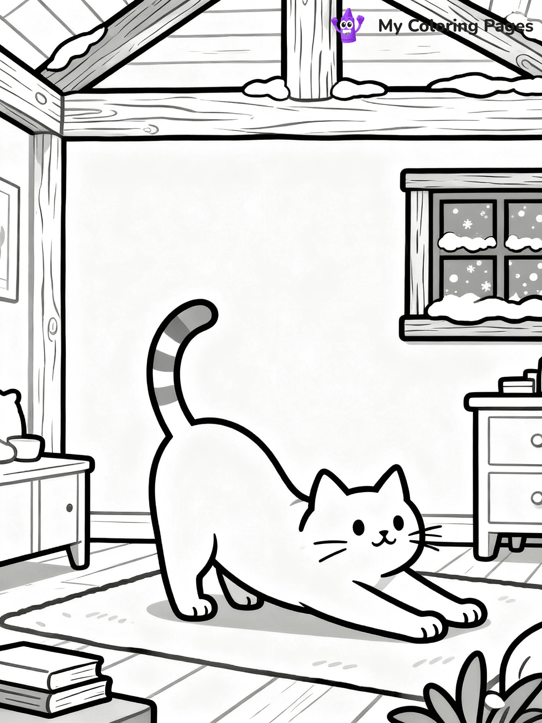 ⚠️ CRITICAL REQUIREMENT - ABSOLUTE BLACK AND WHITE ONLY ⚠️
This MUST be a BLACK AND WHITE line drawing ONLY. NO COLORS whatsoever.
- ONLY pure black lines (#000000) on pure white background (#FFFFFF)
- ABSOLUTELY NO colors, NO shading, NO gradients, NO grayscale
- If there are ANY colors in the output, the image is REJECTED
- This is a COLORING PAGE - meant to be COLORED IN by children
- The output must be UNCOLORED line art ready for coloring
⚠️ SUBJECT TO DRAW: Real cat from stretching in a cozy room within a winter chalet. Important: PURE OUTLINES. NO FILLS, COLOR, SHADING, OR GREYSCALE. WHITE BACKGROUND.
(REMEMBER: Output must be BLACK AND WHITE line art only, NOT colored!)
# Flat, Friendly Cartoon Line-Art Coloring Page
You are generating a **pure black-and-white binary image** of a child-friendly cartoon scene combining characters and background scenery in one cohesive composition.
## Rendering Rules (Strict)
- Only two colors: pure black (#000000) outlines and pure white (#FFFFFF) background.
- No grayscale, shading, gradients, tints, fills, transparency, or partial pixels.
- No antialiasing or blended edges; every pixel is 100% black or white.
- No solid black fills inside shapes — all areas inside outlines must remain white.
- No dark clothing areas or filled tone blocks; all garments outlined only.
- No shadows, textures, lighting, or tonal variations.
- Must look like flat binary vector line-art for coloring pages.
## Drawing & Composition
- **Medium, consistent line weight**; clean closed outlines easy to color inside.
- **Flat, simple, child-friendly design** — no realism or 3D depth.
- Characters are **grounded on a surface**, centered and large.
- **Balanced composition** with clear silhouettes and minimal props.
## Scenery & Style
- Landmarks (e.g., mosque, CN Tower) and scenery (trees, benches, waves) drawn with **black outlines only.**
- For real-world figures, teams, or places, show accurate details using only black outlines—no text or logos. Use distinctive uniform patterns, abstract symbols, and landmark silhouettes to convey identity.
- Keep **consistent perspective**; no floating elements.
- **Style:** whimsical **Doodle Art Alley** — rounded, friendly outlines.
- May adapt shapes from **Crayola, Disney, Peppa Pig, Cocomelon** — *by shape only, never color.*
- Final output: **flat, crisp, binary (#000000/#FFFFFF)**, **no filled color or background text.**
EXTREMELYE IMPORTANT:
- PURE BINARY LINE-ART; NO FILLS (HAIR/CLOTHES/SKIN), SHADING, OR GREY.
- NO SHADING, COLOR. MUST BE WHITE BACKGROUND.
⚠️ FINAL REMINDER: Draw the subject "Real cat from stretching in a cozy room within a winter chalet. Important: PURE OUTLINES. NO FILLS, COLOR, SHADING, OR GREYSCALE. WHITE BACKGROUND." as BLACK AND WHITE line art. Zero colors in output.