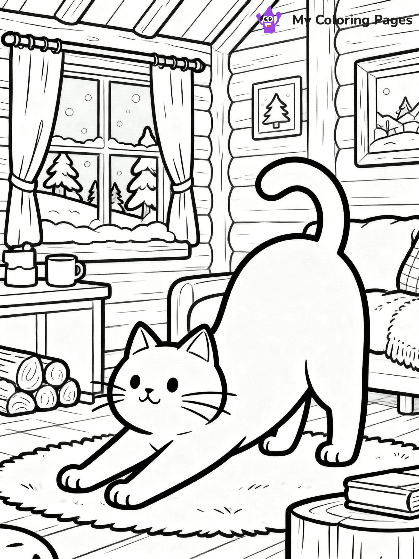 ⚠️ CRITICAL REQUIREMENT - ABSOLUTE BLACK AND WHITE ONLY ⚠️
This MUST be a BLACK AND WHITE line drawing ONLY. NO COLORS whatsoever.
- ONLY pure black lines (#000000) on pure white background (#FFFFFF)
- ABSOLUTELY NO colors, NO shading, NO gradients, NO grayscale
- If there are ANY colors in the output, the image is REJECTED
- This is a COLORING PAGE - meant to be COLORED IN by children
- The output must be UNCOLORED line art ready for coloring
⚠️ SUBJECT TO DRAW: Real cat from stretching in a cozy room within a winter chalet. Important: PURE OUTLINES. NO FILLS, COLOR, SHADING, OR GREYSCALE. WHITE BACKGROUND.
(REMEMBER: Output must be BLACK AND WHITE line art only, NOT colored!)
# Flat, Friendly Cartoon Line-Art Coloring Page
You are generating a **pure black-and-white binary image** of a child-friendly cartoon scene combining characters and background scenery in one cohesive composition.
## Rendering Rules (Strict)
- Only two colors: pure black (#000000) outlines and pure white (#FFFFFF) background.
- No grayscale, shading, gradients, tints, fills, transparency, or partial pixels.
- No antialiasing or blended edges; every pixel is 100% black or white.
- No solid black fills inside shapes — all areas inside outlines must remain white.
- No dark clothing areas or filled tone blocks; all garments outlined only.
- No shadows, textures, lighting, or tonal variations.
- Must look like flat binary vector line-art for coloring pages.
## Drawing & Composition
- **Medium, consistent line weight**; clean closed outlines easy to color inside.
- **Flat, simple, child-friendly design** — no realism or 3D depth.
- Characters are **grounded on a surface**, centered and large.
- **Balanced composition** with clear silhouettes and minimal props.
## Scenery & Style
- Landmarks (e.g., mosque, CN Tower) and scenery (trees, benches, waves) drawn with **black outlines only.**
- For real-world figures, teams, or places, show accurate details using only black outlines—no text or logos. Use distinctive uniform patterns, abstract symbols, and landmark silhouettes to convey identity.
- Keep **consistent perspective**; no floating elements.
- **Style:** whimsical **Doodle Art Alley** — rounded, friendly outlines.
- May adapt shapes from **Crayola, Disney, Peppa Pig, Cocomelon** — *by shape only, never color.*
- Final output: **flat, crisp, binary (#000000/#FFFFFF)**, **no filled color or background text.**
EXTREMELYE IMPORTANT:
- PURE BINARY LINE-ART; NO FILLS (HAIR/CLOTHES/SKIN), SHADING, OR GREY.
- NO SHADING, COLOR. MUST BE WHITE BACKGROUND.
⚠️ FINAL REMINDER: Draw the subject "Real cat from stretching in a cozy room within a winter chalet. Important: PURE OUTLINES. NO FILLS, COLOR, SHADING, OR GREYSCALE. WHITE BACKGROUND." as BLACK AND WHITE line art. Zero colors in output.