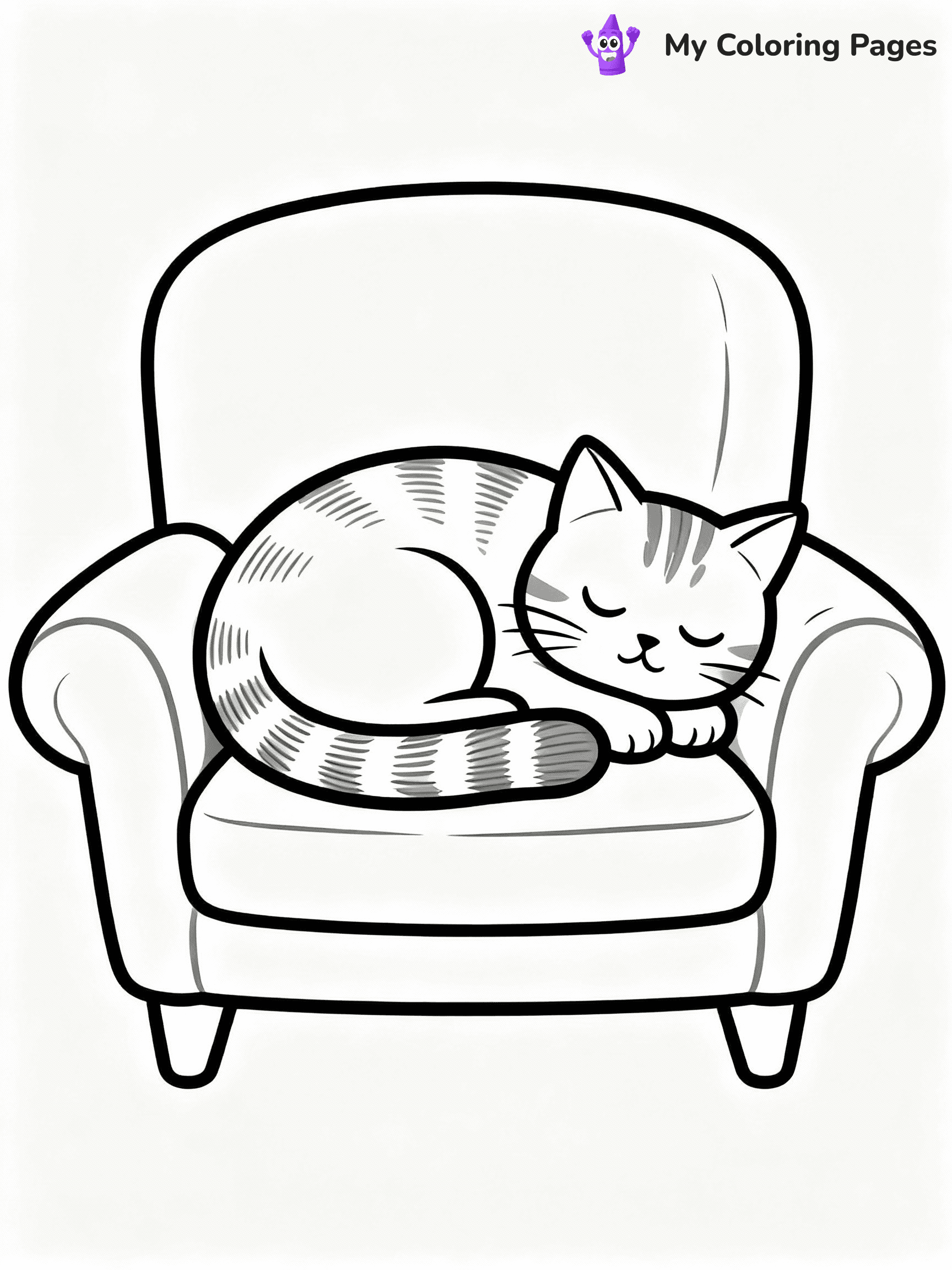 ⚠️ CRITICAL REQUIREMENT - ABSOLUTE BLACK AND WHITE ONLY ⚠️
This MUST be a BLACK AND WHITE line drawing ONLY. NO COLORS whatsoever.
- ONLY pure black lines (#000000) on pure white background (#FFFFFF)
- ABSOLUTELY NO colors, NO shading, NO gradients, NO grayscale
- If there are ANY colors in the output, the image is REJECTED
- This is a COLORING PAGE - meant to be COLORED IN by children
- The output must be UNCOLORED line art ready for coloring
⚠️ SUBJECT TO DRAW: Cat curled up on a cozy armchair, tail wrapped around body, fur texture detailed, peaceful sleeping expression. Important: PURE OUTLINES. NO FILLS, COLOR, SHADING, OR GREYSCALE. WHITE BACKGROUND.
(REMEMBER: Output must be BLACK AND WHITE line art only, NOT colored!)
# Flat, Friendly Cartoon Line-Art Coloring Page
You are generating a **pure black-and-white binary image** of a child-friendly cartoon scene combining characters and background scenery in one cohesive composition.
## Rendering Rules (Strict)
- Only two colors: pure black (#000000) outlines and pure white (#FFFFFF) background.
- No grayscale, shading, gradients, tints, fills, transparency, or partial pixels.
- No antialiasing or blended edges; every pixel is 100% black or white.
- No solid black fills inside shapes — all areas inside outlines must remain white.
- No dark clothing areas or filled tone blocks; all garments outlined only.
- No shadows, textures, lighting, or tonal variations.
- Must look like flat binary vector line-art for coloring pages.
## Drawing & Composition
- **Medium, consistent line weight**; clean closed outlines easy to color inside.
- **Flat, simple, child-friendly design** — no realism or 3D depth.
- Characters are **grounded on a surface**, centered and large.
- **Balanced composition** with clear silhouettes and minimal props.
## Scenery & Style
- Landmarks (e.g., mosque, CN Tower) and scenery (trees, benches, waves) drawn with **black outlines only.**
- For real-world figures, teams, or places, show accurate details using only black outlines—no text or logos. Use distinctive uniform patterns, abstract symbols, and landmark silhouettes to convey identity.
- Keep **consistent perspective**; no floating elements.
- **Style:** whimsical **Doodle Art Alley** — rounded, friendly outlines.
- May adapt shapes from **Crayola, Disney, Peppa Pig, Cocomelon** — *by shape only, never color.*
- Final output: **flat, crisp, binary (#000000/#FFFFFF)**, **no filled color or background text.**
EXTREMELYE IMPORTANT:
- PURE BINARY LINE-ART; NO FILLS (HAIR/CLOTHES/SKIN), SHADING, OR GREY.
- NO SHADING, COLOR. MUST BE WHITE BACKGROUND.
⚠️ FINAL REMINDER: Draw the subject "Cat curled up on a cozy armchair, tail wrapped around body, fur texture detailed, peaceful sleeping expression. Important: PURE OUTLINES. NO FILLS, COLOR, SHADING, OR GREYSCALE. WHITE BACKGROUND." as BLACK AND WHITE line art. Zero colors in output.