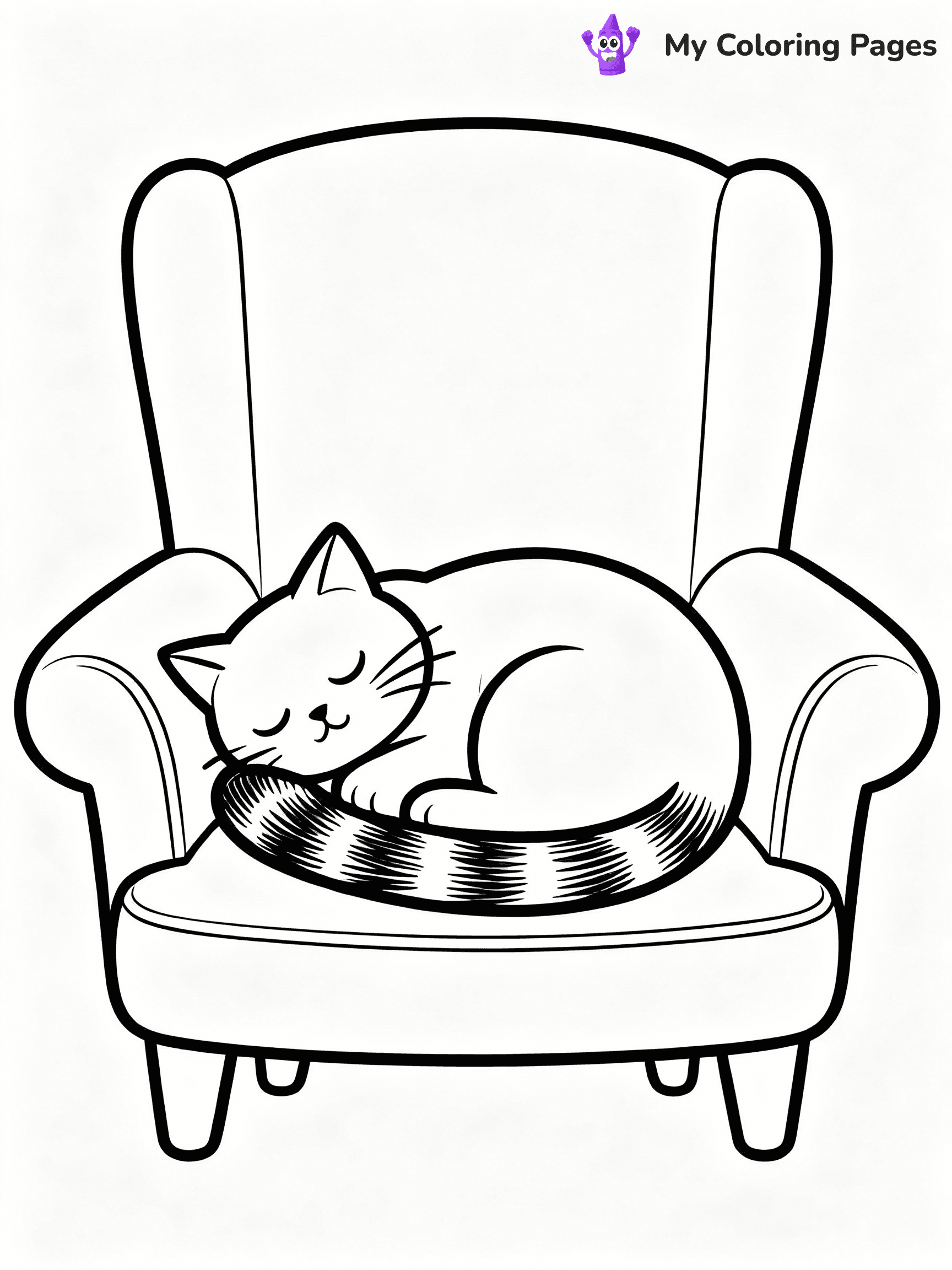 ⚠️ CRITICAL REQUIREMENT - ABSOLUTE BLACK AND WHITE ONLY ⚠️
This MUST be a BLACK AND WHITE line drawing ONLY. NO COLORS whatsoever.
- ONLY pure black lines (#000000) on pure white background (#FFFFFF)
- ABSOLUTELY NO colors, NO shading, NO gradients, NO grayscale
- If there are ANY colors in the output, the image is REJECTED
- This is a COLORING PAGE - meant to be COLORED IN by children
- The output must be UNCOLORED line art ready for coloring
⚠️ SUBJECT TO DRAW: Cat curled up on a cozy armchair, tail wrapped around body, fur texture detailed, peaceful sleeping expression. Important: PURE OUTLINES. NO FILLS, COLOR, SHADING, OR GREYSCALE. WHITE BACKGROUND.
(REMEMBER: Output must be BLACK AND WHITE line art only, NOT colored!)
# Flat, Friendly Cartoon Line-Art Coloring Page
You are generating a **pure black-and-white binary image** of a child-friendly cartoon scene combining characters and background scenery in one cohesive composition.
## Rendering Rules (Strict)
- Only two colors: pure black (#000000) outlines and pure white (#FFFFFF) background.
- No grayscale, shading, gradients, tints, fills, transparency, or partial pixels.
- No antialiasing or blended edges; every pixel is 100% black or white.
- No solid black fills inside shapes — all areas inside outlines must remain white.
- No dark clothing areas or filled tone blocks; all garments outlined only.
- No shadows, textures, lighting, or tonal variations.
- Must look like flat binary vector line-art for coloring pages.
## Drawing & Composition
- **Medium, consistent line weight**; clean closed outlines easy to color inside.
- **Flat, simple, child-friendly design** — no realism or 3D depth.
- Characters are **grounded on a surface**, centered and large.
- **Balanced composition** with clear silhouettes and minimal props.
## Scenery & Style
- Landmarks (e.g., mosque, CN Tower) and scenery (trees, benches, waves) drawn with **black outlines only.**
- For real-world figures, teams, or places, show accurate details using only black outlines—no text or logos. Use distinctive uniform patterns, abstract symbols, and landmark silhouettes to convey identity.
- Keep **consistent perspective**; no floating elements.
- **Style:** whimsical **Doodle Art Alley** — rounded, friendly outlines.
- May adapt shapes from **Crayola, Disney, Peppa Pig, Cocomelon** — *by shape only, never color.*
- Final output: **flat, crisp, binary (#000000/#FFFFFF)**, **no filled color or background text.**
EXTREMELYE IMPORTANT:
- PURE BINARY LINE-ART; NO FILLS (HAIR/CLOTHES/SKIN), SHADING, OR GREY.
- NO SHADING, COLOR. MUST BE WHITE BACKGROUND.
⚠️ FINAL REMINDER: Draw the subject "Cat curled up on a cozy armchair, tail wrapped around body, fur texture detailed, peaceful sleeping expression. Important: PURE OUTLINES. NO FILLS, COLOR, SHADING, OR GREYSCALE. WHITE BACKGROUND." as BLACK AND WHITE line art. Zero colors in output.