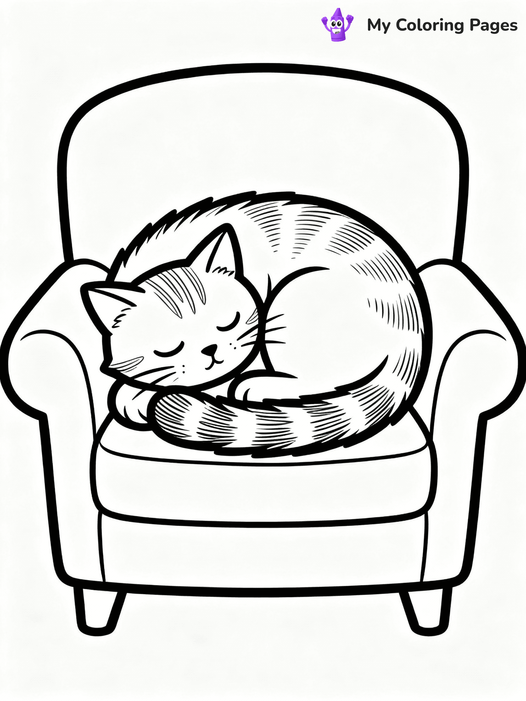 ⚠️ CRITICAL REQUIREMENT - ABSOLUTE BLACK AND WHITE ONLY ⚠️
This MUST be a BLACK AND WHITE line drawing ONLY. NO COLORS whatsoever.
- ONLY pure black lines (#000000) on pure white background (#FFFFFF)
- ABSOLUTELY NO colors, NO shading, NO gradients, NO grayscale
- If there are ANY colors in the output, the image is REJECTED
- This is a COLORING PAGE - meant to be COLORED IN by children
- The output must be UNCOLORED line art ready for coloring
⚠️ SUBJECT TO DRAW: Cat curled up on a cozy armchair, tail wrapped around body, fur texture detailed, peaceful sleeping expression. Important: PURE OUTLINES. NO FILLS, COLOR, SHADING, OR GREYSCALE. WHITE BACKGROUND.
(REMEMBER: Output must be BLACK AND WHITE line art only, NOT colored!)
# Flat, Friendly Cartoon Line-Art Coloring Page
You are generating a **pure black-and-white binary image** of a child-friendly cartoon scene combining characters and background scenery in one cohesive composition.
## Rendering Rules (Strict)
- Only two colors: pure black (#000000) outlines and pure white (#FFFFFF) background.
- No grayscale, shading, gradients, tints, fills, transparency, or partial pixels.
- No antialiasing or blended edges; every pixel is 100% black or white.
- No solid black fills inside shapes — all areas inside outlines must remain white.
- No dark clothing areas or filled tone blocks; all garments outlined only.
- No shadows, textures, lighting, or tonal variations.
- Must look like flat binary vector line-art for coloring pages.
## Drawing & Composition
- **Medium, consistent line weight**; clean closed outlines easy to color inside.
- **Flat, simple, child-friendly design** — no realism or 3D depth.
- Characters are **grounded on a surface**, centered and large.
- **Balanced composition** with clear silhouettes and minimal props.
## Scenery & Style
- Landmarks (e.g., mosque, CN Tower) and scenery (trees, benches, waves) drawn with **black outlines only.**
- For real-world figures, teams, or places, show accurate details using only black outlines—no text or logos. Use distinctive uniform patterns, abstract symbols, and landmark silhouettes to convey identity.
- Keep **consistent perspective**; no floating elements.
- **Style:** whimsical **Doodle Art Alley** — rounded, friendly outlines.
- May adapt shapes from **Crayola, Disney, Peppa Pig, Cocomelon** — *by shape only, never color.*
- Final output: **flat, crisp, binary (#000000/#FFFFFF)**, **no filled color or background text.**
EXTREMELYE IMPORTANT:
- PURE BINARY LINE-ART; NO FILLS (HAIR/CLOTHES/SKIN), SHADING, OR GREY.
- NO SHADING, COLOR. MUST BE WHITE BACKGROUND.
⚠️ FINAL REMINDER: Draw the subject "Cat curled up on a cozy armchair, tail wrapped around body, fur texture detailed, peaceful sleeping expression. Important: PURE OUTLINES. NO FILLS, COLOR, SHADING, OR GREYSCALE. WHITE BACKGROUND." as BLACK AND WHITE line art. Zero colors in output.