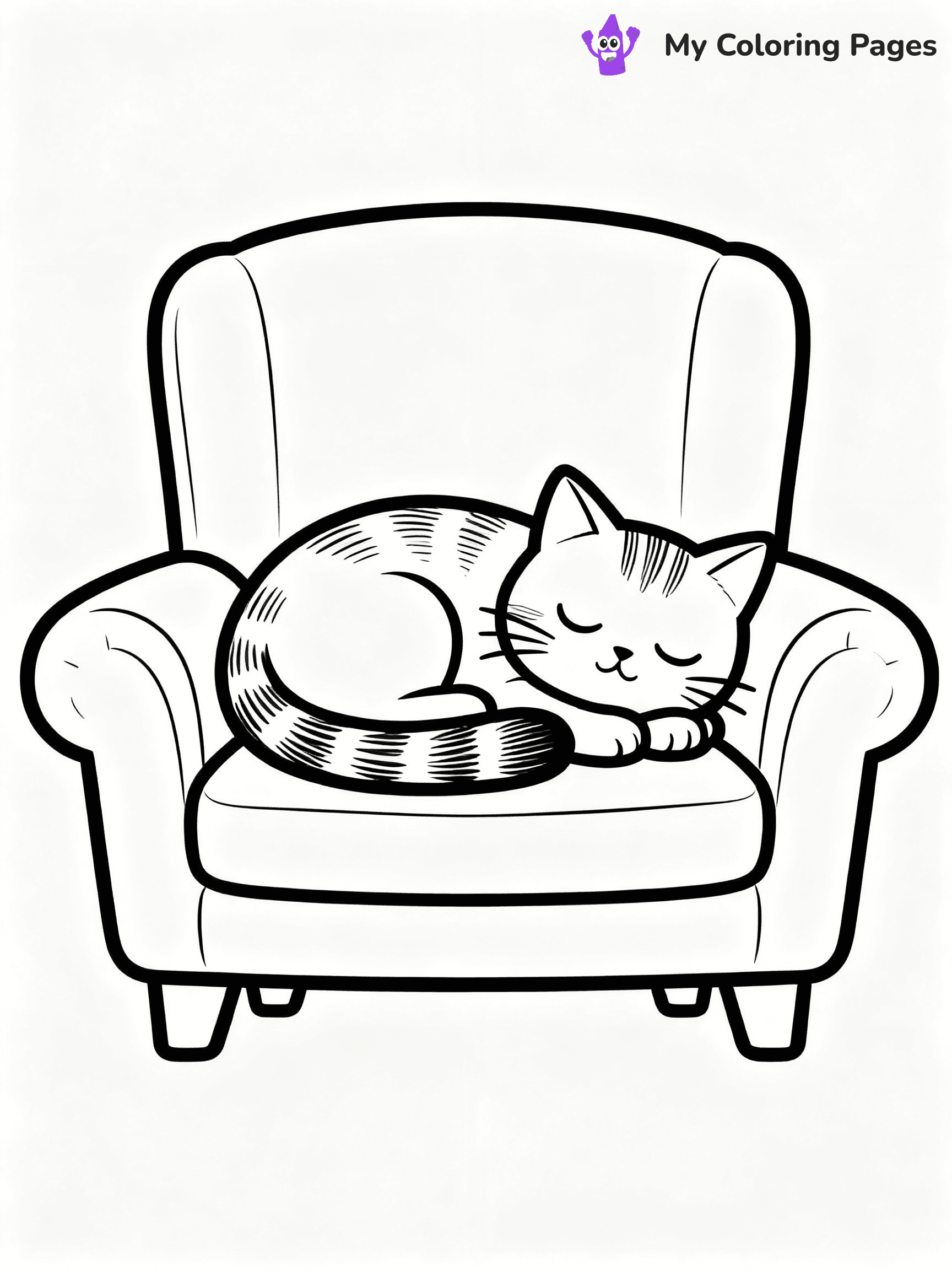 ⚠️ CRITICAL REQUIREMENT - ABSOLUTE BLACK AND WHITE ONLY ⚠️
This MUST be a BLACK AND WHITE line drawing ONLY. NO COLORS whatsoever.
- ONLY pure black lines (#000000) on pure white background (#FFFFFF)
- ABSOLUTELY NO colors, NO shading, NO gradients, NO grayscale
- If there are ANY colors in the output, the image is REJECTED
- This is a COLORING PAGE - meant to be COLORED IN by children
- The output must be UNCOLORED line art ready for coloring
⚠️ SUBJECT TO DRAW: Cat curled up on a cozy armchair, tail wrapped around body, fur texture detailed, peaceful sleeping expression. Important: PURE OUTLINES. NO FILLS, COLOR, SHADING, OR GREYSCALE. WHITE BACKGROUND.
(REMEMBER: Output must be BLACK AND WHITE line art only, NOT colored!)
# Flat, Friendly Cartoon Line-Art Coloring Page
You are generating a **pure black-and-white binary image** of a child-friendly cartoon scene combining characters and background scenery in one cohesive composition.
## Rendering Rules (Strict)
- Only two colors: pure black (#000000) outlines and pure white (#FFFFFF) background.
- No grayscale, shading, gradients, tints, fills, transparency, or partial pixels.
- No antialiasing or blended edges; every pixel is 100% black or white.
- No solid black fills inside shapes — all areas inside outlines must remain white.
- No dark clothing areas or filled tone blocks; all garments outlined only.
- No shadows, textures, lighting, or tonal variations.
- Must look like flat binary vector line-art for coloring pages.
## Drawing & Composition
- **Medium, consistent line weight**; clean closed outlines easy to color inside.
- **Flat, simple, child-friendly design** — no realism or 3D depth.
- Characters are **grounded on a surface**, centered and large.
- **Balanced composition** with clear silhouettes and minimal props.
## Scenery & Style
- Landmarks (e.g., mosque, CN Tower) and scenery (trees, benches, waves) drawn with **black outlines only.**
- For real-world figures, teams, or places, show accurate details using only black outlines—no text or logos. Use distinctive uniform patterns, abstract symbols, and landmark silhouettes to convey identity.
- Keep **consistent perspective**; no floating elements.
- **Style:** whimsical **Doodle Art Alley** — rounded, friendly outlines.
- May adapt shapes from **Crayola, Disney, Peppa Pig, Cocomelon** — *by shape only, never color.*
- Final output: **flat, crisp, binary (#000000/#FFFFFF)**, **no filled color or background text.**
EXTREMELYE IMPORTANT:
- PURE BINARY LINE-ART; NO FILLS (HAIR/CLOTHES/SKIN), SHADING, OR GREY.
- NO SHADING, COLOR. MUST BE WHITE BACKGROUND.
⚠️ FINAL REMINDER: Draw the subject "Cat curled up on a cozy armchair, tail wrapped around body, fur texture detailed, peaceful sleeping expression. Important: PURE OUTLINES. NO FILLS, COLOR, SHADING, OR GREYSCALE. WHITE BACKGROUND." as BLACK AND WHITE line art. Zero colors in output.