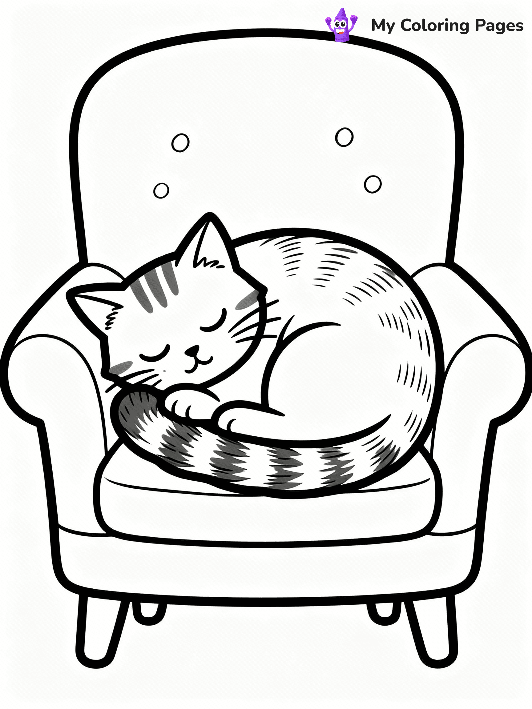 ⚠️ CRITICAL REQUIREMENT - ABSOLUTE BLACK AND WHITE ONLY ⚠️
This MUST be a BLACK AND WHITE line drawing ONLY. NO COLORS whatsoever.
- ONLY pure black lines (#000000) on pure white background (#FFFFFF)
- ABSOLUTELY NO colors, NO shading, NO gradients, NO grayscale
- If there are ANY colors in the output, the image is REJECTED
- This is a COLORING PAGE - meant to be COLORED IN by children
- The output must be UNCOLORED line art ready for coloring
⚠️ SUBJECT TO DRAW: Cat curled up on a cozy armchair, tail wrapped around body, fur texture detailed, peaceful sleeping expression. Important: PURE OUTLINES. NO FILLS, COLOR, SHADING, OR GREYSCALE. WHITE BACKGROUND.
(REMEMBER: Output must be BLACK AND WHITE line art only, NOT colored!)
# Flat, Friendly Cartoon Line-Art Coloring Page
You are generating a **pure black-and-white binary image** of a child-friendly cartoon scene combining characters and background scenery in one cohesive composition.
## Rendering Rules (Strict)
- Only two colors: pure black (#000000) outlines and pure white (#FFFFFF) background.
- No grayscale, shading, gradients, tints, fills, transparency, or partial pixels.
- No antialiasing or blended edges; every pixel is 100% black or white.
- No solid black fills inside shapes — all areas inside outlines must remain white.
- No dark clothing areas or filled tone blocks; all garments outlined only.
- No shadows, textures, lighting, or tonal variations.
- Must look like flat binary vector line-art for coloring pages.
## Drawing & Composition
- **Medium, consistent line weight**; clean closed outlines easy to color inside.
- **Flat, simple, child-friendly design** — no realism or 3D depth.
- Characters are **grounded on a surface**, centered and large.
- **Balanced composition** with clear silhouettes and minimal props.
## Scenery & Style
- Landmarks (e.g., mosque, CN Tower) and scenery (trees, benches, waves) drawn with **black outlines only.**
- For real-world figures, teams, or places, show accurate details using only black outlines—no text or logos. Use distinctive uniform patterns, abstract symbols, and landmark silhouettes to convey identity.
- Keep **consistent perspective**; no floating elements.
- **Style:** whimsical **Doodle Art Alley** — rounded, friendly outlines.
- May adapt shapes from **Crayola, Disney, Peppa Pig, Cocomelon** — *by shape only, never color.*
- Final output: **flat, crisp, binary (#000000/#FFFFFF)**, **no filled color or background text.**
EXTREMELYE IMPORTANT:
- PURE BINARY LINE-ART; NO FILLS (HAIR/CLOTHES/SKIN), SHADING, OR GREY.
- NO SHADING, COLOR. MUST BE WHITE BACKGROUND.
⚠️ FINAL REMINDER: Draw the subject "Cat curled up on a cozy armchair, tail wrapped around body, fur texture detailed, peaceful sleeping expression. Important: PURE OUTLINES. NO FILLS, COLOR, SHADING, OR GREYSCALE. WHITE BACKGROUND." as BLACK AND WHITE line art. Zero colors in output.