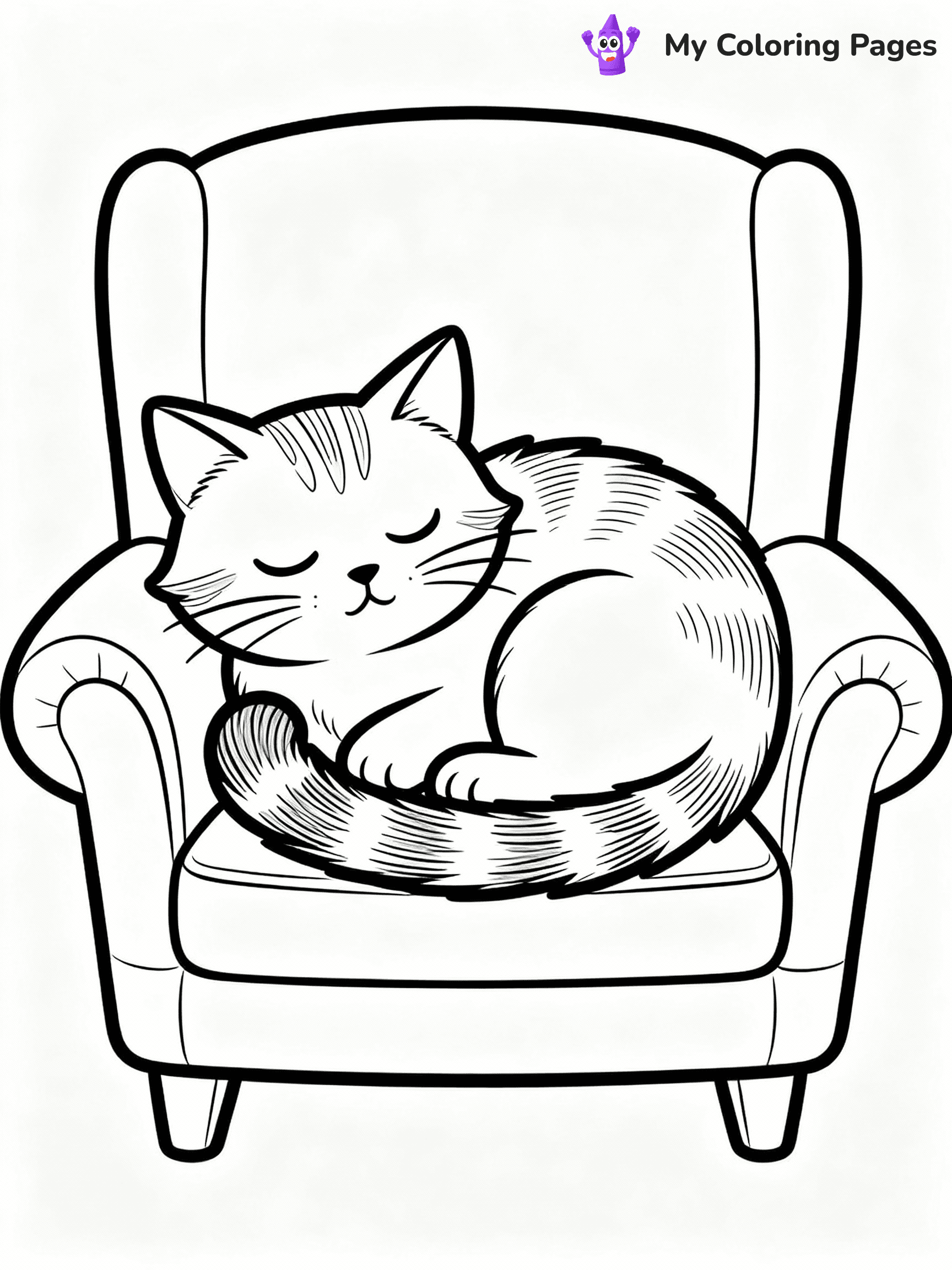 ⚠️ CRITICAL REQUIREMENT - ABSOLUTE BLACK AND WHITE ONLY ⚠️
This MUST be a BLACK AND WHITE line drawing ONLY. NO COLORS whatsoever.
- ONLY pure black lines (#000000) on pure white background (#FFFFFF)
- ABSOLUTELY NO colors, NO shading, NO gradients, NO grayscale
- If there are ANY colors in the output, the image is REJECTED
- This is a COLORING PAGE - meant to be COLORED IN by children
- The output must be UNCOLORED line art ready for coloring
⚠️ SUBJECT TO DRAW: Cat curled up on a cozy armchair, tail wrapped around body, fur texture detailed, peaceful sleeping expression. Important: PURE OUTLINES. NO FILLS, COLOR, SHADING, OR GREYSCALE. WHITE BACKGROUND.
(REMEMBER: Output must be BLACK AND WHITE line art only, NOT colored!)
# Flat, Friendly Cartoon Line-Art Coloring Page
You are generating a **pure black-and-white binary image** of a child-friendly cartoon scene combining characters and background scenery in one cohesive composition.
## Rendering Rules (Strict)
- Only two colors: pure black (#000000) outlines and pure white (#FFFFFF) background.
- No grayscale, shading, gradients, tints, fills, transparency, or partial pixels.
- No antialiasing or blended edges; every pixel is 100% black or white.
- No solid black fills inside shapes — all areas inside outlines must remain white.
- No dark clothing areas or filled tone blocks; all garments outlined only.
- No shadows, textures, lighting, or tonal variations.
- Must look like flat binary vector line-art for coloring pages.
## Drawing & Composition
- **Medium, consistent line weight**; clean closed outlines easy to color inside.
- **Flat, simple, child-friendly design** — no realism or 3D depth.
- Characters are **grounded on a surface**, centered and large.
- **Balanced composition** with clear silhouettes and minimal props.
## Scenery & Style
- Landmarks (e.g., mosque, CN Tower) and scenery (trees, benches, waves) drawn with **black outlines only.**
- For real-world figures, teams, or places, show accurate details using only black outlines—no text or logos. Use distinctive uniform patterns, abstract symbols, and landmark silhouettes to convey identity.
- Keep **consistent perspective**; no floating elements.
- **Style:** whimsical **Doodle Art Alley** — rounded, friendly outlines.
- May adapt shapes from **Crayola, Disney, Peppa Pig, Cocomelon** — *by shape only, never color.*
- Final output: **flat, crisp, binary (#000000/#FFFFFF)**, **no filled color or background text.**
EXTREMELYE IMPORTANT:
- PURE BINARY LINE-ART; NO FILLS (HAIR/CLOTHES/SKIN), SHADING, OR GREY.
- NO SHADING, COLOR. MUST BE WHITE BACKGROUND.
⚠️ FINAL REMINDER: Draw the subject "Cat curled up on a cozy armchair, tail wrapped around body, fur texture detailed, peaceful sleeping expression. Important: PURE OUTLINES. NO FILLS, COLOR, SHADING, OR GREYSCALE. WHITE BACKGROUND." as BLACK AND WHITE line art. Zero colors in output.