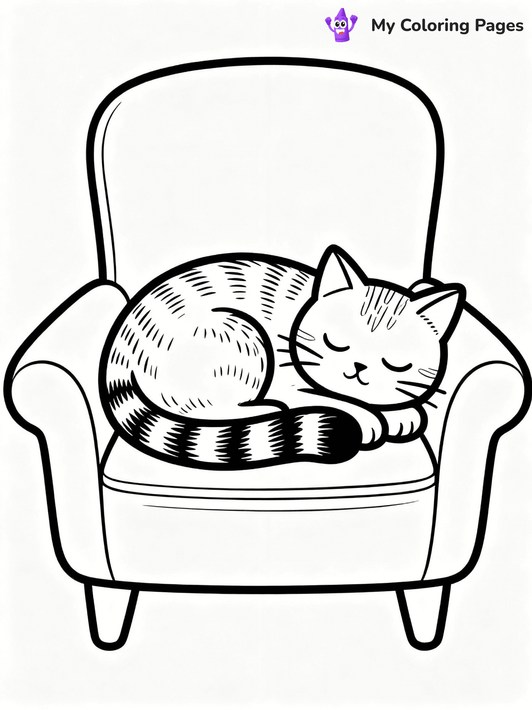 ⚠️ CRITICAL REQUIREMENT - ABSOLUTE BLACK AND WHITE ONLY ⚠️
This MUST be a BLACK AND WHITE line drawing ONLY. NO COLORS whatsoever.
- ONLY pure black lines (#000000) on pure white background (#FFFFFF)
- ABSOLUTELY NO colors, NO shading, NO gradients, NO grayscale
- If there are ANY colors in the output, the image is REJECTED
- This is a COLORING PAGE - meant to be COLORED IN by children
- The output must be UNCOLORED line art ready for coloring
⚠️ SUBJECT TO DRAW: Cat curled up on a cozy armchair, tail wrapped around body, fur texture detailed, peaceful sleeping expression. Important: PURE OUTLINES. NO FILLS, COLOR, SHADING, OR GREYSCALE. WHITE BACKGROUND.
(REMEMBER: Output must be BLACK AND WHITE line art only, NOT colored!)
# Flat, Friendly Cartoon Line-Art Coloring Page
You are generating a **pure black-and-white binary image** of a child-friendly cartoon scene combining characters and background scenery in one cohesive composition.
## Rendering Rules (Strict)
- Only two colors: pure black (#000000) outlines and pure white (#FFFFFF) background.
- No grayscale, shading, gradients, tints, fills, transparency, or partial pixels.
- No antialiasing or blended edges; every pixel is 100% black or white.
- No solid black fills inside shapes — all areas inside outlines must remain white.
- No dark clothing areas or filled tone blocks; all garments outlined only.
- No shadows, textures, lighting, or tonal variations.
- Must look like flat binary vector line-art for coloring pages.
## Drawing & Composition
- **Medium, consistent line weight**; clean closed outlines easy to color inside.
- **Flat, simple, child-friendly design** — no realism or 3D depth.
- Characters are **grounded on a surface**, centered and large.
- **Balanced composition** with clear silhouettes and minimal props.
## Scenery & Style
- Landmarks (e.g., mosque, CN Tower) and scenery (trees, benches, waves) drawn with **black outlines only.**
- For real-world figures, teams, or places, show accurate details using only black outlines—no text or logos. Use distinctive uniform patterns, abstract symbols, and landmark silhouettes to convey identity.
- Keep **consistent perspective**; no floating elements.
- **Style:** whimsical **Doodle Art Alley** — rounded, friendly outlines.
- May adapt shapes from **Crayola, Disney, Peppa Pig, Cocomelon** — *by shape only, never color.*
- Final output: **flat, crisp, binary (#000000/#FFFFFF)**, **no filled color or background text.**
EXTREMELYE IMPORTANT:
- PURE BINARY LINE-ART; NO FILLS (HAIR/CLOTHES/SKIN), SHADING, OR GREY.
- NO SHADING, COLOR. MUST BE WHITE BACKGROUND.
⚠️ FINAL REMINDER: Draw the subject "Cat curled up on a cozy armchair, tail wrapped around body, fur texture detailed, peaceful sleeping expression. Important: PURE OUTLINES. NO FILLS, COLOR, SHADING, OR GREYSCALE. WHITE BACKGROUND." as BLACK AND WHITE line art. Zero colors in output.