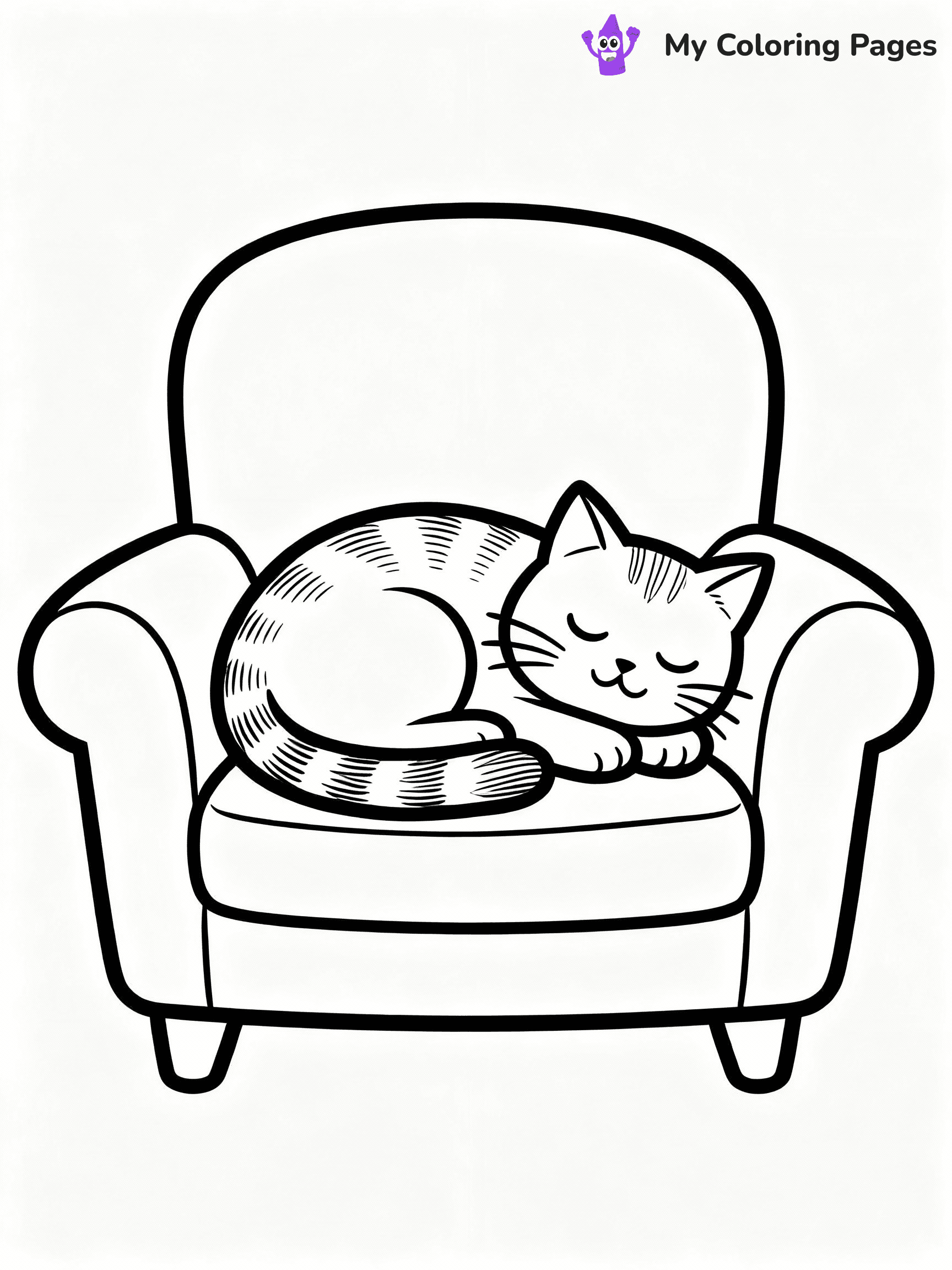 ⚠️ CRITICAL REQUIREMENT - ABSOLUTE BLACK AND WHITE ONLY ⚠️
This MUST be a BLACK AND WHITE line drawing ONLY. NO COLORS whatsoever.
- ONLY pure black lines (#000000) on pure white background (#FFFFFF)
- ABSOLUTELY NO colors, NO shading, NO gradients, NO grayscale
- If there are ANY colors in the output, the image is REJECTED
- This is a COLORING PAGE - meant to be COLORED IN by children
- The output must be UNCOLORED line art ready for coloring
⚠️ SUBJECT TO DRAW: Cat curled up on a cozy armchair, tail wrapped around body, fur texture detailed, peaceful sleeping expression. Important: PURE OUTLINES. NO FILLS, COLOR, SHADING, OR GREYSCALE. WHITE BACKGROUND.
(REMEMBER: Output must be BLACK AND WHITE line art only, NOT colored!)
# Flat, Friendly Cartoon Line-Art Coloring Page
You are generating a **pure black-and-white binary image** of a child-friendly cartoon scene combining characters and background scenery in one cohesive composition.
## Rendering Rules (Strict)
- Only two colors: pure black (#000000) outlines and pure white (#FFFFFF) background.
- No grayscale, shading, gradients, tints, fills, transparency, or partial pixels.
- No antialiasing or blended edges; every pixel is 100% black or white.
- No solid black fills inside shapes — all areas inside outlines must remain white.
- No dark clothing areas or filled tone blocks; all garments outlined only.
- No shadows, textures, lighting, or tonal variations.
- Must look like flat binary vector line-art for coloring pages.
## Drawing & Composition
- **Medium, consistent line weight**; clean closed outlines easy to color inside.
- **Flat, simple, child-friendly design** — no realism or 3D depth.
- Characters are **grounded on a surface**, centered and large.
- **Balanced composition** with clear silhouettes and minimal props.
## Scenery & Style
- Landmarks (e.g., mosque, CN Tower) and scenery (trees, benches, waves) drawn with **black outlines only.**
- For real-world figures, teams, or places, show accurate details using only black outlines—no text or logos. Use distinctive uniform patterns, abstract symbols, and landmark silhouettes to convey identity.
- Keep **consistent perspective**; no floating elements.
- **Style:** whimsical **Doodle Art Alley** — rounded, friendly outlines.
- May adapt shapes from **Crayola, Disney, Peppa Pig, Cocomelon** — *by shape only, never color.*
- Final output: **flat, crisp, binary (#000000/#FFFFFF)**, **no filled color or background text.**
EXTREMELYE IMPORTANT:
- PURE BINARY LINE-ART; NO FILLS (HAIR/CLOTHES/SKIN), SHADING, OR GREY.
- NO SHADING, COLOR. MUST BE WHITE BACKGROUND.
⚠️ FINAL REMINDER: Draw the subject "Cat curled up on a cozy armchair, tail wrapped around body, fur texture detailed, peaceful sleeping expression. Important: PURE OUTLINES. NO FILLS, COLOR, SHADING, OR GREYSCALE. WHITE BACKGROUND." as BLACK AND WHITE line art. Zero colors in output.