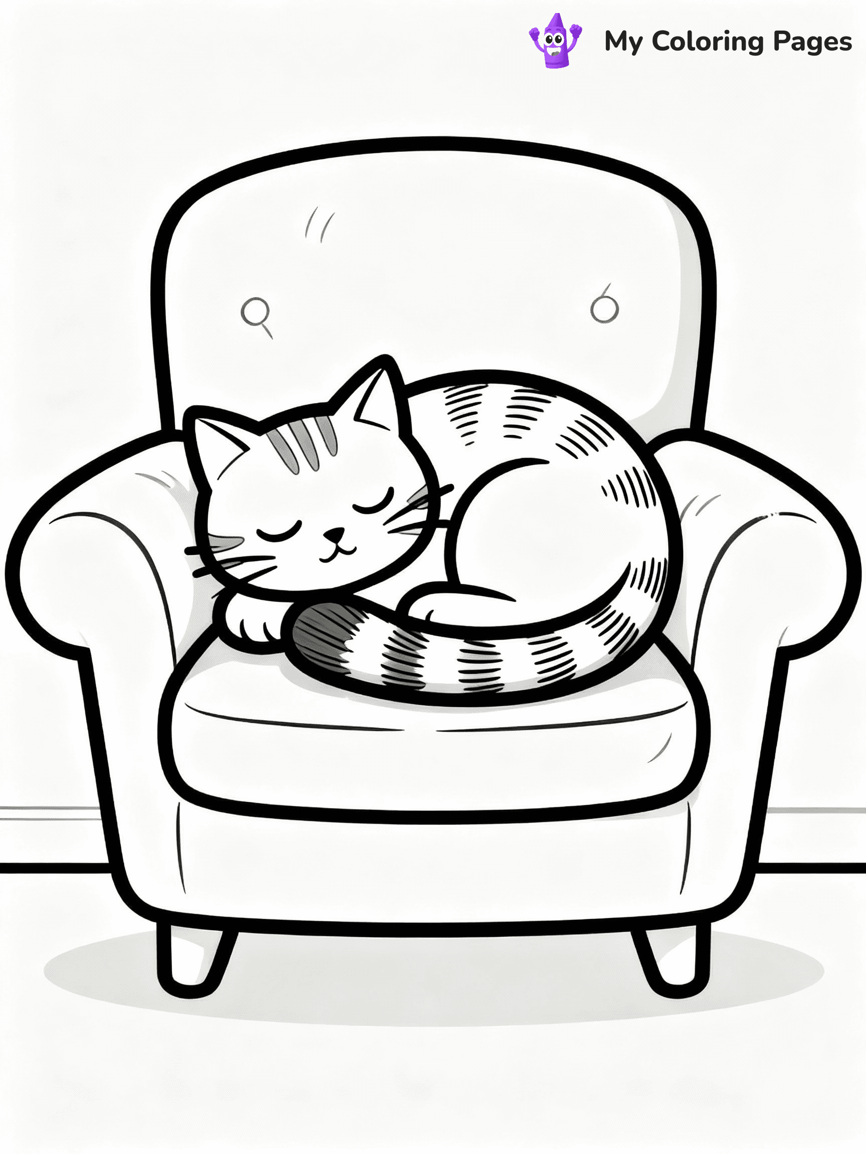 ⚠️ CRITICAL REQUIREMENT - ABSOLUTE BLACK AND WHITE ONLY ⚠️
This MUST be a BLACK AND WHITE line drawing ONLY. NO COLORS whatsoever.
- ONLY pure black lines (#000000) on pure white background (#FFFFFF)
- ABSOLUTELY NO colors, NO shading, NO gradients, NO grayscale
- If there are ANY colors in the output, the image is REJECTED
- This is a COLORING PAGE - meant to be COLORED IN by children
- The output must be UNCOLORED line art ready for coloring
⚠️ SUBJECT TO DRAW: Cat curled up on a cozy armchair, tail wrapped around body, fur texture detailed, peaceful sleeping expression. Important: PURE OUTLINES. NO FILLS, COLOR, SHADING, OR GREYSCALE. WHITE BACKGROUND.
(REMEMBER: Output must be BLACK AND WHITE line art only, NOT colored!)
# Flat, Friendly Cartoon Line-Art Coloring Page
You are generating a **pure black-and-white binary image** of a child-friendly cartoon scene combining characters and background scenery in one cohesive composition.
## Rendering Rules (Strict)
- Only two colors: pure black (#000000) outlines and pure white (#FFFFFF) background.
- No grayscale, shading, gradients, tints, fills, transparency, or partial pixels.
- No antialiasing or blended edges; every pixel is 100% black or white.
- No solid black fills inside shapes — all areas inside outlines must remain white.
- No dark clothing areas or filled tone blocks; all garments outlined only.
- No shadows, textures, lighting, or tonal variations.
- Must look like flat binary vector line-art for coloring pages.
## Drawing & Composition
- **Medium, consistent line weight**; clean closed outlines easy to color inside.
- **Flat, simple, child-friendly design** — no realism or 3D depth.
- Characters are **grounded on a surface**, centered and large.
- **Balanced composition** with clear silhouettes and minimal props.
## Scenery & Style
- Landmarks (e.g., mosque, CN Tower) and scenery (trees, benches, waves) drawn with **black outlines only.**
- For real-world figures, teams, or places, show accurate details using only black outlines—no text or logos. Use distinctive uniform patterns, abstract symbols, and landmark silhouettes to convey identity.
- Keep **consistent perspective**; no floating elements.
- **Style:** whimsical **Doodle Art Alley** — rounded, friendly outlines.
- May adapt shapes from **Crayola, Disney, Peppa Pig, Cocomelon** — *by shape only, never color.*
- Final output: **flat, crisp, binary (#000000/#FFFFFF)**, **no filled color or background text.**
EXTREMELYE IMPORTANT:
- PURE BINARY LINE-ART; NO FILLS (HAIR/CLOTHES/SKIN), SHADING, OR GREY.
- NO SHADING, COLOR. MUST BE WHITE BACKGROUND.
⚠️ FINAL REMINDER: Draw the subject "Cat curled up on a cozy armchair, tail wrapped around body, fur texture detailed, peaceful sleeping expression. Important: PURE OUTLINES. NO FILLS, COLOR, SHADING, OR GREYSCALE. WHITE BACKGROUND." as BLACK AND WHITE line art. Zero colors in output.