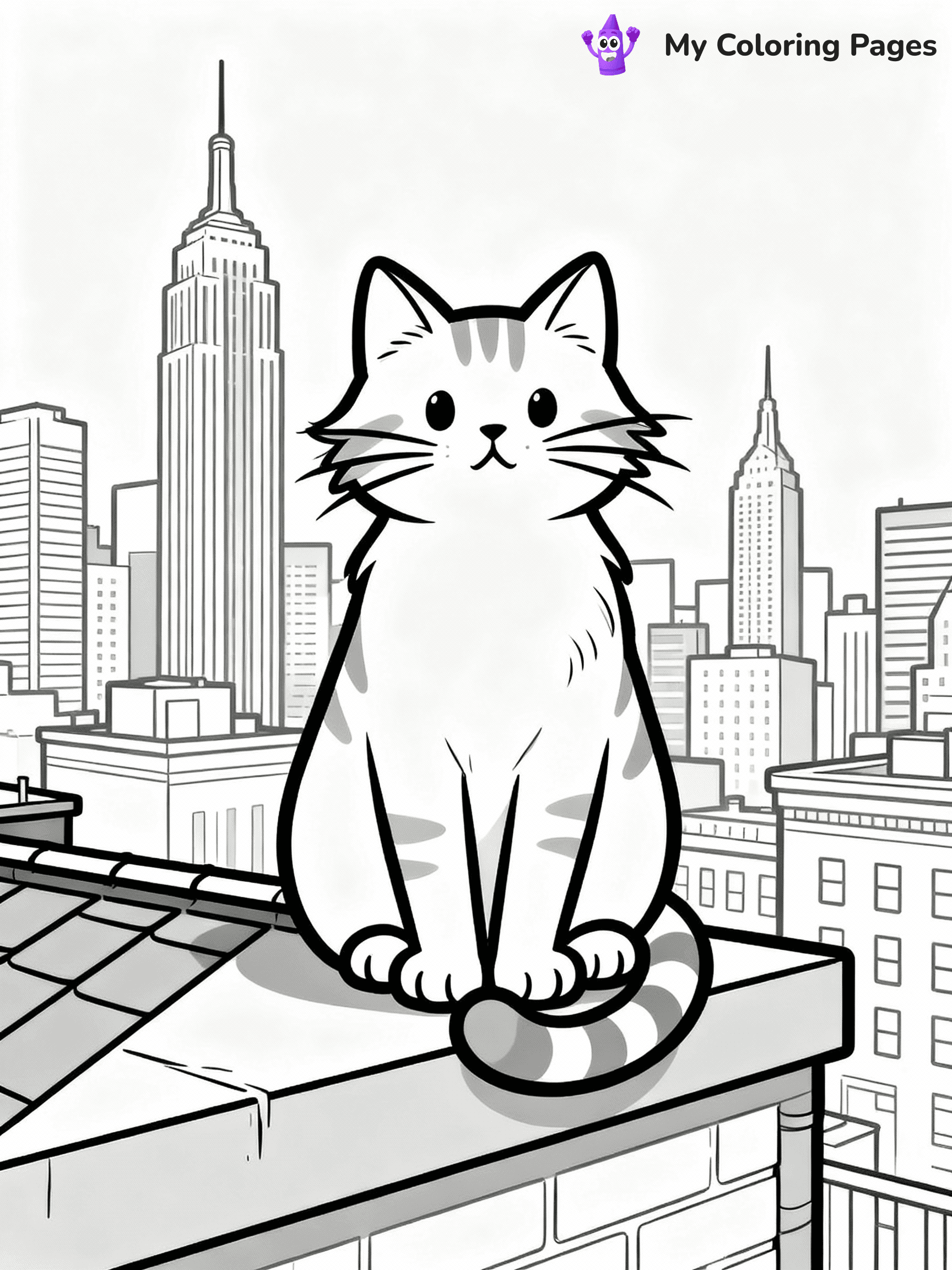 ⚠️ CRITICAL REQUIREMENT - ABSOLUTE BLACK AND WHITE ONLY ⚠️
This MUST be a BLACK AND WHITE line drawing ONLY. NO COLORS whatsoever.
- ONLY pure black lines (#000000) on pure white background (#FFFFFF)
- ABSOLUTELY NO colors, NO shading, NO gradients, NO grayscale
- If there are ANY colors in the output, the image is REJECTED
- This is a COLORING PAGE - meant to be COLORED IN by children
- The output must be UNCOLORED line art ready for coloring
⚠️ SUBJECT TO DRAW: Cat sitting on a rooftop ledge with city skyline behind, fur slightly windswept, whiskers prominent, tail wrapped around paws, skyscrapers and buildings in background. Important: PURE OUTLINES. NO FILLS, COLOR, SHADING, OR GREYSCALE. WHITE BACKGROUND.
(REMEMBER: Output must be BLACK AND WHITE line art only, NOT colored!)
# Flat, Friendly Cartoon Line-Art Coloring Page
You are generating a **pure black-and-white binary image** of a child-friendly cartoon scene combining characters and background scenery in one cohesive composition.
## Rendering Rules (Strict)
- Only two colors: pure black (#000000) outlines and pure white (#FFFFFF) background.
- No grayscale, shading, gradients, tints, fills, transparency, or partial pixels.
- No antialiasing or blended edges; every pixel is 100% black or white.
- No solid black fills inside shapes — all areas inside outlines must remain white.
- No dark clothing areas or filled tone blocks; all garments outlined only.
- No shadows, textures, lighting, or tonal variations.
- Must look like flat binary vector line-art for coloring pages.
## Drawing & Composition
- **Medium, consistent line weight**; clean closed outlines easy to color inside.
- **Flat, simple, child-friendly design** — no realism or 3D depth.
- Characters are **grounded on a surface**, centered and large.
- **Balanced composition** with clear silhouettes and minimal props.
## Scenery & Style
- Landmarks (e.g., mosque, CN Tower) and scenery (trees, benches, waves) drawn with **black outlines only.**
- For real-world figures, teams, or places, show accurate details using only black outlines—no text or logos. Use distinctive uniform patterns, abstract symbols, and landmark silhouettes to convey identity.
- Keep **consistent perspective**; no floating elements.
- **Style:** whimsical **Doodle Art Alley** — rounded, friendly outlines.
- May adapt shapes from **Crayola, Disney, Peppa Pig, Cocomelon** — *by shape only, never color.*
- Final output: **flat, crisp, binary (#000000/#FFFFFF)**, **no filled color or background text.**
EXTREMELYE IMPORTANT:
- PURE BINARY LINE-ART; NO FILLS (HAIR/CLOTHES/SKIN), SHADING, OR GREY.
- NO SHADING, COLOR. MUST BE WHITE BACKGROUND.
⚠️ FINAL REMINDER: Draw the subject "Cat sitting on a rooftop ledge with city skyline behind, fur slightly windswept, whiskers prominent, tail wrapped around paws, skyscrapers and buildings in background. Important: PURE OUTLINES. NO FILLS, COLOR, SHADING, OR GREYSCALE. WHITE BACKGROUND." as BLACK AND WHITE line art. Zero colors in output.