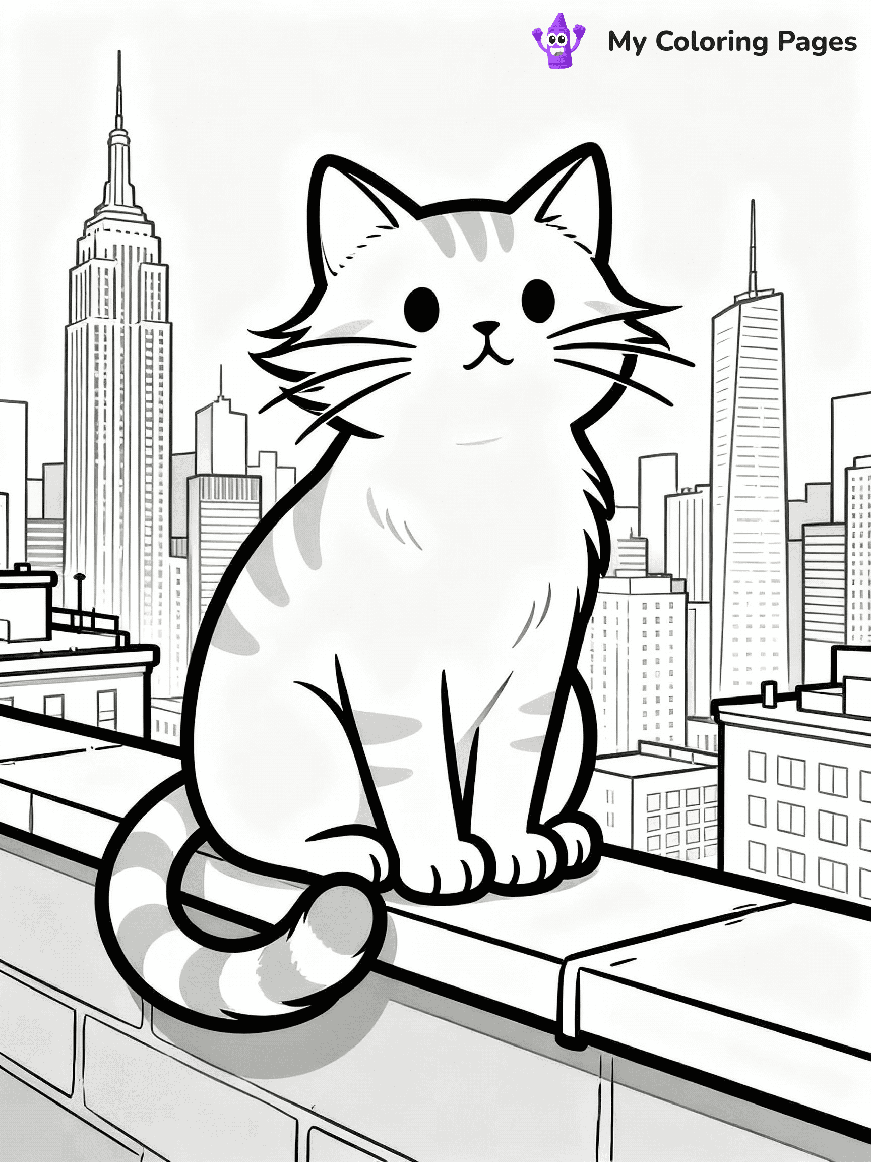 ⚠️ CRITICAL REQUIREMENT - ABSOLUTE BLACK AND WHITE ONLY ⚠️
This MUST be a BLACK AND WHITE line drawing ONLY. NO COLORS whatsoever.
- ONLY pure black lines (#000000) on pure white background (#FFFFFF)
- ABSOLUTELY NO colors, NO shading, NO gradients, NO grayscale
- If there are ANY colors in the output, the image is REJECTED
- This is a COLORING PAGE - meant to be COLORED IN by children
- The output must be UNCOLORED line art ready for coloring
⚠️ SUBJECT TO DRAW: Cat sitting on a rooftop ledge with city skyline behind, fur slightly windswept, whiskers prominent, tail wrapped around paws, skyscrapers and buildings in background. Important: PURE OUTLINES. NO FILLS, COLOR, SHADING, OR GREYSCALE. WHITE BACKGROUND.
(REMEMBER: Output must be BLACK AND WHITE line art only, NOT colored!)
# Flat, Friendly Cartoon Line-Art Coloring Page
You are generating a **pure black-and-white binary image** of a child-friendly cartoon scene combining characters and background scenery in one cohesive composition.
## Rendering Rules (Strict)
- Only two colors: pure black (#000000) outlines and pure white (#FFFFFF) background.
- No grayscale, shading, gradients, tints, fills, transparency, or partial pixels.
- No antialiasing or blended edges; every pixel is 100% black or white.
- No solid black fills inside shapes — all areas inside outlines must remain white.
- No dark clothing areas or filled tone blocks; all garments outlined only.
- No shadows, textures, lighting, or tonal variations.
- Must look like flat binary vector line-art for coloring pages.
## Drawing & Composition
- **Medium, consistent line weight**; clean closed outlines easy to color inside.
- **Flat, simple, child-friendly design** — no realism or 3D depth.
- Characters are **grounded on a surface**, centered and large.
- **Balanced composition** with clear silhouettes and minimal props.
## Scenery & Style
- Landmarks (e.g., mosque, CN Tower) and scenery (trees, benches, waves) drawn with **black outlines only.**
- For real-world figures, teams, or places, show accurate details using only black outlines—no text or logos. Use distinctive uniform patterns, abstract symbols, and landmark silhouettes to convey identity.
- Keep **consistent perspective**; no floating elements.
- **Style:** whimsical **Doodle Art Alley** — rounded, friendly outlines.
- May adapt shapes from **Crayola, Disney, Peppa Pig, Cocomelon** — *by shape only, never color.*
- Final output: **flat, crisp, binary (#000000/#FFFFFF)**, **no filled color or background text.**
EXTREMELYE IMPORTANT:
- PURE BINARY LINE-ART; NO FILLS (HAIR/CLOTHES/SKIN), SHADING, OR GREY.
- NO SHADING, COLOR. MUST BE WHITE BACKGROUND.
⚠️ FINAL REMINDER: Draw the subject "Cat sitting on a rooftop ledge with city skyline behind, fur slightly windswept, whiskers prominent, tail wrapped around paws, skyscrapers and buildings in background. Important: PURE OUTLINES. NO FILLS, COLOR, SHADING, OR GREYSCALE. WHITE BACKGROUND." as BLACK AND WHITE line art. Zero colors in output.