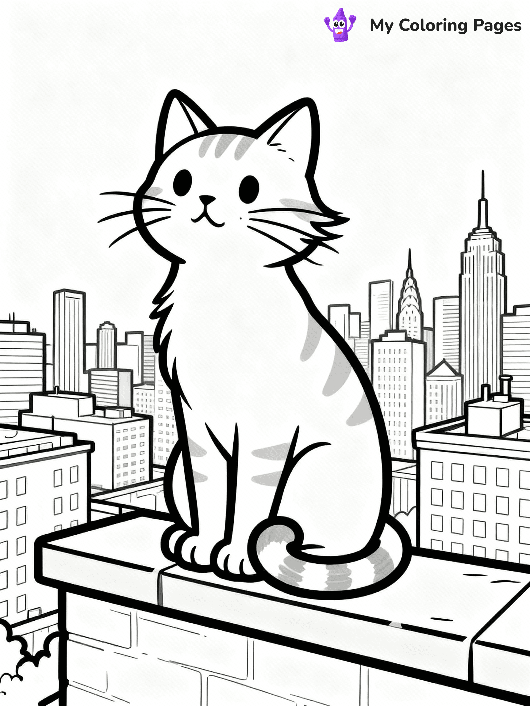 ⚠️ CRITICAL REQUIREMENT - ABSOLUTE BLACK AND WHITE ONLY ⚠️
This MUST be a BLACK AND WHITE line drawing ONLY. NO COLORS whatsoever.
- ONLY pure black lines (#000000) on pure white background (#FFFFFF)
- ABSOLUTELY NO colors, NO shading, NO gradients, NO grayscale
- If there are ANY colors in the output, the image is REJECTED
- This is a COLORING PAGE - meant to be COLORED IN by children
- The output must be UNCOLORED line art ready for coloring
⚠️ SUBJECT TO DRAW: Cat sitting on a rooftop ledge with city skyline behind, fur slightly windswept, whiskers prominent, tail wrapped around paws, skyscrapers and buildings in background. Important: PURE OUTLINES. NO FILLS, COLOR, SHADING, OR GREYSCALE. WHITE BACKGROUND.
(REMEMBER: Output must be BLACK AND WHITE line art only, NOT colored!)
# Flat, Friendly Cartoon Line-Art Coloring Page
You are generating a **pure black-and-white binary image** of a child-friendly cartoon scene combining characters and background scenery in one cohesive composition.
## Rendering Rules (Strict)
- Only two colors: pure black (#000000) outlines and pure white (#FFFFFF) background.
- No grayscale, shading, gradients, tints, fills, transparency, or partial pixels.
- No antialiasing or blended edges; every pixel is 100% black or white.
- No solid black fills inside shapes — all areas inside outlines must remain white.
- No dark clothing areas or filled tone blocks; all garments outlined only.
- No shadows, textures, lighting, or tonal variations.
- Must look like flat binary vector line-art for coloring pages.
## Drawing & Composition
- **Medium, consistent line weight**; clean closed outlines easy to color inside.
- **Flat, simple, child-friendly design** — no realism or 3D depth.
- Characters are **grounded on a surface**, centered and large.
- **Balanced composition** with clear silhouettes and minimal props.
## Scenery & Style
- Landmarks (e.g., mosque, CN Tower) and scenery (trees, benches, waves) drawn with **black outlines only.**
- For real-world figures, teams, or places, show accurate details using only black outlines—no text or logos. Use distinctive uniform patterns, abstract symbols, and landmark silhouettes to convey identity.
- Keep **consistent perspective**; no floating elements.
- **Style:** whimsical **Doodle Art Alley** — rounded, friendly outlines.
- May adapt shapes from **Crayola, Disney, Peppa Pig, Cocomelon** — *by shape only, never color.*
- Final output: **flat, crisp, binary (#000000/#FFFFFF)**, **no filled color or background text.**
EXTREMELYE IMPORTANT:
- PURE BINARY LINE-ART; NO FILLS (HAIR/CLOTHES/SKIN), SHADING, OR GREY.
- NO SHADING, COLOR. MUST BE WHITE BACKGROUND.
⚠️ FINAL REMINDER: Draw the subject "Cat sitting on a rooftop ledge with city skyline behind, fur slightly windswept, whiskers prominent, tail wrapped around paws, skyscrapers and buildings in background. Important: PURE OUTLINES. NO FILLS, COLOR, SHADING, OR GREYSCALE. WHITE BACKGROUND." as BLACK AND WHITE line art. Zero colors in output.