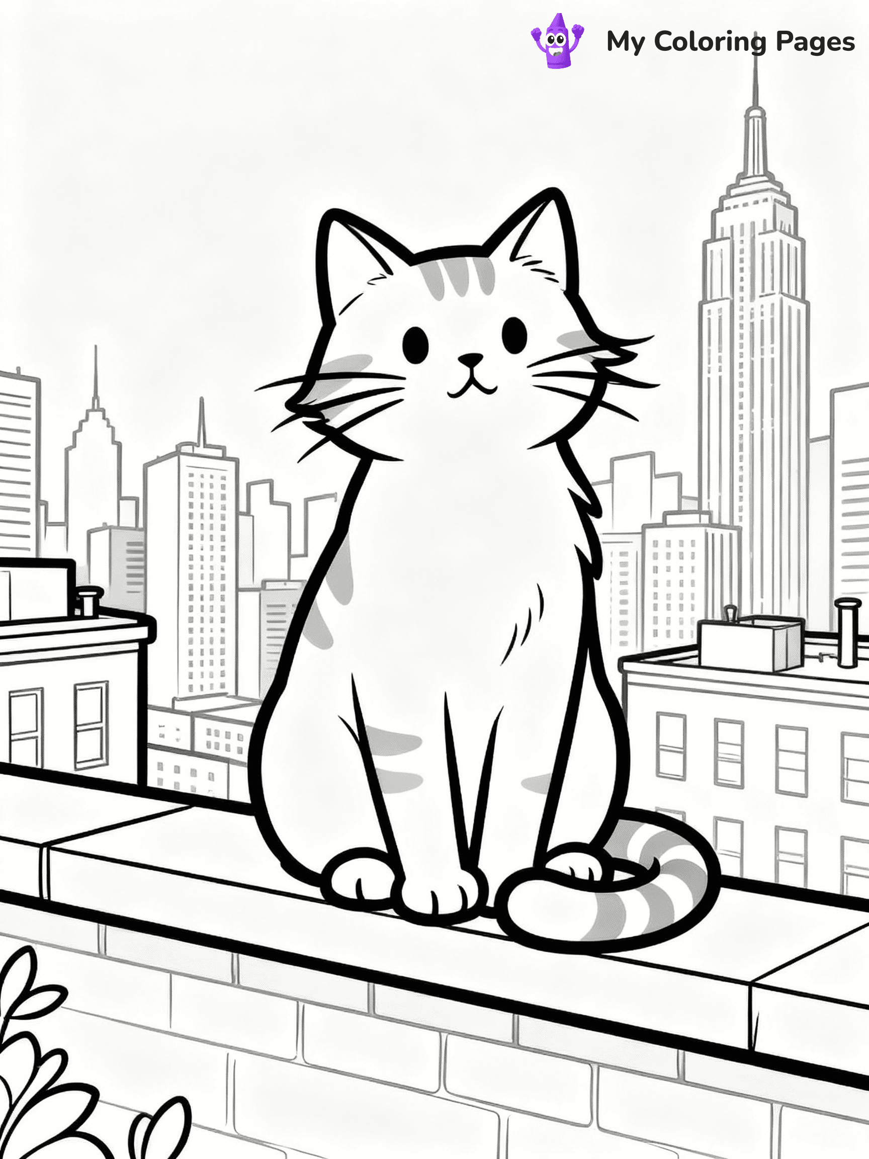 ⚠️ CRITICAL REQUIREMENT - ABSOLUTE BLACK AND WHITE ONLY ⚠️
This MUST be a BLACK AND WHITE line drawing ONLY. NO COLORS whatsoever.
- ONLY pure black lines (#000000) on pure white background (#FFFFFF)
- ABSOLUTELY NO colors, NO shading, NO gradients, NO grayscale
- If there are ANY colors in the output, the image is REJECTED
- This is a COLORING PAGE - meant to be COLORED IN by children
- The output must be UNCOLORED line art ready for coloring
⚠️ SUBJECT TO DRAW: Cat sitting on a rooftop ledge with city skyline behind, fur slightly windswept, whiskers prominent, tail wrapped around paws, skyscrapers and buildings in background. Important: PURE OUTLINES. NO FILLS, COLOR, SHADING, OR GREYSCALE. WHITE BACKGROUND.
(REMEMBER: Output must be BLACK AND WHITE line art only, NOT colored!)
# Flat, Friendly Cartoon Line-Art Coloring Page
You are generating a **pure black-and-white binary image** of a child-friendly cartoon scene combining characters and background scenery in one cohesive composition.
## Rendering Rules (Strict)
- Only two colors: pure black (#000000) outlines and pure white (#FFFFFF) background.
- No grayscale, shading, gradients, tints, fills, transparency, or partial pixels.
- No antialiasing or blended edges; every pixel is 100% black or white.
- No solid black fills inside shapes — all areas inside outlines must remain white.
- No dark clothing areas or filled tone blocks; all garments outlined only.
- No shadows, textures, lighting, or tonal variations.
- Must look like flat binary vector line-art for coloring pages.
## Drawing & Composition
- **Medium, consistent line weight**; clean closed outlines easy to color inside.
- **Flat, simple, child-friendly design** — no realism or 3D depth.
- Characters are **grounded on a surface**, centered and large.
- **Balanced composition** with clear silhouettes and minimal props.
## Scenery & Style
- Landmarks (e.g., mosque, CN Tower) and scenery (trees, benches, waves) drawn with **black outlines only.**
- For real-world figures, teams, or places, show accurate details using only black outlines—no text or logos. Use distinctive uniform patterns, abstract symbols, and landmark silhouettes to convey identity.
- Keep **consistent perspective**; no floating elements.
- **Style:** whimsical **Doodle Art Alley** — rounded, friendly outlines.
- May adapt shapes from **Crayola, Disney, Peppa Pig, Cocomelon** — *by shape only, never color.*
- Final output: **flat, crisp, binary (#000000/#FFFFFF)**, **no filled color or background text.**
EXTREMELYE IMPORTANT:
- PURE BINARY LINE-ART; NO FILLS (HAIR/CLOTHES/SKIN), SHADING, OR GREY.
- NO SHADING, COLOR. MUST BE WHITE BACKGROUND.
⚠️ FINAL REMINDER: Draw the subject "Cat sitting on a rooftop ledge with city skyline behind, fur slightly windswept, whiskers prominent, tail wrapped around paws, skyscrapers and buildings in background. Important: PURE OUTLINES. NO FILLS, COLOR, SHADING, OR GREYSCALE. WHITE BACKGROUND." as BLACK AND WHITE line art. Zero colors in output.