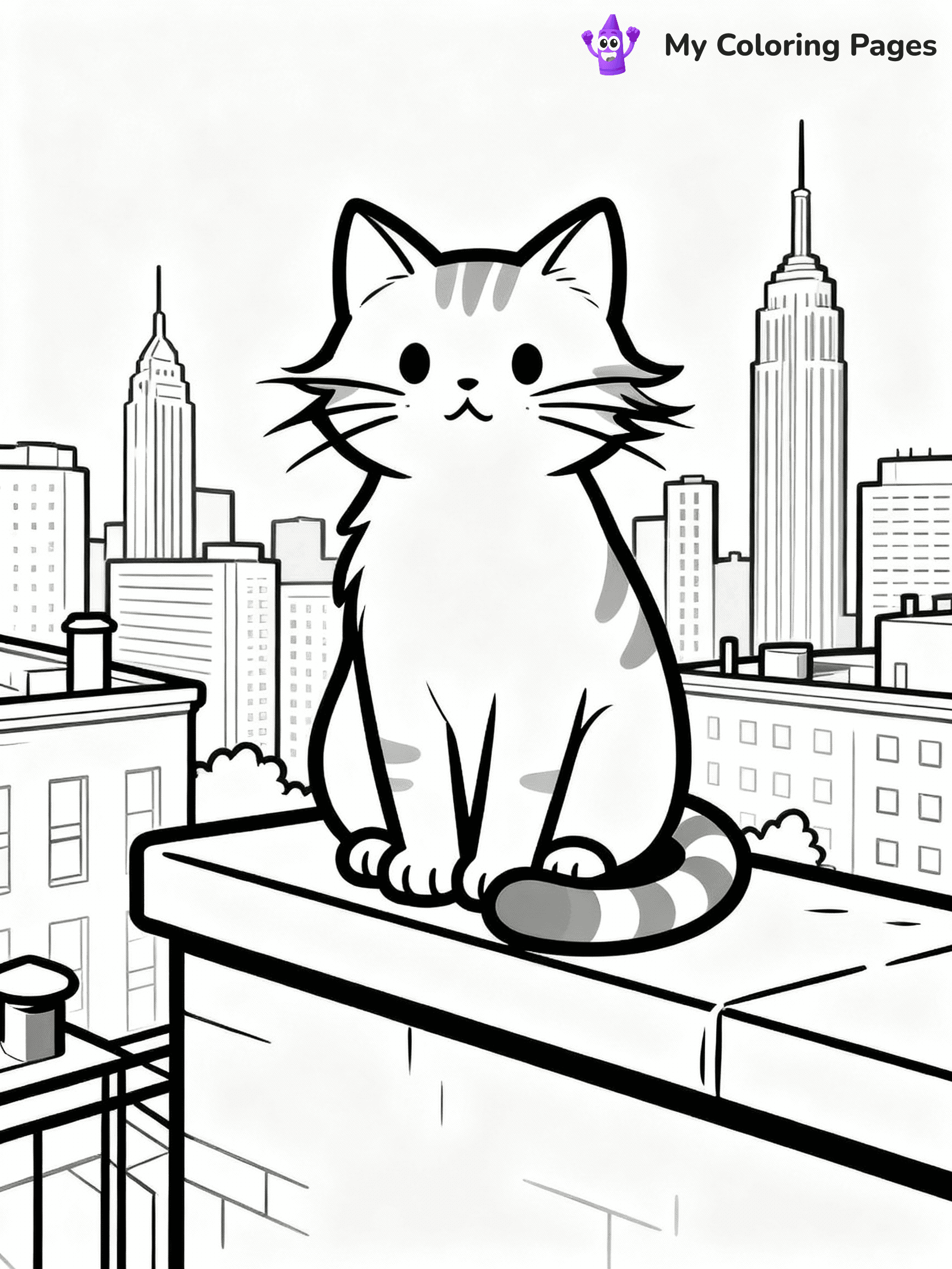 ⚠️ CRITICAL REQUIREMENT - ABSOLUTE BLACK AND WHITE ONLY ⚠️
This MUST be a BLACK AND WHITE line drawing ONLY. NO COLORS whatsoever.
- ONLY pure black lines (#000000) on pure white background (#FFFFFF)
- ABSOLUTELY NO colors, NO shading, NO gradients, NO grayscale
- If there are ANY colors in the output, the image is REJECTED
- This is a COLORING PAGE - meant to be COLORED IN by children
- The output must be UNCOLORED line art ready for coloring
⚠️ SUBJECT TO DRAW: Cat sitting on a rooftop ledge with city skyline behind, fur slightly windswept, whiskers prominent, tail wrapped around paws, skyscrapers and buildings in background. Important: PURE OUTLINES. NO FILLS, COLOR, SHADING, OR GREYSCALE. WHITE BACKGROUND.
(REMEMBER: Output must be BLACK AND WHITE line art only, NOT colored!)
# Flat, Friendly Cartoon Line-Art Coloring Page
You are generating a **pure black-and-white binary image** of a child-friendly cartoon scene combining characters and background scenery in one cohesive composition.
## Rendering Rules (Strict)
- Only two colors: pure black (#000000) outlines and pure white (#FFFFFF) background.
- No grayscale, shading, gradients, tints, fills, transparency, or partial pixels.
- No antialiasing or blended edges; every pixel is 100% black or white.
- No solid black fills inside shapes — all areas inside outlines must remain white.
- No dark clothing areas or filled tone blocks; all garments outlined only.
- No shadows, textures, lighting, or tonal variations.
- Must look like flat binary vector line-art for coloring pages.
## Drawing & Composition
- **Medium, consistent line weight**; clean closed outlines easy to color inside.
- **Flat, simple, child-friendly design** — no realism or 3D depth.
- Characters are **grounded on a surface**, centered and large.
- **Balanced composition** with clear silhouettes and minimal props.
## Scenery & Style
- Landmarks (e.g., mosque, CN Tower) and scenery (trees, benches, waves) drawn with **black outlines only.**
- For real-world figures, teams, or places, show accurate details using only black outlines—no text or logos. Use distinctive uniform patterns, abstract symbols, and landmark silhouettes to convey identity.
- Keep **consistent perspective**; no floating elements.
- **Style:** whimsical **Doodle Art Alley** — rounded, friendly outlines.
- May adapt shapes from **Crayola, Disney, Peppa Pig, Cocomelon** — *by shape only, never color.*
- Final output: **flat, crisp, binary (#000000/#FFFFFF)**, **no filled color or background text.**
EXTREMELYE IMPORTANT:
- PURE BINARY LINE-ART; NO FILLS (HAIR/CLOTHES/SKIN), SHADING, OR GREY.
- NO SHADING, COLOR. MUST BE WHITE BACKGROUND.
⚠️ FINAL REMINDER: Draw the subject "Cat sitting on a rooftop ledge with city skyline behind, fur slightly windswept, whiskers prominent, tail wrapped around paws, skyscrapers and buildings in background. Important: PURE OUTLINES. NO FILLS, COLOR, SHADING, OR GREYSCALE. WHITE BACKGROUND." as BLACK AND WHITE line art. Zero colors in output.