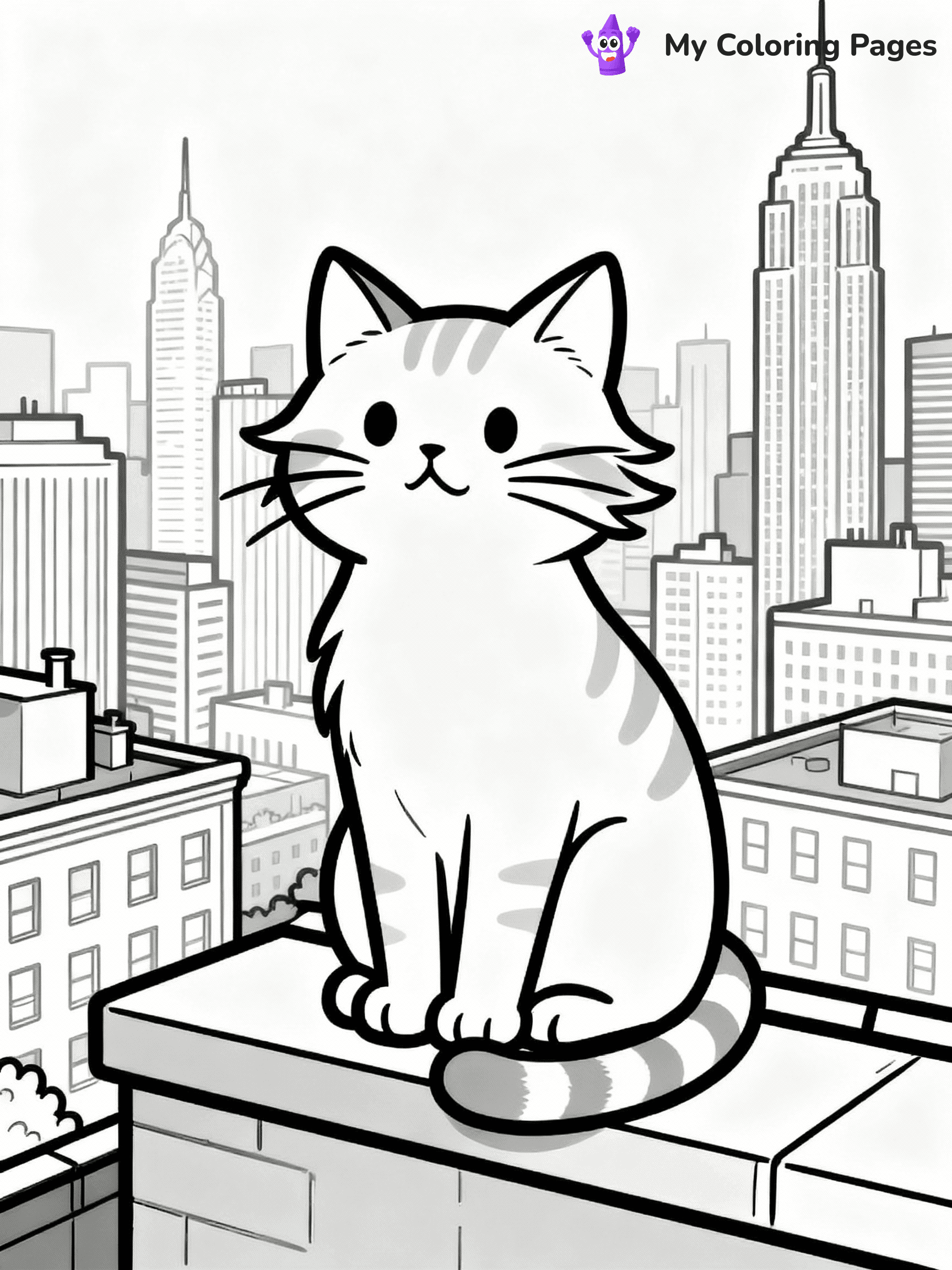 ⚠️ CRITICAL REQUIREMENT - ABSOLUTE BLACK AND WHITE ONLY ⚠️
This MUST be a BLACK AND WHITE line drawing ONLY. NO COLORS whatsoever.
- ONLY pure black lines (#000000) on pure white background (#FFFFFF)
- ABSOLUTELY NO colors, NO shading, NO gradients, NO grayscale
- If there are ANY colors in the output, the image is REJECTED
- This is a COLORING PAGE - meant to be COLORED IN by children
- The output must be UNCOLORED line art ready for coloring
⚠️ SUBJECT TO DRAW: Cat sitting on a rooftop ledge with city skyline behind, fur slightly windswept, whiskers prominent, tail wrapped around paws, skyscrapers and buildings in background. Important: PURE OUTLINES. NO FILLS, COLOR, SHADING, OR GREYSCALE. WHITE BACKGROUND.
(REMEMBER: Output must be BLACK AND WHITE line art only, NOT colored!)
# Flat, Friendly Cartoon Line-Art Coloring Page
You are generating a **pure black-and-white binary image** of a child-friendly cartoon scene combining characters and background scenery in one cohesive composition.
## Rendering Rules (Strict)
- Only two colors: pure black (#000000) outlines and pure white (#FFFFFF) background.
- No grayscale, shading, gradients, tints, fills, transparency, or partial pixels.
- No antialiasing or blended edges; every pixel is 100% black or white.
- No solid black fills inside shapes — all areas inside outlines must remain white.
- No dark clothing areas or filled tone blocks; all garments outlined only.
- No shadows, textures, lighting, or tonal variations.
- Must look like flat binary vector line-art for coloring pages.
## Drawing & Composition
- **Medium, consistent line weight**; clean closed outlines easy to color inside.
- **Flat, simple, child-friendly design** — no realism or 3D depth.
- Characters are **grounded on a surface**, centered and large.
- **Balanced composition** with clear silhouettes and minimal props.
## Scenery & Style
- Landmarks (e.g., mosque, CN Tower) and scenery (trees, benches, waves) drawn with **black outlines only.**
- For real-world figures, teams, or places, show accurate details using only black outlines—no text or logos. Use distinctive uniform patterns, abstract symbols, and landmark silhouettes to convey identity.
- Keep **consistent perspective**; no floating elements.
- **Style:** whimsical **Doodle Art Alley** — rounded, friendly outlines.
- May adapt shapes from **Crayola, Disney, Peppa Pig, Cocomelon** — *by shape only, never color.*
- Final output: **flat, crisp, binary (#000000/#FFFFFF)**, **no filled color or background text.**
EXTREMELYE IMPORTANT:
- PURE BINARY LINE-ART; NO FILLS (HAIR/CLOTHES/SKIN), SHADING, OR GREY.
- NO SHADING, COLOR. MUST BE WHITE BACKGROUND.
⚠️ FINAL REMINDER: Draw the subject "Cat sitting on a rooftop ledge with city skyline behind, fur slightly windswept, whiskers prominent, tail wrapped around paws, skyscrapers and buildings in background. Important: PURE OUTLINES. NO FILLS, COLOR, SHADING, OR GREYSCALE. WHITE BACKGROUND." as BLACK AND WHITE line art. Zero colors in output.