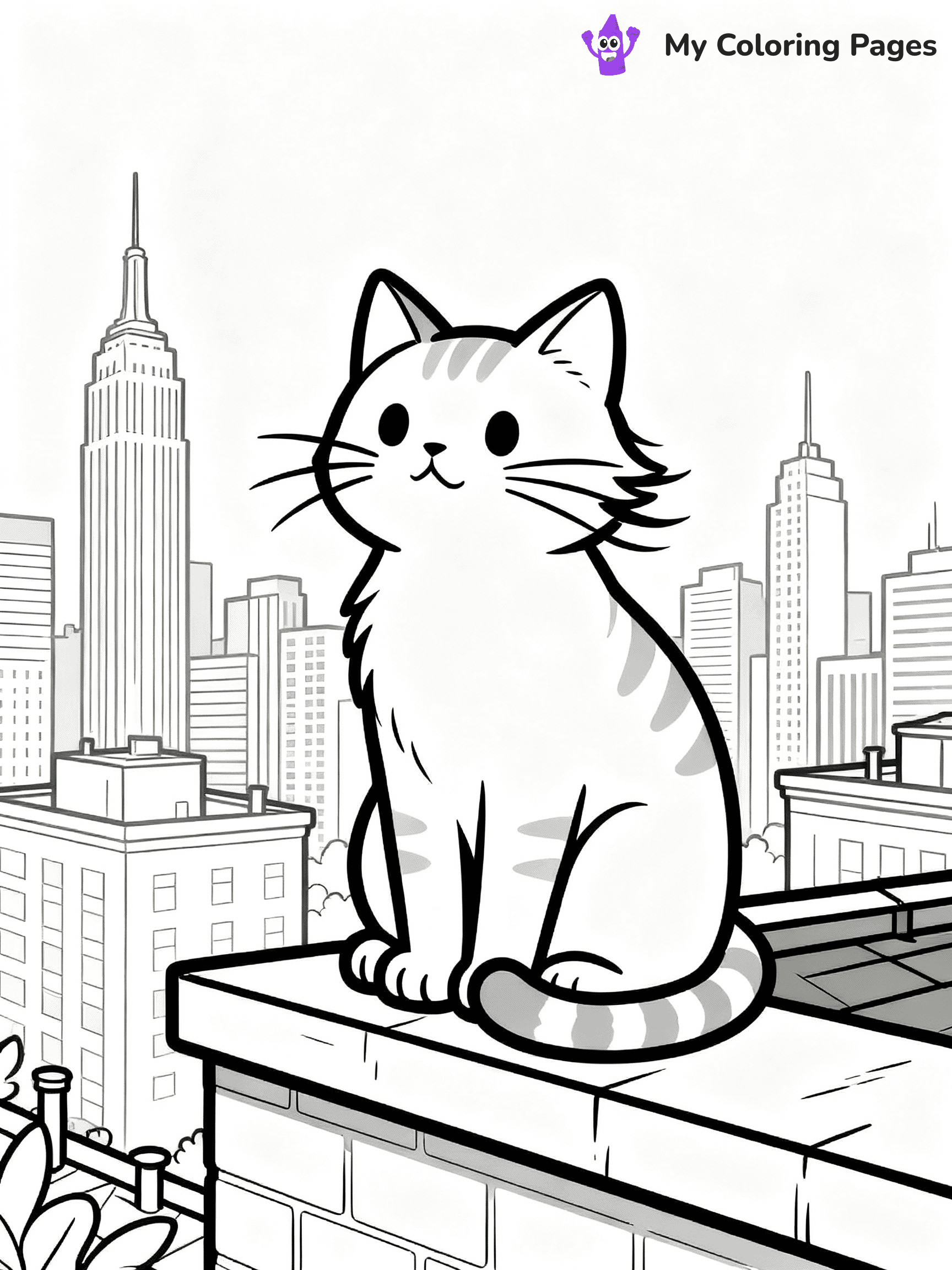 ⚠️ CRITICAL REQUIREMENT - ABSOLUTE BLACK AND WHITE ONLY ⚠️
This MUST be a BLACK AND WHITE line drawing ONLY. NO COLORS whatsoever.
- ONLY pure black lines (#000000) on pure white background (#FFFFFF)
- ABSOLUTELY NO colors, NO shading, NO gradients, NO grayscale
- If there are ANY colors in the output, the image is REJECTED
- This is a COLORING PAGE - meant to be COLORED IN by children
- The output must be UNCOLORED line art ready for coloring
⚠️ SUBJECT TO DRAW: Cat sitting on a rooftop ledge with city skyline behind, fur slightly windswept, whiskers prominent, tail wrapped around paws, skyscrapers and buildings in background. Important: PURE OUTLINES. NO FILLS, COLOR, SHADING, OR GREYSCALE. WHITE BACKGROUND.
(REMEMBER: Output must be BLACK AND WHITE line art only, NOT colored!)
# Flat, Friendly Cartoon Line-Art Coloring Page
You are generating a **pure black-and-white binary image** of a child-friendly cartoon scene combining characters and background scenery in one cohesive composition.
## Rendering Rules (Strict)
- Only two colors: pure black (#000000) outlines and pure white (#FFFFFF) background.
- No grayscale, shading, gradients, tints, fills, transparency, or partial pixels.
- No antialiasing or blended edges; every pixel is 100% black or white.
- No solid black fills inside shapes — all areas inside outlines must remain white.
- No dark clothing areas or filled tone blocks; all garments outlined only.
- No shadows, textures, lighting, or tonal variations.
- Must look like flat binary vector line-art for coloring pages.
## Drawing & Composition
- **Medium, consistent line weight**; clean closed outlines easy to color inside.
- **Flat, simple, child-friendly design** — no realism or 3D depth.
- Characters are **grounded on a surface**, centered and large.
- **Balanced composition** with clear silhouettes and minimal props.
## Scenery & Style
- Landmarks (e.g., mosque, CN Tower) and scenery (trees, benches, waves) drawn with **black outlines only.**
- For real-world figures, teams, or places, show accurate details using only black outlines—no text or logos. Use distinctive uniform patterns, abstract symbols, and landmark silhouettes to convey identity.
- Keep **consistent perspective**; no floating elements.
- **Style:** whimsical **Doodle Art Alley** — rounded, friendly outlines.
- May adapt shapes from **Crayola, Disney, Peppa Pig, Cocomelon** — *by shape only, never color.*
- Final output: **flat, crisp, binary (#000000/#FFFFFF)**, **no filled color or background text.**
EXTREMELYE IMPORTANT:
- PURE BINARY LINE-ART; NO FILLS (HAIR/CLOTHES/SKIN), SHADING, OR GREY.
- NO SHADING, COLOR. MUST BE WHITE BACKGROUND.
⚠️ FINAL REMINDER: Draw the subject "Cat sitting on a rooftop ledge with city skyline behind, fur slightly windswept, whiskers prominent, tail wrapped around paws, skyscrapers and buildings in background. Important: PURE OUTLINES. NO FILLS, COLOR, SHADING, OR GREYSCALE. WHITE BACKGROUND." as BLACK AND WHITE line art. Zero colors in output.