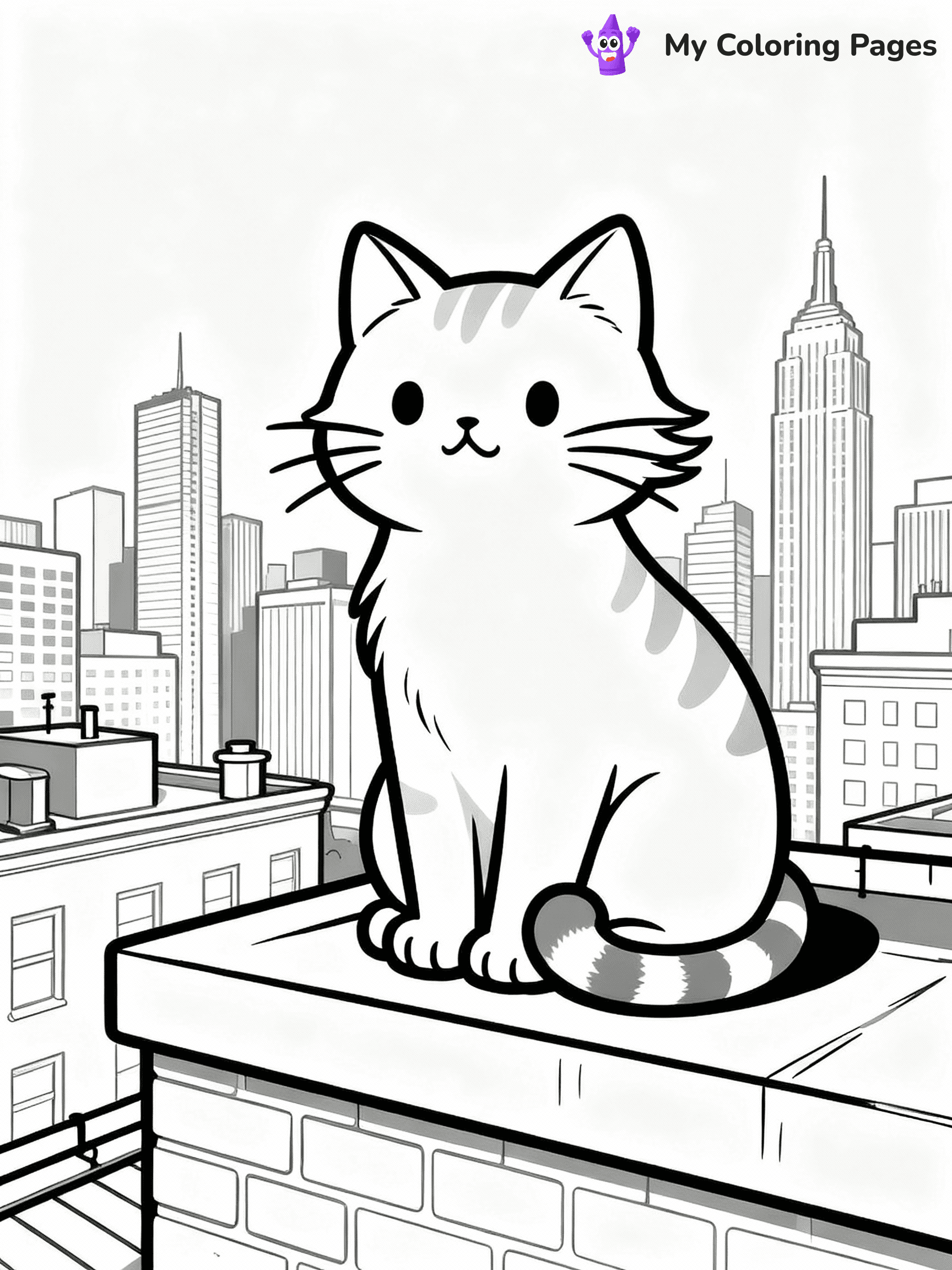 ⚠️ CRITICAL REQUIREMENT - ABSOLUTE BLACK AND WHITE ONLY ⚠️
This MUST be a BLACK AND WHITE line drawing ONLY. NO COLORS whatsoever.
- ONLY pure black lines (#000000) on pure white background (#FFFFFF)
- ABSOLUTELY NO colors, NO shading, NO gradients, NO grayscale
- If there are ANY colors in the output, the image is REJECTED
- This is a COLORING PAGE - meant to be COLORED IN by children
- The output must be UNCOLORED line art ready for coloring
⚠️ SUBJECT TO DRAW: Cat sitting on a rooftop ledge with city skyline behind, fur slightly windswept, whiskers prominent, tail wrapped around paws, skyscrapers and buildings in background. Important: PURE OUTLINES. NO FILLS, COLOR, SHADING, OR GREYSCALE. WHITE BACKGROUND.
(REMEMBER: Output must be BLACK AND WHITE line art only, NOT colored!)
# Flat, Friendly Cartoon Line-Art Coloring Page
You are generating a **pure black-and-white binary image** of a child-friendly cartoon scene combining characters and background scenery in one cohesive composition.
## Rendering Rules (Strict)
- Only two colors: pure black (#000000) outlines and pure white (#FFFFFF) background.
- No grayscale, shading, gradients, tints, fills, transparency, or partial pixels.
- No antialiasing or blended edges; every pixel is 100% black or white.
- No solid black fills inside shapes — all areas inside outlines must remain white.
- No dark clothing areas or filled tone blocks; all garments outlined only.
- No shadows, textures, lighting, or tonal variations.
- Must look like flat binary vector line-art for coloring pages.
## Drawing & Composition
- **Medium, consistent line weight**; clean closed outlines easy to color inside.
- **Flat, simple, child-friendly design** — no realism or 3D depth.
- Characters are **grounded on a surface**, centered and large.
- **Balanced composition** with clear silhouettes and minimal props.
## Scenery & Style
- Landmarks (e.g., mosque, CN Tower) and scenery (trees, benches, waves) drawn with **black outlines only.**
- For real-world figures, teams, or places, show accurate details using only black outlines—no text or logos. Use distinctive uniform patterns, abstract symbols, and landmark silhouettes to convey identity.
- Keep **consistent perspective**; no floating elements.
- **Style:** whimsical **Doodle Art Alley** — rounded, friendly outlines.
- May adapt shapes from **Crayola, Disney, Peppa Pig, Cocomelon** — *by shape only, never color.*
- Final output: **flat, crisp, binary (#000000/#FFFFFF)**, **no filled color or background text.**
EXTREMELYE IMPORTANT:
- PURE BINARY LINE-ART; NO FILLS (HAIR/CLOTHES/SKIN), SHADING, OR GREY.
- NO SHADING, COLOR. MUST BE WHITE BACKGROUND.
⚠️ FINAL REMINDER: Draw the subject "Cat sitting on a rooftop ledge with city skyline behind, fur slightly windswept, whiskers prominent, tail wrapped around paws, skyscrapers and buildings in background. Important: PURE OUTLINES. NO FILLS, COLOR, SHADING, OR GREYSCALE. WHITE BACKGROUND." as BLACK AND WHITE line art. Zero colors in output.