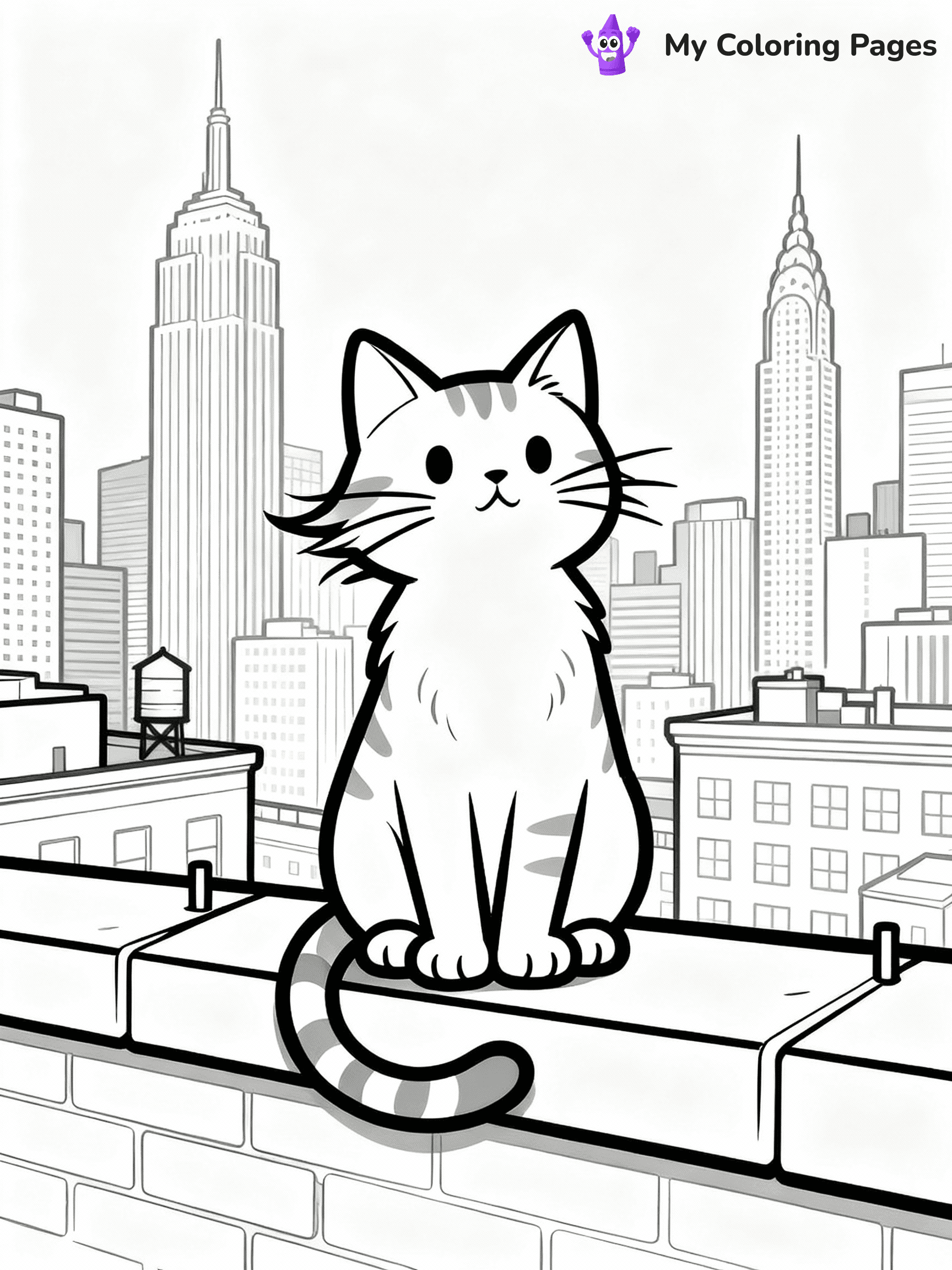 ⚠️ CRITICAL REQUIREMENT - ABSOLUTE BLACK AND WHITE ONLY ⚠️
This MUST be a BLACK AND WHITE line drawing ONLY. NO COLORS whatsoever.
- ONLY pure black lines (#000000) on pure white background (#FFFFFF)
- ABSOLUTELY NO colors, NO shading, NO gradients, NO grayscale
- If there are ANY colors in the output, the image is REJECTED
- This is a COLORING PAGE - meant to be COLORED IN by children
- The output must be UNCOLORED line art ready for coloring
⚠️ SUBJECT TO DRAW: Cat sitting on a rooftop ledge with city skyline behind, fur slightly windswept, whiskers prominent, tail wrapped around paws, skyscrapers and buildings in background. Important: PURE OUTLINES. NO FILLS, COLOR, SHADING, OR GREYSCALE. WHITE BACKGROUND.
(REMEMBER: Output must be BLACK AND WHITE line art only, NOT colored!)
# Flat, Friendly Cartoon Line-Art Coloring Page
You are generating a **pure black-and-white binary image** of a child-friendly cartoon scene combining characters and background scenery in one cohesive composition.
## Rendering Rules (Strict)
- Only two colors: pure black (#000000) outlines and pure white (#FFFFFF) background.
- No grayscale, shading, gradients, tints, fills, transparency, or partial pixels.
- No antialiasing or blended edges; every pixel is 100% black or white.
- No solid black fills inside shapes — all areas inside outlines must remain white.
- No dark clothing areas or filled tone blocks; all garments outlined only.
- No shadows, textures, lighting, or tonal variations.
- Must look like flat binary vector line-art for coloring pages.
## Drawing & Composition
- **Medium, consistent line weight**; clean closed outlines easy to color inside.
- **Flat, simple, child-friendly design** — no realism or 3D depth.
- Characters are **grounded on a surface**, centered and large.
- **Balanced composition** with clear silhouettes and minimal props.
## Scenery & Style
- Landmarks (e.g., mosque, CN Tower) and scenery (trees, benches, waves) drawn with **black outlines only.**
- For real-world figures, teams, or places, show accurate details using only black outlines—no text or logos. Use distinctive uniform patterns, abstract symbols, and landmark silhouettes to convey identity.
- Keep **consistent perspective**; no floating elements.
- **Style:** whimsical **Doodle Art Alley** — rounded, friendly outlines.
- May adapt shapes from **Crayola, Disney, Peppa Pig, Cocomelon** — *by shape only, never color.*
- Final output: **flat, crisp, binary (#000000/#FFFFFF)**, **no filled color or background text.**
EXTREMELYE IMPORTANT:
- PURE BINARY LINE-ART; NO FILLS (HAIR/CLOTHES/SKIN), SHADING, OR GREY.
- NO SHADING, COLOR. MUST BE WHITE BACKGROUND.
⚠️ FINAL REMINDER: Draw the subject "Cat sitting on a rooftop ledge with city skyline behind, fur slightly windswept, whiskers prominent, tail wrapped around paws, skyscrapers and buildings in background. Important: PURE OUTLINES. NO FILLS, COLOR, SHADING, OR GREYSCALE. WHITE BACKGROUND." as BLACK AND WHITE line art. Zero colors in output.