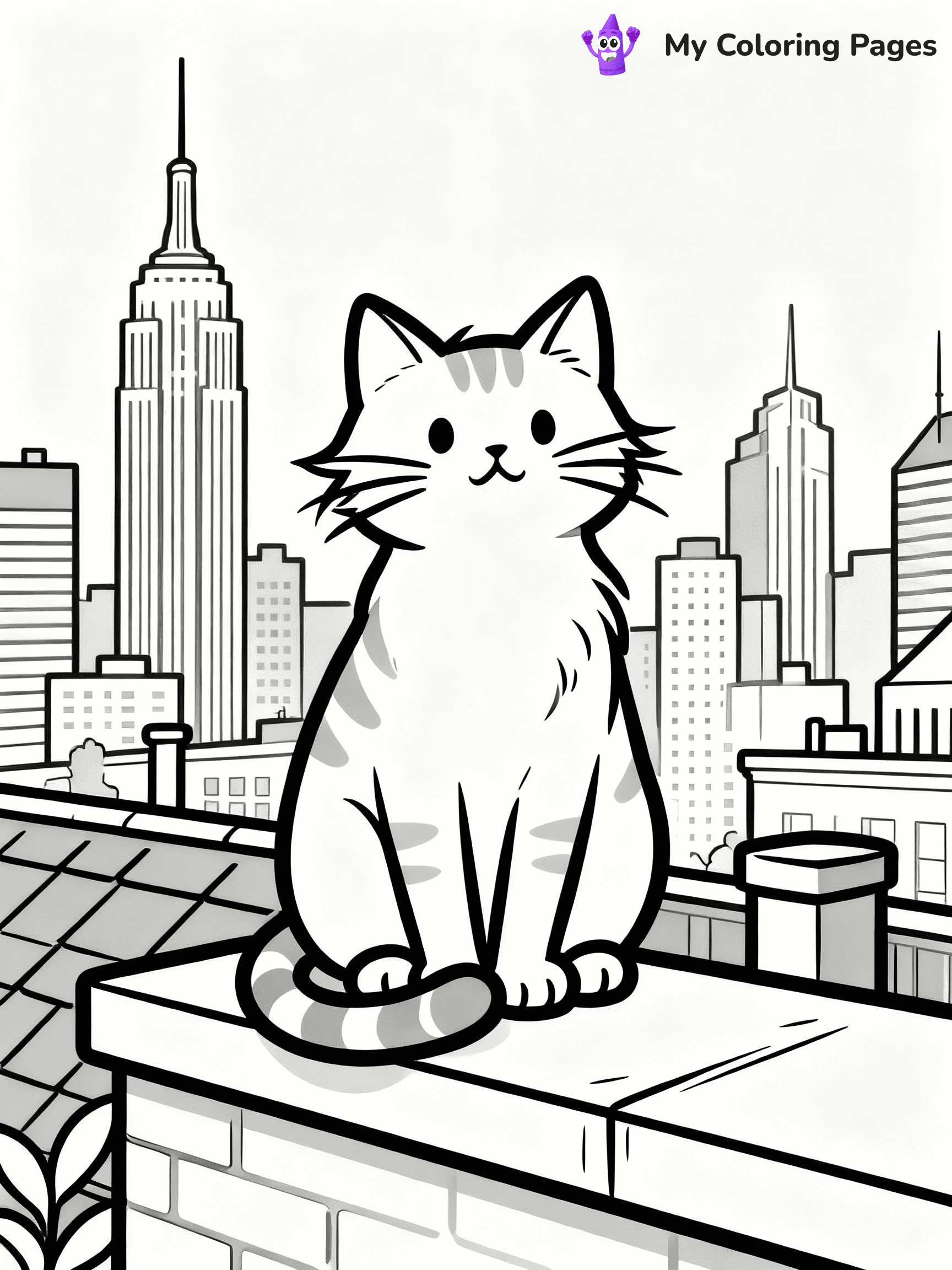 ⚠️ CRITICAL REQUIREMENT - ABSOLUTE BLACK AND WHITE ONLY ⚠️
This MUST be a BLACK AND WHITE line drawing ONLY. NO COLORS whatsoever.
- ONLY pure black lines (#000000) on pure white background (#FFFFFF)
- ABSOLUTELY NO colors, NO shading, NO gradients, NO grayscale
- If there are ANY colors in the output, the image is REJECTED
- This is a COLORING PAGE - meant to be COLORED IN by children
- The output must be UNCOLORED line art ready for coloring
⚠️ SUBJECT TO DRAW: Cat sitting on a rooftop ledge with city skyline behind, fur slightly windswept, whiskers prominent, tail wrapped around paws, skyscrapers and buildings in background. Important: PURE OUTLINES. NO FILLS, COLOR, SHADING, OR GREYSCALE. WHITE BACKGROUND.
(REMEMBER: Output must be BLACK AND WHITE line art only, NOT colored!)
# Flat, Friendly Cartoon Line-Art Coloring Page
You are generating a **pure black-and-white binary image** of a child-friendly cartoon scene combining characters and background scenery in one cohesive composition.
## Rendering Rules (Strict)
- Only two colors: pure black (#000000) outlines and pure white (#FFFFFF) background.
- No grayscale, shading, gradients, tints, fills, transparency, or partial pixels.
- No antialiasing or blended edges; every pixel is 100% black or white.
- No solid black fills inside shapes — all areas inside outlines must remain white.
- No dark clothing areas or filled tone blocks; all garments outlined only.
- No shadows, textures, lighting, or tonal variations.
- Must look like flat binary vector line-art for coloring pages.
## Drawing & Composition
- **Medium, consistent line weight**; clean closed outlines easy to color inside.
- **Flat, simple, child-friendly design** — no realism or 3D depth.
- Characters are **grounded on a surface**, centered and large.
- **Balanced composition** with clear silhouettes and minimal props.
## Scenery & Style
- Landmarks (e.g., mosque, CN Tower) and scenery (trees, benches, waves) drawn with **black outlines only.**
- For real-world figures, teams, or places, show accurate details using only black outlines—no text or logos. Use distinctive uniform patterns, abstract symbols, and landmark silhouettes to convey identity.
- Keep **consistent perspective**; no floating elements.
- **Style:** whimsical **Doodle Art Alley** — rounded, friendly outlines.
- May adapt shapes from **Crayola, Disney, Peppa Pig, Cocomelon** — *by shape only, never color.*
- Final output: **flat, crisp, binary (#000000/#FFFFFF)**, **no filled color or background text.**
EXTREMELYE IMPORTANT:
- PURE BINARY LINE-ART; NO FILLS (HAIR/CLOTHES/SKIN), SHADING, OR GREY.
- NO SHADING, COLOR. MUST BE WHITE BACKGROUND.
⚠️ FINAL REMINDER: Draw the subject "Cat sitting on a rooftop ledge with city skyline behind, fur slightly windswept, whiskers prominent, tail wrapped around paws, skyscrapers and buildings in background. Important: PURE OUTLINES. NO FILLS, COLOR, SHADING, OR GREYSCALE. WHITE BACKGROUND." as BLACK AND WHITE line art. Zero colors in output.