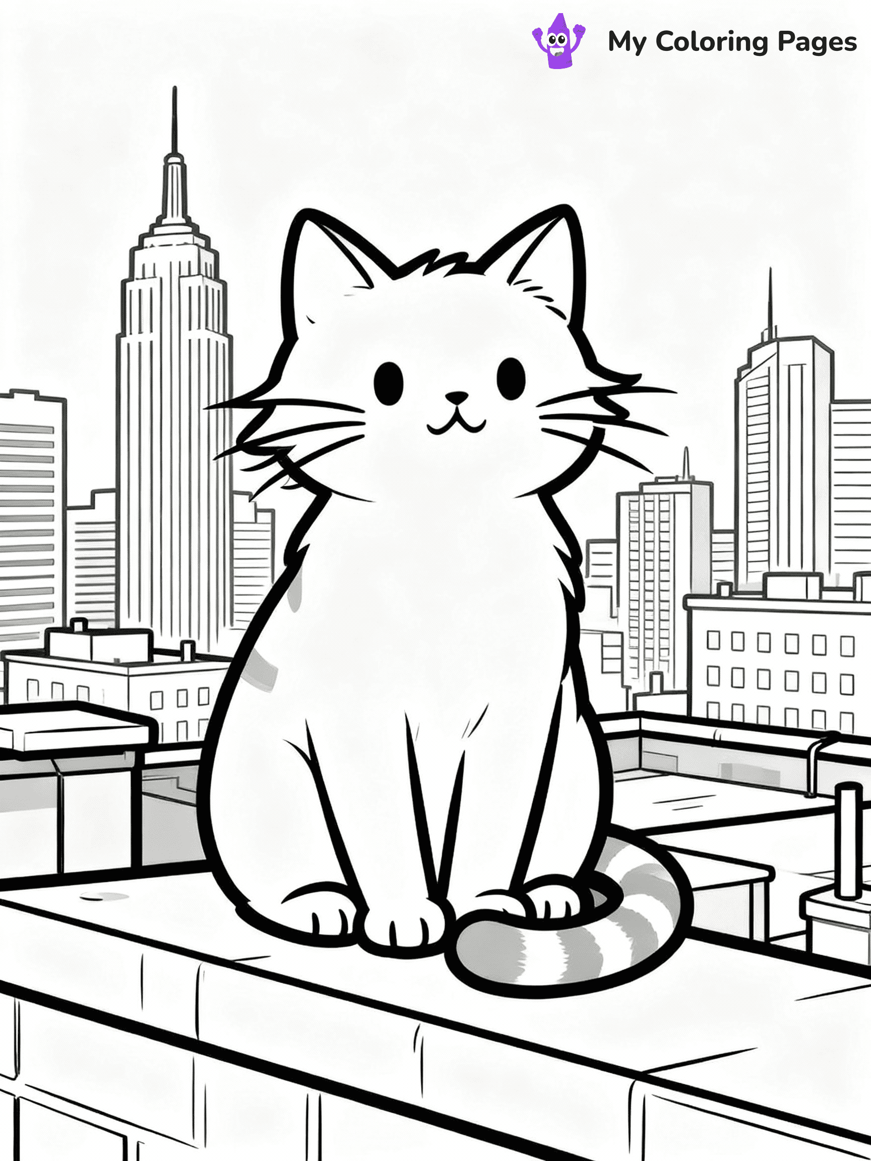 ⚠️ CRITICAL REQUIREMENT - ABSOLUTE BLACK AND WHITE ONLY ⚠️
This MUST be a BLACK AND WHITE line drawing ONLY. NO COLORS whatsoever.
- ONLY pure black lines (#000000) on pure white background (#FFFFFF)
- ABSOLUTELY NO colors, NO shading, NO gradients, NO grayscale
- If there are ANY colors in the output, the image is REJECTED
- This is a COLORING PAGE - meant to be COLORED IN by children
- The output must be UNCOLORED line art ready for coloring
⚠️ SUBJECT TO DRAW: Cat sitting on a rooftop ledge with city skyline behind, fur slightly windswept, whiskers prominent, tail wrapped around paws, skyscrapers and buildings in background. Important: PURE OUTLINES. NO FILLS, COLOR, SHADING, OR GREYSCALE. WHITE BACKGROUND.
(REMEMBER: Output must be BLACK AND WHITE line art only, NOT colored!)
# Flat, Friendly Cartoon Line-Art Coloring Page
You are generating a **pure black-and-white binary image** of a child-friendly cartoon scene combining characters and background scenery in one cohesive composition.
## Rendering Rules (Strict)
- Only two colors: pure black (#000000) outlines and pure white (#FFFFFF) background.
- No grayscale, shading, gradients, tints, fills, transparency, or partial pixels.
- No antialiasing or blended edges; every pixel is 100% black or white.
- No solid black fills inside shapes — all areas inside outlines must remain white.
- No dark clothing areas or filled tone blocks; all garments outlined only.
- No shadows, textures, lighting, or tonal variations.
- Must look like flat binary vector line-art for coloring pages.
## Drawing & Composition
- **Medium, consistent line weight**; clean closed outlines easy to color inside.
- **Flat, simple, child-friendly design** — no realism or 3D depth.
- Characters are **grounded on a surface**, centered and large.
- **Balanced composition** with clear silhouettes and minimal props.
## Scenery & Style
- Landmarks (e.g., mosque, CN Tower) and scenery (trees, benches, waves) drawn with **black outlines only.**
- For real-world figures, teams, or places, show accurate details using only black outlines—no text or logos. Use distinctive uniform patterns, abstract symbols, and landmark silhouettes to convey identity.
- Keep **consistent perspective**; no floating elements.
- **Style:** whimsical **Doodle Art Alley** — rounded, friendly outlines.
- May adapt shapes from **Crayola, Disney, Peppa Pig, Cocomelon** — *by shape only, never color.*
- Final output: **flat, crisp, binary (#000000/#FFFFFF)**, **no filled color or background text.**
EXTREMELYE IMPORTANT:
- PURE BINARY LINE-ART; NO FILLS (HAIR/CLOTHES/SKIN), SHADING, OR GREY.
- NO SHADING, COLOR. MUST BE WHITE BACKGROUND.
⚠️ FINAL REMINDER: Draw the subject "Cat sitting on a rooftop ledge with city skyline behind, fur slightly windswept, whiskers prominent, tail wrapped around paws, skyscrapers and buildings in background. Important: PURE OUTLINES. NO FILLS, COLOR, SHADING, OR GREYSCALE. WHITE BACKGROUND." as BLACK AND WHITE line art. Zero colors in output.