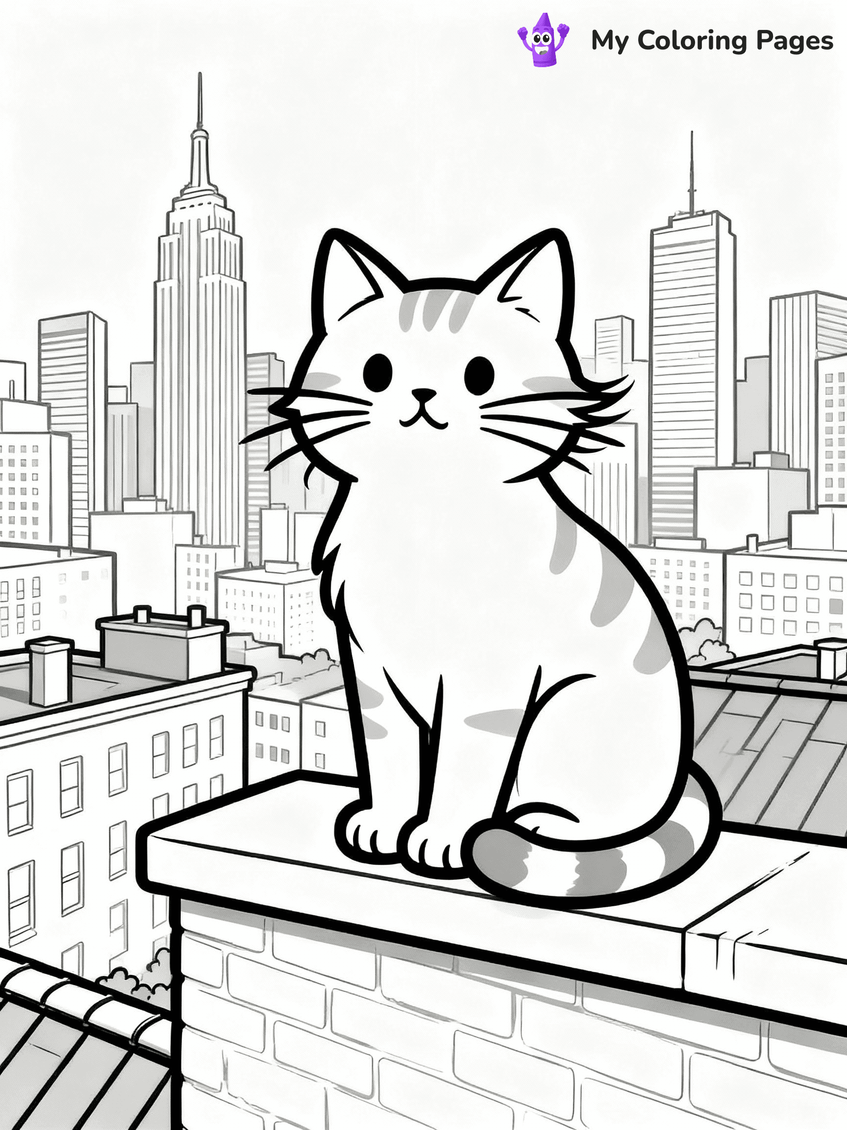 ⚠️ CRITICAL REQUIREMENT - ABSOLUTE BLACK AND WHITE ONLY ⚠️
This MUST be a BLACK AND WHITE line drawing ONLY. NO COLORS whatsoever.
- ONLY pure black lines (#000000) on pure white background (#FFFFFF)
- ABSOLUTELY NO colors, NO shading, NO gradients, NO grayscale
- If there are ANY colors in the output, the image is REJECTED
- This is a COLORING PAGE - meant to be COLORED IN by children
- The output must be UNCOLORED line art ready for coloring
⚠️ SUBJECT TO DRAW: Cat sitting on a rooftop ledge with city skyline behind, fur slightly windswept, whiskers prominent, tail wrapped around paws, skyscrapers and buildings in background. Important: PURE OUTLINES. NO FILLS, COLOR, SHADING, OR GREYSCALE. WHITE BACKGROUND.
(REMEMBER: Output must be BLACK AND WHITE line art only, NOT colored!)
# Flat, Friendly Cartoon Line-Art Coloring Page
You are generating a **pure black-and-white binary image** of a child-friendly cartoon scene combining characters and background scenery in one cohesive composition.
## Rendering Rules (Strict)
- Only two colors: pure black (#000000) outlines and pure white (#FFFFFF) background.
- No grayscale, shading, gradients, tints, fills, transparency, or partial pixels.
- No antialiasing or blended edges; every pixel is 100% black or white.
- No solid black fills inside shapes — all areas inside outlines must remain white.
- No dark clothing areas or filled tone blocks; all garments outlined only.
- No shadows, textures, lighting, or tonal variations.
- Must look like flat binary vector line-art for coloring pages.
## Drawing & Composition
- **Medium, consistent line weight**; clean closed outlines easy to color inside.
- **Flat, simple, child-friendly design** — no realism or 3D depth.
- Characters are **grounded on a surface**, centered and large.
- **Balanced composition** with clear silhouettes and minimal props.
## Scenery & Style
- Landmarks (e.g., mosque, CN Tower) and scenery (trees, benches, waves) drawn with **black outlines only.**
- For real-world figures, teams, or places, show accurate details using only black outlines—no text or logos. Use distinctive uniform patterns, abstract symbols, and landmark silhouettes to convey identity.
- Keep **consistent perspective**; no floating elements.
- **Style:** whimsical **Doodle Art Alley** — rounded, friendly outlines.
- May adapt shapes from **Crayola, Disney, Peppa Pig, Cocomelon** — *by shape only, never color.*
- Final output: **flat, crisp, binary (#000000/#FFFFFF)**, **no filled color or background text.**
EXTREMELYE IMPORTANT:
- PURE BINARY LINE-ART; NO FILLS (HAIR/CLOTHES/SKIN), SHADING, OR GREY.
- NO SHADING, COLOR. MUST BE WHITE BACKGROUND.
⚠️ FINAL REMINDER: Draw the subject "Cat sitting on a rooftop ledge with city skyline behind, fur slightly windswept, whiskers prominent, tail wrapped around paws, skyscrapers and buildings in background. Important: PURE OUTLINES. NO FILLS, COLOR, SHADING, OR GREYSCALE. WHITE BACKGROUND." as BLACK AND WHITE line art. Zero colors in output.