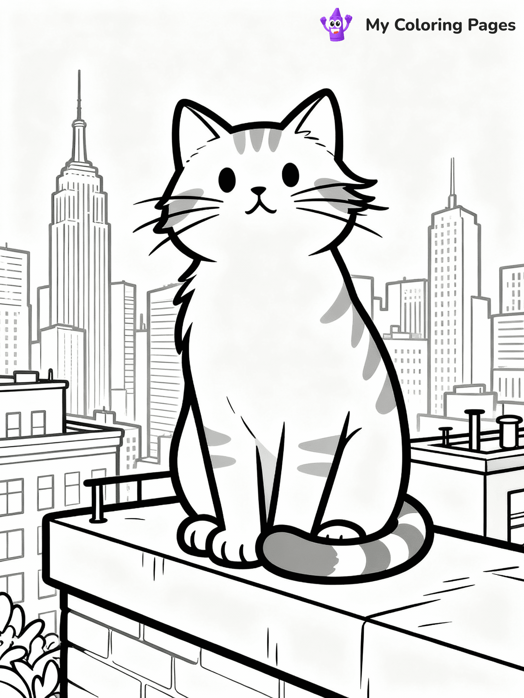 ⚠️ CRITICAL REQUIREMENT - ABSOLUTE BLACK AND WHITE ONLY ⚠️
This MUST be a BLACK AND WHITE line drawing ONLY. NO COLORS whatsoever.
- ONLY pure black lines (#000000) on pure white background (#FFFFFF)
- ABSOLUTELY NO colors, NO shading, NO gradients, NO grayscale
- If there are ANY colors in the output, the image is REJECTED
- This is a COLORING PAGE - meant to be COLORED IN by children
- The output must be UNCOLORED line art ready for coloring
⚠️ SUBJECT TO DRAW: Cat sitting on a rooftop ledge with city skyline behind, fur slightly windswept, whiskers prominent, tail wrapped around paws, skyscrapers and buildings in background. Important: PURE OUTLINES. NO FILLS, COLOR, SHADING, OR GREYSCALE. WHITE BACKGROUND.
(REMEMBER: Output must be BLACK AND WHITE line art only, NOT colored!)
# Flat, Friendly Cartoon Line-Art Coloring Page
You are generating a **pure black-and-white binary image** of a child-friendly cartoon scene combining characters and background scenery in one cohesive composition.
## Rendering Rules (Strict)
- Only two colors: pure black (#000000) outlines and pure white (#FFFFFF) background.
- No grayscale, shading, gradients, tints, fills, transparency, or partial pixels.
- No antialiasing or blended edges; every pixel is 100% black or white.
- No solid black fills inside shapes — all areas inside outlines must remain white.
- No dark clothing areas or filled tone blocks; all garments outlined only.
- No shadows, textures, lighting, or tonal variations.
- Must look like flat binary vector line-art for coloring pages.
## Drawing & Composition
- **Medium, consistent line weight**; clean closed outlines easy to color inside.
- **Flat, simple, child-friendly design** — no realism or 3D depth.
- Characters are **grounded on a surface**, centered and large.
- **Balanced composition** with clear silhouettes and minimal props.
## Scenery & Style
- Landmarks (e.g., mosque, CN Tower) and scenery (trees, benches, waves) drawn with **black outlines only.**
- For real-world figures, teams, or places, show accurate details using only black outlines—no text or logos. Use distinctive uniform patterns, abstract symbols, and landmark silhouettes to convey identity.
- Keep **consistent perspective**; no floating elements.
- **Style:** whimsical **Doodle Art Alley** — rounded, friendly outlines.
- May adapt shapes from **Crayola, Disney, Peppa Pig, Cocomelon** — *by shape only, never color.*
- Final output: **flat, crisp, binary (#000000/#FFFFFF)**, **no filled color or background text.**
EXTREMELYE IMPORTANT:
- PURE BINARY LINE-ART; NO FILLS (HAIR/CLOTHES/SKIN), SHADING, OR GREY.
- NO SHADING, COLOR. MUST BE WHITE BACKGROUND.
⚠️ FINAL REMINDER: Draw the subject "Cat sitting on a rooftop ledge with city skyline behind, fur slightly windswept, whiskers prominent, tail wrapped around paws, skyscrapers and buildings in background. Important: PURE OUTLINES. NO FILLS, COLOR, SHADING, OR GREYSCALE. WHITE BACKGROUND." as BLACK AND WHITE line art. Zero colors in output.