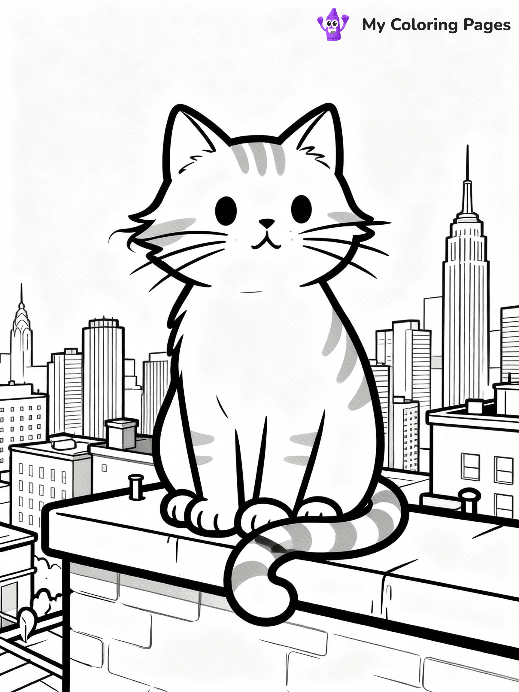 ⚠️ CRITICAL REQUIREMENT - ABSOLUTE BLACK AND WHITE ONLY ⚠️
This MUST be a BLACK AND WHITE line drawing ONLY. NO COLORS whatsoever.
- ONLY pure black lines (#000000) on pure white background (#FFFFFF)
- ABSOLUTELY NO colors, NO shading, NO gradients, NO grayscale
- If there are ANY colors in the output, the image is REJECTED
- This is a COLORING PAGE - meant to be COLORED IN by children
- The output must be UNCOLORED line art ready for coloring
⚠️ SUBJECT TO DRAW: Cat sitting on a rooftop ledge with city skyline behind, fur slightly windswept, whiskers prominent, tail wrapped around paws, skyscrapers and buildings in background. Important: PURE OUTLINES. NO FILLS, COLOR, SHADING, OR GREYSCALE. WHITE BACKGROUND.
(REMEMBER: Output must be BLACK AND WHITE line art only, NOT colored!)
# Flat, Friendly Cartoon Line-Art Coloring Page
You are generating a **pure black-and-white binary image** of a child-friendly cartoon scene combining characters and background scenery in one cohesive composition.
## Rendering Rules (Strict)
- Only two colors: pure black (#000000) outlines and pure white (#FFFFFF) background.
- No grayscale, shading, gradients, tints, fills, transparency, or partial pixels.
- No antialiasing or blended edges; every pixel is 100% black or white.
- No solid black fills inside shapes — all areas inside outlines must remain white.
- No dark clothing areas or filled tone blocks; all garments outlined only.
- No shadows, textures, lighting, or tonal variations.
- Must look like flat binary vector line-art for coloring pages.
## Drawing & Composition
- **Medium, consistent line weight**; clean closed outlines easy to color inside.
- **Flat, simple, child-friendly design** — no realism or 3D depth.
- Characters are **grounded on a surface**, centered and large.
- **Balanced composition** with clear silhouettes and minimal props.
## Scenery & Style
- Landmarks (e.g., mosque, CN Tower) and scenery (trees, benches, waves) drawn with **black outlines only.**
- For real-world figures, teams, or places, show accurate details using only black outlines—no text or logos. Use distinctive uniform patterns, abstract symbols, and landmark silhouettes to convey identity.
- Keep **consistent perspective**; no floating elements.
- **Style:** whimsical **Doodle Art Alley** — rounded, friendly outlines.
- May adapt shapes from **Crayola, Disney, Peppa Pig, Cocomelon** — *by shape only, never color.*
- Final output: **flat, crisp, binary (#000000/#FFFFFF)**, **no filled color or background text.**
EXTREMELYE IMPORTANT:
- PURE BINARY LINE-ART; NO FILLS (HAIR/CLOTHES/SKIN), SHADING, OR GREY.
- NO SHADING, COLOR. MUST BE WHITE BACKGROUND.
⚠️ FINAL REMINDER: Draw the subject "Cat sitting on a rooftop ledge with city skyline behind, fur slightly windswept, whiskers prominent, tail wrapped around paws, skyscrapers and buildings in background. Important: PURE OUTLINES. NO FILLS, COLOR, SHADING, OR GREYSCALE. WHITE BACKGROUND." as BLACK AND WHITE line art. Zero colors in output.