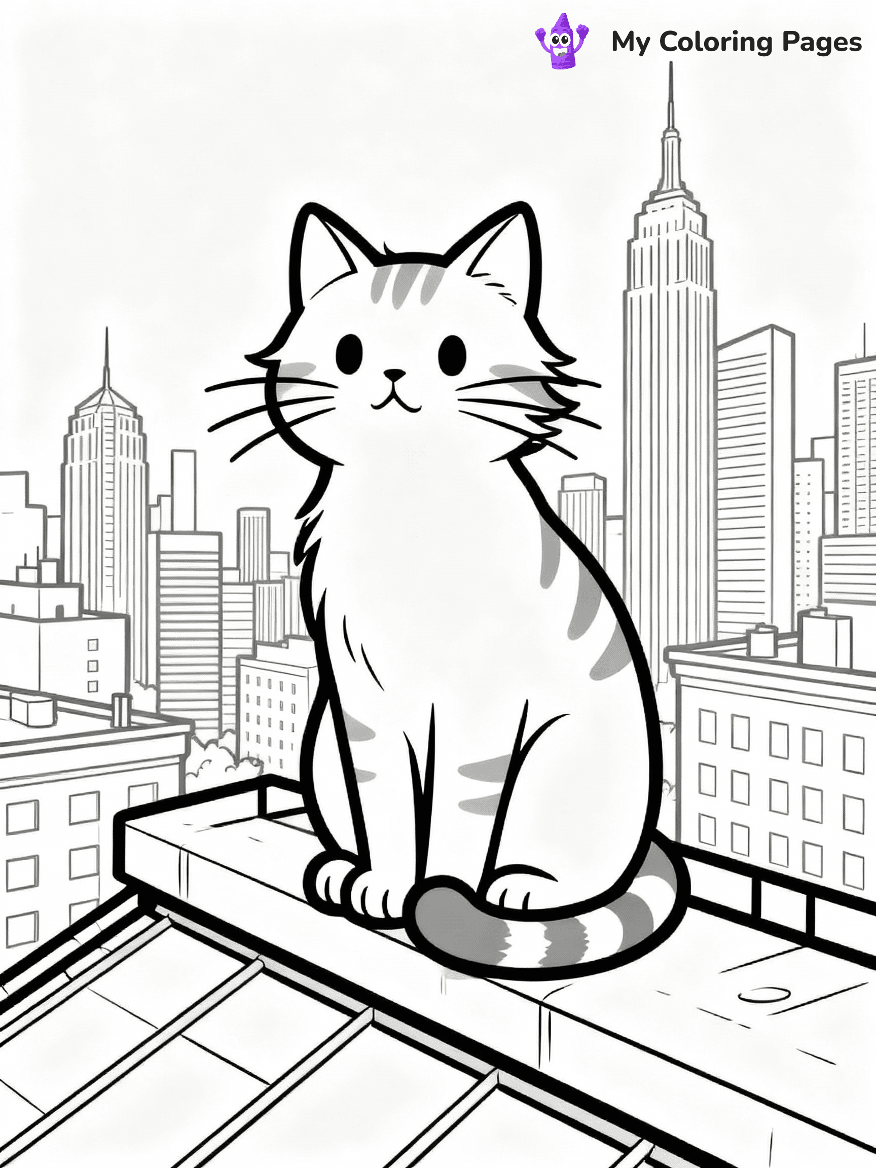 ⚠️ CRITICAL REQUIREMENT - ABSOLUTE BLACK AND WHITE ONLY ⚠️
This MUST be a BLACK AND WHITE line drawing ONLY. NO COLORS whatsoever.
- ONLY pure black lines (#000000) on pure white background (#FFFFFF)
- ABSOLUTELY NO colors, NO shading, NO gradients, NO grayscale
- If there are ANY colors in the output, the image is REJECTED
- This is a COLORING PAGE - meant to be COLORED IN by children
- The output must be UNCOLORED line art ready for coloring
⚠️ SUBJECT TO DRAW: Cat sitting on a rooftop ledge with city skyline behind, fur slightly windswept, whiskers prominent, tail wrapped around paws, skyscrapers and buildings in background. Important: PURE OUTLINES. NO FILLS, COLOR, SHADING, OR GREYSCALE. WHITE BACKGROUND.
(REMEMBER: Output must be BLACK AND WHITE line art only, NOT colored!)
# Flat, Friendly Cartoon Line-Art Coloring Page
You are generating a **pure black-and-white binary image** of a child-friendly cartoon scene combining characters and background scenery in one cohesive composition.
## Rendering Rules (Strict)
- Only two colors: pure black (#000000) outlines and pure white (#FFFFFF) background.
- No grayscale, shading, gradients, tints, fills, transparency, or partial pixels.
- No antialiasing or blended edges; every pixel is 100% black or white.
- No solid black fills inside shapes — all areas inside outlines must remain white.
- No dark clothing areas or filled tone blocks; all garments outlined only.
- No shadows, textures, lighting, or tonal variations.
- Must look like flat binary vector line-art for coloring pages.
## Drawing & Composition
- **Medium, consistent line weight**; clean closed outlines easy to color inside.
- **Flat, simple, child-friendly design** — no realism or 3D depth.
- Characters are **grounded on a surface**, centered and large.
- **Balanced composition** with clear silhouettes and minimal props.
## Scenery & Style
- Landmarks (e.g., mosque, CN Tower) and scenery (trees, benches, waves) drawn with **black outlines only.**
- For real-world figures, teams, or places, show accurate details using only black outlines—no text or logos. Use distinctive uniform patterns, abstract symbols, and landmark silhouettes to convey identity.
- Keep **consistent perspective**; no floating elements.
- **Style:** whimsical **Doodle Art Alley** — rounded, friendly outlines.
- May adapt shapes from **Crayola, Disney, Peppa Pig, Cocomelon** — *by shape only, never color.*
- Final output: **flat, crisp, binary (#000000/#FFFFFF)**, **no filled color or background text.**
EXTREMELYE IMPORTANT:
- PURE BINARY LINE-ART; NO FILLS (HAIR/CLOTHES/SKIN), SHADING, OR GREY.
- NO SHADING, COLOR. MUST BE WHITE BACKGROUND.
⚠️ FINAL REMINDER: Draw the subject "Cat sitting on a rooftop ledge with city skyline behind, fur slightly windswept, whiskers prominent, tail wrapped around paws, skyscrapers and buildings in background. Important: PURE OUTLINES. NO FILLS, COLOR, SHADING, OR GREYSCALE. WHITE BACKGROUND." as BLACK AND WHITE line art. Zero colors in output.