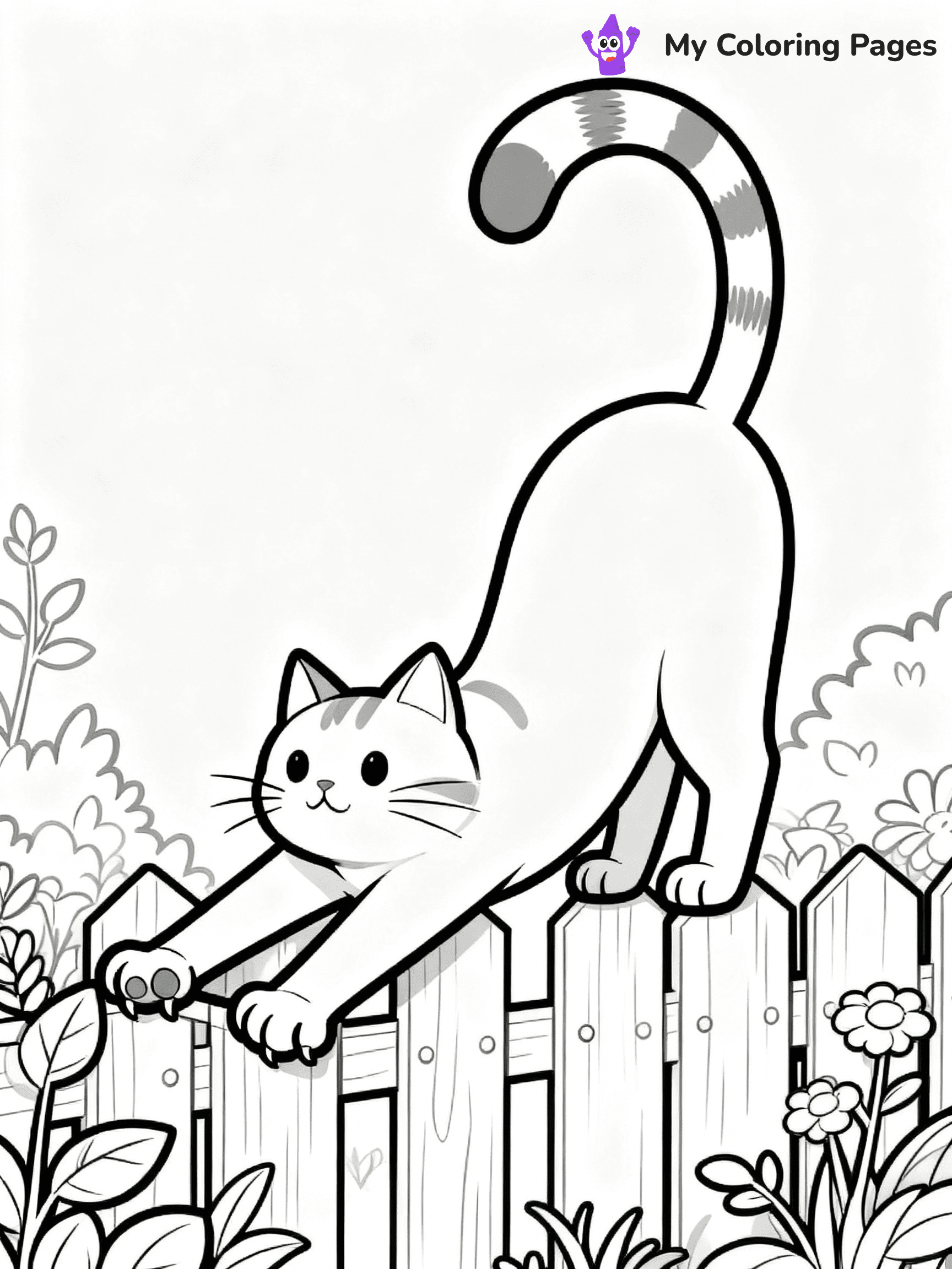 ⚠️ CRITICAL REQUIREMENT - ABSOLUTE BLACK AND WHITE ONLY ⚠️
This MUST be a BLACK AND WHITE line drawing ONLY. NO COLORS whatsoever.
- ONLY pure black lines (#000000) on pure white background (#FFFFFF)
- ABSOLUTELY NO colors, NO shading, NO gradients, NO grayscale
- If there are ANY colors in the output, the image is REJECTED
- This is a COLORING PAGE - meant to be COLORED IN by children
- The output must be UNCOLORED line art ready for coloring
⚠️ SUBJECT TO DRAW: Cat stretching on a garden fence, claws extended, spine arched, individual toe beans and fur tufts detailed. Important: PURE OUTLINES. NO FILLS, COLOR, SHADING, OR GREYSCALE. WHITE BACKGROUND.
(REMEMBER: Output must be BLACK AND WHITE line art only, NOT colored!)
# Flat, Friendly Cartoon Line-Art Coloring Page
You are generating a **pure black-and-white binary image** of a child-friendly cartoon scene combining characters and background scenery in one cohesive composition.
## Rendering Rules (Strict)
- Only two colors: pure black (#000000) outlines and pure white (#FFFFFF) background.
- No grayscale, shading, gradients, tints, fills, transparency, or partial pixels.
- No antialiasing or blended edges; every pixel is 100% black or white.
- No solid black fills inside shapes — all areas inside outlines must remain white.
- No dark clothing areas or filled tone blocks; all garments outlined only.
- No shadows, textures, lighting, or tonal variations.
- Must look like flat binary vector line-art for coloring pages.
## Drawing & Composition
- **Medium, consistent line weight**; clean closed outlines easy to color inside.
- **Flat, simple, child-friendly design** — no realism or 3D depth.
- Characters are **grounded on a surface**, centered and large.
- **Balanced composition** with clear silhouettes and minimal props.
## Scenery & Style
- Landmarks (e.g., mosque, CN Tower) and scenery (trees, benches, waves) drawn with **black outlines only.**
- For real-world figures, teams, or places, show accurate details using only black outlines—no text or logos. Use distinctive uniform patterns, abstract symbols, and landmark silhouettes to convey identity.
- Keep **consistent perspective**; no floating elements.
- **Style:** whimsical **Doodle Art Alley** — rounded, friendly outlines.
- May adapt shapes from **Crayola, Disney, Peppa Pig, Cocomelon** — *by shape only, never color.*
- Final output: **flat, crisp, binary (#000000/#FFFFFF)**, **no filled color or background text.**
EXTREMELYE IMPORTANT:
- PURE BINARY LINE-ART; NO FILLS (HAIR/CLOTHES/SKIN), SHADING, OR GREY.
- NO SHADING, COLOR. MUST BE WHITE BACKGROUND.
⚠️ FINAL REMINDER: Draw the subject "Cat stretching on a garden fence, claws extended, spine arched, individual toe beans and fur tufts detailed. Important: PURE OUTLINES. NO FILLS, COLOR, SHADING, OR GREYSCALE. WHITE BACKGROUND." as BLACK AND WHITE line art. Zero colors in output.