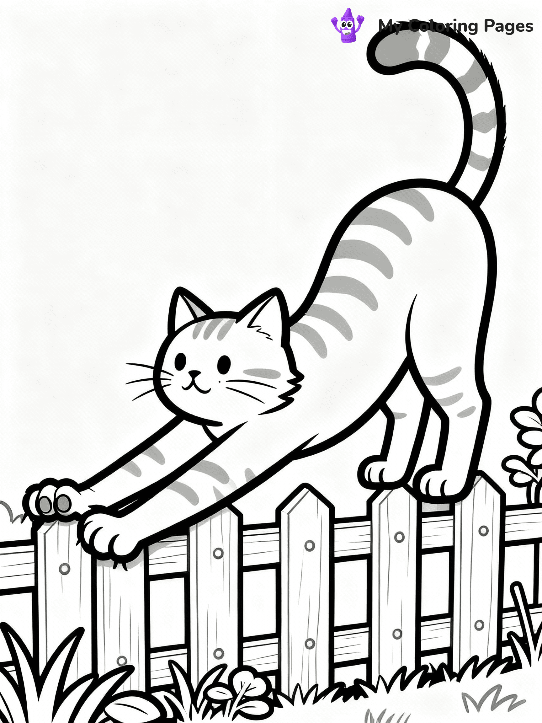 ⚠️ CRITICAL REQUIREMENT - ABSOLUTE BLACK AND WHITE ONLY ⚠️
This MUST be a BLACK AND WHITE line drawing ONLY. NO COLORS whatsoever.
- ONLY pure black lines (#000000) on pure white background (#FFFFFF)
- ABSOLUTELY NO colors, NO shading, NO gradients, NO grayscale
- If there are ANY colors in the output, the image is REJECTED
- This is a COLORING PAGE - meant to be COLORED IN by children
- The output must be UNCOLORED line art ready for coloring
⚠️ SUBJECT TO DRAW: Cat stretching on a garden fence, claws extended, spine arched, individual toe beans and fur tufts detailed. Important: PURE OUTLINES. NO FILLS, COLOR, SHADING, OR GREYSCALE. WHITE BACKGROUND.
(REMEMBER: Output must be BLACK AND WHITE line art only, NOT colored!)
# Flat, Friendly Cartoon Line-Art Coloring Page
You are generating a **pure black-and-white binary image** of a child-friendly cartoon scene combining characters and background scenery in one cohesive composition.
## Rendering Rules (Strict)
- Only two colors: pure black (#000000) outlines and pure white (#FFFFFF) background.
- No grayscale, shading, gradients, tints, fills, transparency, or partial pixels.
- No antialiasing or blended edges; every pixel is 100% black or white.
- No solid black fills inside shapes — all areas inside outlines must remain white.
- No dark clothing areas or filled tone blocks; all garments outlined only.
- No shadows, textures, lighting, or tonal variations.
- Must look like flat binary vector line-art for coloring pages.
## Drawing & Composition
- **Medium, consistent line weight**; clean closed outlines easy to color inside.
- **Flat, simple, child-friendly design** — no realism or 3D depth.
- Characters are **grounded on a surface**, centered and large.
- **Balanced composition** with clear silhouettes and minimal props.
## Scenery & Style
- Landmarks (e.g., mosque, CN Tower) and scenery (trees, benches, waves) drawn with **black outlines only.**
- For real-world figures, teams, or places, show accurate details using only black outlines—no text or logos. Use distinctive uniform patterns, abstract symbols, and landmark silhouettes to convey identity.
- Keep **consistent perspective**; no floating elements.
- **Style:** whimsical **Doodle Art Alley** — rounded, friendly outlines.
- May adapt shapes from **Crayola, Disney, Peppa Pig, Cocomelon** — *by shape only, never color.*
- Final output: **flat, crisp, binary (#000000/#FFFFFF)**, **no filled color or background text.**
EXTREMELYE IMPORTANT:
- PURE BINARY LINE-ART; NO FILLS (HAIR/CLOTHES/SKIN), SHADING, OR GREY.
- NO SHADING, COLOR. MUST BE WHITE BACKGROUND.
⚠️ FINAL REMINDER: Draw the subject "Cat stretching on a garden fence, claws extended, spine arched, individual toe beans and fur tufts detailed. Important: PURE OUTLINES. NO FILLS, COLOR, SHADING, OR GREYSCALE. WHITE BACKGROUND." as BLACK AND WHITE line art. Zero colors in output.