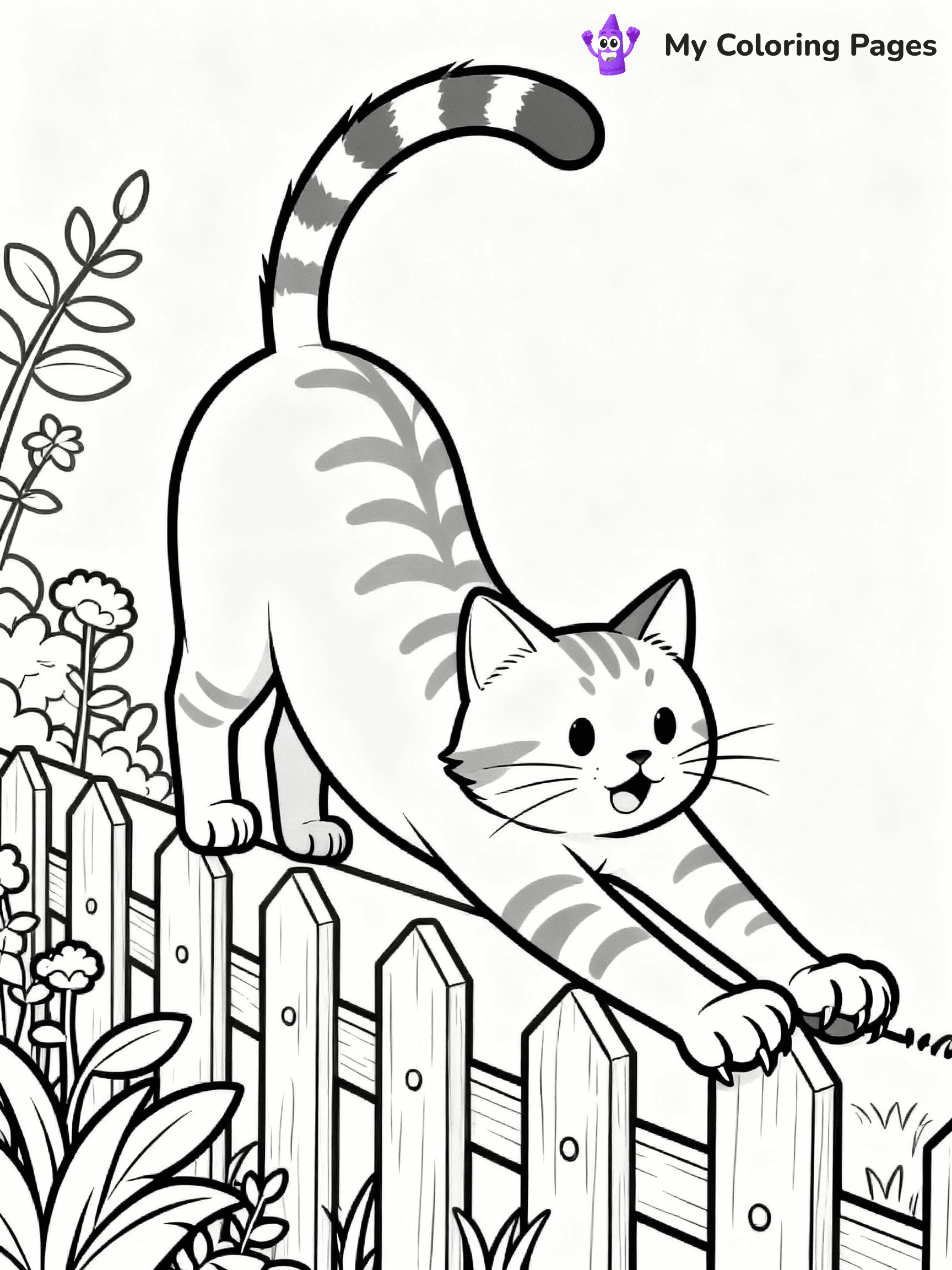 ⚠️ CRITICAL REQUIREMENT - ABSOLUTE BLACK AND WHITE ONLY ⚠️
This MUST be a BLACK AND WHITE line drawing ONLY. NO COLORS whatsoever.
- ONLY pure black lines (#000000) on pure white background (#FFFFFF)
- ABSOLUTELY NO colors, NO shading, NO gradients, NO grayscale
- If there are ANY colors in the output, the image is REJECTED
- This is a COLORING PAGE - meant to be COLORED IN by children
- The output must be UNCOLORED line art ready for coloring
⚠️ SUBJECT TO DRAW: Cat stretching on a garden fence, claws extended, spine arched, individual toe beans and fur tufts detailed. Important: PURE OUTLINES. NO FILLS, COLOR, SHADING, OR GREYSCALE. WHITE BACKGROUND.
(REMEMBER: Output must be BLACK AND WHITE line art only, NOT colored!)
# Flat, Friendly Cartoon Line-Art Coloring Page
You are generating a **pure black-and-white binary image** of a child-friendly cartoon scene combining characters and background scenery in one cohesive composition.
## Rendering Rules (Strict)
- Only two colors: pure black (#000000) outlines and pure white (#FFFFFF) background.
- No grayscale, shading, gradients, tints, fills, transparency, or partial pixels.
- No antialiasing or blended edges; every pixel is 100% black or white.
- No solid black fills inside shapes — all areas inside outlines must remain white.
- No dark clothing areas or filled tone blocks; all garments outlined only.
- No shadows, textures, lighting, or tonal variations.
- Must look like flat binary vector line-art for coloring pages.
## Drawing & Composition
- **Medium, consistent line weight**; clean closed outlines easy to color inside.
- **Flat, simple, child-friendly design** — no realism or 3D depth.
- Characters are **grounded on a surface**, centered and large.
- **Balanced composition** with clear silhouettes and minimal props.
## Scenery & Style
- Landmarks (e.g., mosque, CN Tower) and scenery (trees, benches, waves) drawn with **black outlines only.**
- For real-world figures, teams, or places, show accurate details using only black outlines—no text or logos. Use distinctive uniform patterns, abstract symbols, and landmark silhouettes to convey identity.
- Keep **consistent perspective**; no floating elements.
- **Style:** whimsical **Doodle Art Alley** — rounded, friendly outlines.
- May adapt shapes from **Crayola, Disney, Peppa Pig, Cocomelon** — *by shape only, never color.*
- Final output: **flat, crisp, binary (#000000/#FFFFFF)**, **no filled color or background text.**
EXTREMELYE IMPORTANT:
- PURE BINARY LINE-ART; NO FILLS (HAIR/CLOTHES/SKIN), SHADING, OR GREY.
- NO SHADING, COLOR. MUST BE WHITE BACKGROUND.
⚠️ FINAL REMINDER: Draw the subject "Cat stretching on a garden fence, claws extended, spine arched, individual toe beans and fur tufts detailed. Important: PURE OUTLINES. NO FILLS, COLOR, SHADING, OR GREYSCALE. WHITE BACKGROUND." as BLACK AND WHITE line art. Zero colors in output.