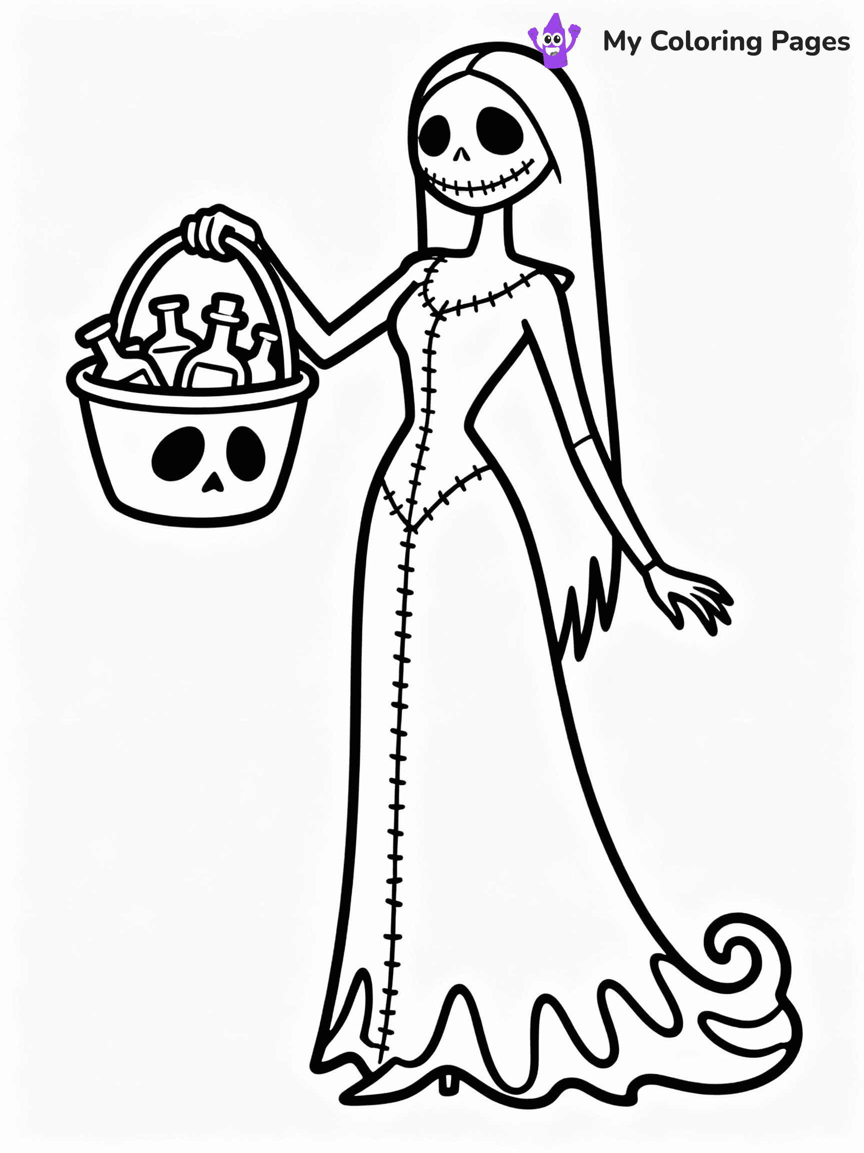 ⚠️ CRITICAL REQUIREMENT - ABSOLUTE BLACK AND WHITE ONLY ⚠️
This MUST be a BLACK AND WHITE line drawing ONLY. NO COLORS whatsoever.
- ONLY pure black lines (#000000) on pure white background (#FFFFFF)
- ABSOLUTELY NO colors, NO shading, NO gradients, NO grayscale
- If there are ANY colors in the output, the image is REJECTED
- This is a COLORING PAGE - meant to be COLORED IN by children
- The output must be UNCOLORED line art ready for coloring
⚠️ SUBJECT TO DRAW: Sally from The Nightmare Before Christmas in Tim Burton style, holding a basket of potions, stitched dress flowing
(REMEMBER: Output must be BLACK AND WHITE line art only, NOT colored!)
# COLORING PAGE: BLACK OUTLINES ONLY - WHITE BACKGROUND MANDATORY
Create a **coloring book page** using EXACTLY two values: black lines, white space.
## NON-NEGOTIABLE BINARY RULES
- **ONLY #000000 (black) and #FFFFFF (white)** - NO other values exist
- **EVERY PIXEL = BLACK OR WHITE** - no gray/shading/antialiasing
- **WHITE BACKGROUND MANDATORY** - entire canvas stays white
- **ALL SHAPES HOLLOW** - everything is empty outlines waiting to be colored
- **FORBIDDEN:** fills, shading, gradients, patterns, textures, colors
- **NO SOLID REGIONS** - if it's not a thin line, it's wrong
## Universal Line Standards
- Black outlines ONLY - thin, uniform weight
- Every shape completely empty inside
- Closed contours suitable for coloring
- Simple flat illustration - zero depth/3D/realism
- **Style:** Whimsical Doodle Art Alley - rounded, friendly outlines (unless specified)
## Everything = Outline Only
- Characters/animals: hollow shapes
- Objects/clothing: empty contours
- Backgrounds/scenery: line work only
- Natural elements: outlined forms
- Dark/night areas: don't exist (use outlined symbols)
- Textures/patterns: convert to simple lines
## The Test
Can a child color EVERY white space with crayons? If any area is pre-filled/shaded/gray or colored in, it FAILS. Every shape must be waiting to receive color.
**FINAL OUTPUT**: Binary coloring page. Black lines define shapes. White spaces ready for coloring. Nothing else exists. No exceptions. Print-ready.
⚠️ FINAL REMINDER: Draw the subject "Sally from The Nightmare Before Christmas in Tim Burton style, holding a basket of potions, stitched dress flowing" as BLACK AND WHITE line art. Zero colors in output.