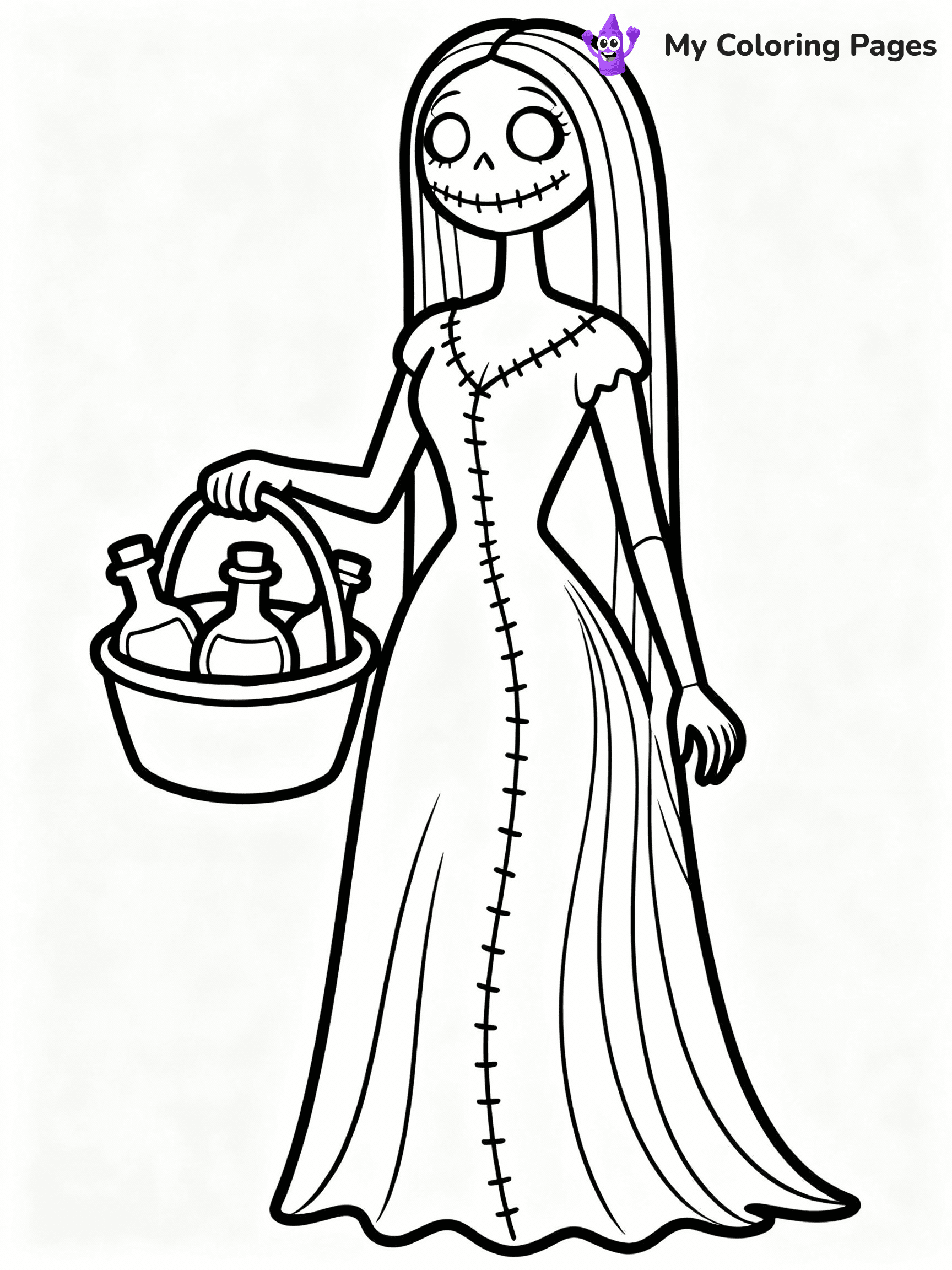 ⚠️ CRITICAL REQUIREMENT - ABSOLUTE BLACK AND WHITE ONLY ⚠️
This MUST be a BLACK AND WHITE line drawing ONLY. NO COLORS whatsoever.
- ONLY pure black lines (#000000) on pure white background (#FFFFFF)
- ABSOLUTELY NO colors, NO shading, NO gradients, NO grayscale
- If there are ANY colors in the output, the image is REJECTED
- This is a COLORING PAGE - meant to be COLORED IN by children
- The output must be UNCOLORED line art ready for coloring
⚠️ SUBJECT TO DRAW: Sally from The Nightmare Before Christmas in Tim Burton style, holding a basket of potions, stitched dress flowing
(REMEMBER: Output must be BLACK AND WHITE line art only, NOT colored!)
# COLORING PAGE: BLACK OUTLINES ONLY - WHITE BACKGROUND MANDATORY
Create a **coloring book page** using EXACTLY two values: black lines, white space.
## NON-NEGOTIABLE BINARY RULES
- **ONLY #000000 (black) and #FFFFFF (white)** - NO other values exist
- **EVERY PIXEL = BLACK OR WHITE** - no gray/shading/antialiasing
- **WHITE BACKGROUND MANDATORY** - entire canvas stays white
- **ALL SHAPES HOLLOW** - everything is empty outlines waiting to be colored
- **FORBIDDEN:** fills, shading, gradients, patterns, textures, colors
- **NO SOLID REGIONS** - if it's not a thin line, it's wrong
## Universal Line Standards
- Black outlines ONLY - thin, uniform weight
- Every shape completely empty inside
- Closed contours suitable for coloring
- Simple flat illustration - zero depth/3D/realism
- **Style:** Whimsical Doodle Art Alley - rounded, friendly outlines (unless specified)
## Everything = Outline Only
- Characters/animals: hollow shapes
- Objects/clothing: empty contours
- Backgrounds/scenery: line work only
- Natural elements: outlined forms
- Dark/night areas: don't exist (use outlined symbols)
- Textures/patterns: convert to simple lines
## The Test
Can a child color EVERY white space with crayons? If any area is pre-filled/shaded/gray or colored in, it FAILS. Every shape must be waiting to receive color.
**FINAL OUTPUT**: Binary coloring page. Black lines define shapes. White spaces ready for coloring. Nothing else exists. No exceptions. Print-ready.
⚠️ FINAL REMINDER: Draw the subject "Sally from The Nightmare Before Christmas in Tim Burton style, holding a basket of potions, stitched dress flowing" as BLACK AND WHITE line art. Zero colors in output.