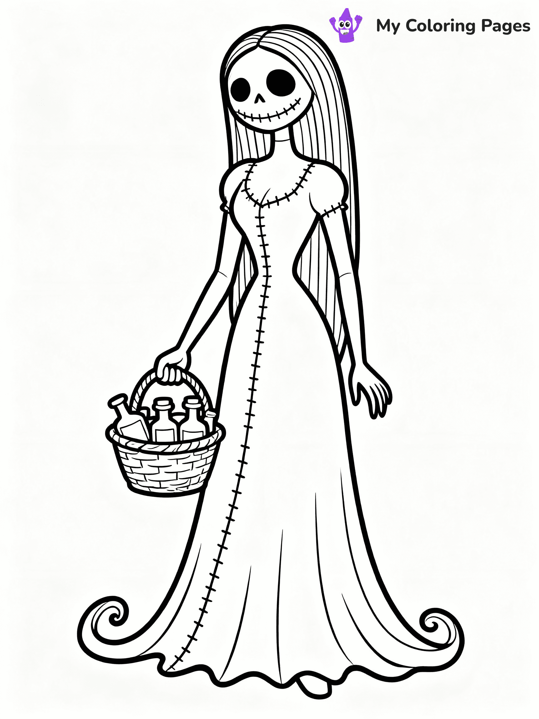 ⚠️ CRITICAL REQUIREMENT - ABSOLUTE BLACK AND WHITE ONLY ⚠️
This MUST be a BLACK AND WHITE line drawing ONLY. NO COLORS whatsoever.
- ONLY pure black lines (#000000) on pure white background (#FFFFFF)
- ABSOLUTELY NO colors, NO shading, NO gradients, NO grayscale
- If there are ANY colors in the output, the image is REJECTED
- This is a COLORING PAGE - meant to be COLORED IN by children
- The output must be UNCOLORED line art ready for coloring
⚠️ SUBJECT TO DRAW: Sally from The Nightmare Before Christmas in Tim Burton style, holding a basket of potions, stitched dress flowing
(REMEMBER: Output must be BLACK AND WHITE line art only, NOT colored!)
# COLORING PAGE: BLACK OUTLINES ONLY - WHITE BACKGROUND MANDATORY
Create a **coloring book page** using EXACTLY two values: black lines, white space.
## NON-NEGOTIABLE BINARY RULES
- **ONLY #000000 (black) and #FFFFFF (white)** - NO other values exist
- **EVERY PIXEL = BLACK OR WHITE** - no gray/shading/antialiasing
- **WHITE BACKGROUND MANDATORY** - entire canvas stays white
- **ALL SHAPES HOLLOW** - everything is empty outlines waiting to be colored
- **FORBIDDEN:** fills, shading, gradients, patterns, textures, colors
- **NO SOLID REGIONS** - if it's not a thin line, it's wrong
## Universal Line Standards
- Black outlines ONLY - thin, uniform weight
- Every shape completely empty inside
- Closed contours suitable for coloring
- Simple flat illustration - zero depth/3D/realism
- **Style:** Whimsical Doodle Art Alley - rounded, friendly outlines (unless specified)
## Everything = Outline Only
- Characters/animals: hollow shapes
- Objects/clothing: empty contours
- Backgrounds/scenery: line work only
- Natural elements: outlined forms
- Dark/night areas: don't exist (use outlined symbols)
- Textures/patterns: convert to simple lines
## The Test
Can a child color EVERY white space with crayons? If any area is pre-filled/shaded/gray or colored in, it FAILS. Every shape must be waiting to receive color.
**FINAL OUTPUT**: Binary coloring page. Black lines define shapes. White spaces ready for coloring. Nothing else exists. No exceptions. Print-ready.
⚠️ FINAL REMINDER: Draw the subject "Sally from The Nightmare Before Christmas in Tim Burton style, holding a basket of potions, stitched dress flowing" as BLACK AND WHITE line art. Zero colors in output.